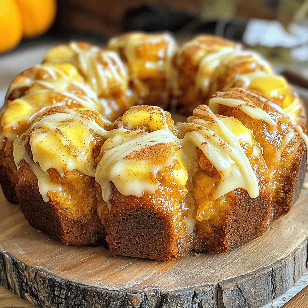 - 2 cans (16 oz each) refrigerated biscuit dough - 1 cup pumpkin puree - 1/2 cup granulated sugar - 1/2 cup brown sugar The main ingredients create the base of the monkey bread. The refrigerated biscuit dough gives the bread its fluffy texture. Pumpkin puree adds moisture and a rich flavor. The sugars sweeten the dish and help create a caramelized crust. - 1/4 cup chopped pecans or walnuts - 1/4 cup powdered sugar (for icing) You can add chopped nuts for crunch and flavor. These nuts enhance the bread's texture. The powdered sugar is for icing, which adds a sweet finish. - 2 teaspoons pumpkin pie spice - 1/2 cup unsalted butter Pumpkin pie spice brings warmth and depth to the dish. It contains cinnamon, nutmeg, and ginger. Unsalted butter adds richness and helps the sugars melt, creating a glaze. Using these ingredients together makes this pumpkin spice monkey bread a cozy fall treat. Each component plays a key role in flavor and texture, making it irresistible. First, you need to preheat your oven to 350°F (175°C). This temperature helps the monkey bread bake evenly. Next, grab your bundt pan or tube pan and grease it well. Use non-stick spray to make sure the bread comes out easily. In a medium bowl, combine 1 cup of pumpkin puree, 1/2 cup of granulated sugar, and 2 teaspoons of pumpkin pie spice. Stir until the mixture is smooth and well mixed. This coating gives the bread its rich pumpkin flavor. Open the cans of refrigerated biscuit dough. Cut each biscuit into quarters. This makes it easier to coat them. Take the quartered biscuits and add them to the pumpkin mixture. Toss them gently until every piece is well coated. Now, layer the coated biscuit pieces in the greased bundt pan. If you like, sprinkle in chopped pecans or walnuts between the layers for extra crunch. In a separate bowl, whisk together 1/2 cup of melted butter and 1/2 cup of brown sugar. Pour this mixture over the layered dough. Bake the monkey bread for 30-35 minutes. Check for doneness by inserting a toothpick into the center. It should come out clean. Once baked, let it cool for about 10 minutes before flipping it onto a plate. Enjoy your warm, gooey pumpkin spice monkey bread! To get that perfect consistency in your pumpkin spice monkey bread, focus on your mixing. When you coat the biscuit pieces in the pumpkin mixture, toss them gently. This helps ensure each piece gets an even coating. You want every bite to burst with flavor! If you find your mixture too thick, add a tiny bit of milk to loosen it up. Adjusting the baking time is crucial too. Every oven is different. So, check your bread a few minutes early. A toothpick should come out clean when it’s done. If you see wet batter, give it a few more minutes. For a stunning presentation, serve your monkey bread warm. Drizzle the icing over the top right before serving. Add a sprinkle of pumpkin pie spice for that extra touch. This makes your dish look and taste amazing! Pair this treat with a cup of hot apple cider or a spiced latte. The warm flavors complement each other perfectly. You could also serve it with whipped cream for a fun twist. Avoid overbaking your monkey bread. This can make it dry. Keep an eye on it during the last few minutes of baking. Underbaking is also a problem. If the inside is gooey, it’s not ready yet. To keep your bread moist, cover it loosely with foil after baking. This traps steam and prevents dryness. You can also add a little extra butter on top before serving. This adds flavor and keeps it soft. {{image_2}} You can change the flavor of your pumpkin spice monkey bread with some fun add-ins. Here are some ideas: - Different nut options: Use chopped pecans, walnuts, or even hazelnuts. Each nut gives a different crunch and taste. - Alternative spices: Try adding cinnamon or nutmeg. These spices can add warmth and depth to your dish. If you have dietary needs, you can still enjoy this treat. Here are some easy swaps: - Gluten-free biscuit options: Use gluten-free biscuit dough. Many brands offer great choices that work well. - Reducing sugar content: Cut back on granulated sugar. You can use a sugar substitute or reduce the amount by half for a lighter option. Making your monkey bread look great is easy. Here are some fun ideas: - Creative icing techniques: Instead of drizzling icing, use a piping bag to create fun designs. Swirls or zigzags can add flair. - Fun serving styles: Serve pieces in cupcake liners or on a wooden board. This makes it easy for guests to grab a piece. You can also add a sprinkle of extra pumpkin pie spice on top for a pop of color. Store your pumpkin spice monkey bread in an airtight container. It can stay at room temperature for up to two days. If you want to keep it longer, pop it in the fridge. It will last up to a week there. The taste stays fresh, but it may become a bit dry. To reheat, I recommend using the oven. Preheat it to 350°F (175°C). Place your monkey bread on a baking sheet. Cover it with foil to keep moisture in. Heat for about 10-15 minutes. You can also use the microwave, but it may dry out. Heat in short bursts of 15 seconds. Check often to avoid overcooking. You can freeze monkey bread before or after baking. If freezing before baking, prepare it fully, then wrap it tightly in plastic wrap. Place it in a freezer bag. It will keep for up to three months. When ready to bake, thaw it overnight in the fridge, then bake as usual. If already baked, let it cool completely before wrapping. Freeze it in the same way. To reheat, follow the steps above. You can tell it’s done by looking for a golden brown top. The edges should be firm, and the bread should rise well. To be sure, use a toothpick. Insert it into the center; if it comes out clean, your monkey bread is ready. Yes, you can prepare the dough and pumpkin mixture a day early. Just keep them in the fridge. When you’re ready, layer them in the pan and bake. This saves time on busy days. If you don’t have pumpkin puree, use sweet potato puree. It gives a similar taste and texture. You could also try using applesauce for a different flavor. This blog post covered how to make delicious pumpkin spice monkey bread. We discussed key ingredients like biscuit dough and pumpkin puree, as well as optional nuts and spices. I provided step-by-step instructions for baking and tips to avoid common mistakes. In summary, making this treat involves simple techniques and ingredients. You can adjust the recipe to fit your tastes and dietary needs. Enjoy this cozy dessert, perfect for sharing or savoring alone!