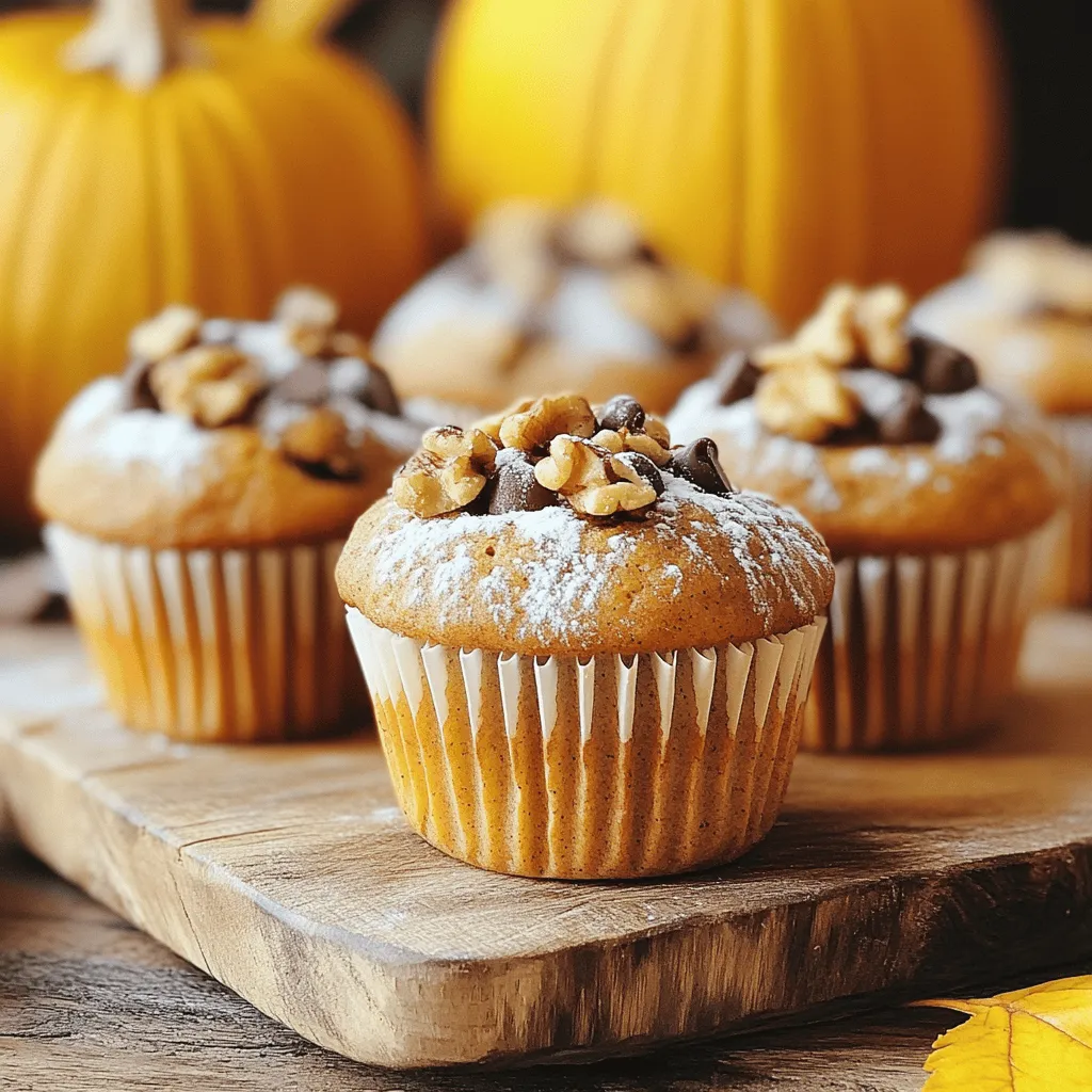 To make pumpkin cinnamon muffins, you will need the following ingredients: - 1 cup pumpkin puree - 1/2 cup granulated sugar - 1/2 cup brown sugar, packed - 1/3 cup vegetable oil - 2 large eggs - 1 teaspoon vanilla extract - 2 cups all-purpose flour - 1 teaspoon baking soda - 1/2 teaspoon baking powder - 1 teaspoon ground cinnamon - 1/2 teaspoon ground nutmeg - 1/4 teaspoon ground ginger - 1/4 teaspoon salt - 1/2 cup chopped walnuts or pecans (optional) - 1/2 cup chocolate chips (optional) For common allergens, you can make some substitutions. Use gluten-free flour instead of all-purpose flour for a gluten-free option. Replace eggs with flax eggs for a vegan choice. If you have nut allergies, skip the nuts altogether. Adding extra flavors can make your muffins even better. Here are some fun options: - Chopped nuts: Walnuts or pecans add a great crunch. - Chocolate chips: For a sweet surprise, toss in some chocolate chips. These add-ins can change the texture and taste of your muffins. Try them to find your favorite mix! 1. Preheat your oven. Set it to 350°F (175°C). This step warms the oven for baking. 2. Prepare the muffin tin. Line it with paper liners or grease it with cooking spray. This keeps muffins from sticking. 3. Mix the wet ingredients. In a large bowl, combine: - 1 cup pumpkin puree - 1/2 cup granulated sugar - 1/2 cup brown sugar - 1/3 cup vegetable oil - 2 large eggs - 1 teaspoon vanilla extract Whisk them together until smooth and creamy. 4. Whisk the dry ingredients. In another bowl, mix together: - 2 cups all-purpose flour - 1 teaspoon baking soda - 1/2 teaspoon baking powder - 1 teaspoon ground cinnamon - 1/2 teaspoon ground nutmeg - 1/4 teaspoon ground ginger - 1/4 teaspoon salt This step blends the flavors and helps muffins rise. 5. Fold in any add-ins. If you like, add: - 1/2 cup chopped walnuts or pecans - 1/2 cup chocolate chips Gently mix these into the batter. This adds texture and flavor. 6. Properly fill the muffin cups. Divide the batter evenly, filling each cup about two-thirds full. This allows space for muffins to rise. 7. Bake and check for doneness. Place the muffin tin in the oven. Bake for 18-20 minutes. Use a toothpick to test doneness. Insert it into the center of a muffin. If it comes out clean, they are done! Let the muffins cool slightly before moving them to a wire rack. Enjoy the warm, fragrant smell as they cool! To make your muffins fluffy, avoid overmixing the batter. When you mix, only stir until the dry ingredients blend with the wet. A few lumps are okay. Overmixing makes the muffins tough. For even baking, fill each muffin cup about two-thirds full. This way, they rise nicely without spilling over. You should also bake them in the center of the oven. This spot offers the best heat and airflow. For presentation, arrange your muffins on a bright platter. A dusting of powdered sugar adds a nice touch. You can also top them with cream cheese frosting for a sweeter bite. Pair your muffins with warm drinks. A cup of coffee or chai tea complements the flavors well. If you prefer something cold, a glass of milk works great too. {{image_2}} You can make your pumpkin cinnamon muffins more exciting. Try adding spices like cloves or allspice. These spices enhance the warm flavors in the muffins. Just add half a teaspoon of either spice to your dry ingredients. You can also switch up the sweeteners. Instead of granulated sugar, use maple syrup. It adds a rich, caramel-like taste. Use about three-quarters of a cup of maple syrup in place of the sugars. Remember to reduce the oil slightly to keep the right batter texture. If you need gluten-free muffins, swap all-purpose flour for a gluten-free blend. Many brands work well in baking. Use a one-to-one ratio for the best results. For vegan muffins, replace the eggs with flax eggs. To make a flax egg, mix one tablespoon of flaxseed meal with two and a half tablespoons of water. Let it sit for about five minutes. You can also use applesauce instead of eggs, using a quarter cup for each egg. These adjustments make the muffins friendly for various diets while keeping them delicious. To keep your pumpkin cinnamon muffins fresh, store them in an airtight container. This helps keep moisture in and prevents them from getting stale. You can also wrap them in plastic wrap for extra protection. - Room temperature: Your muffins will last for about 2 to 3 days. - Refrigerator: If you want them to last longer, store them in the fridge. They can stay fresh for about a week. - Avoid sunlight: Keep them away from direct sunlight, as it can dry them out. Freezing muffins is a great way to save them for later. To freeze your pumpkin cinnamon muffins, let them cool completely first. Then, wrap each muffin tightly in plastic wrap. You can also place them in a freezer bag for added protection. - Freezer time: Your muffins can last up to 3 months in the freezer. - Reheating: To enjoy them again, take a muffin out and let it thaw at room temperature. You can also warm it in the microwave for about 15 to 20 seconds or in the oven at 350°F (175°C) for about 5 to 10 minutes. This will bring back their fresh-baked taste! How long do pumpkin cinnamon muffins last? Pumpkin cinnamon muffins stay fresh for about 3 to 5 days. Store them in an airtight container at room temperature. If you want to keep them longer, you can freeze them. They will last for about 2 to 3 months in the freezer. Just remember to wrap them well in plastic wrap or foil before freezing. Can I use fresh pumpkin instead of puree? Yes, you can use fresh pumpkin instead of puree. To do this, cook the pumpkin until soft. Then, mash it well until smooth. Make sure to drain any extra water. This will help keep the muffins from getting too wet. What to do if muffins are too dense? If your muffins turn out dense, it may be due to overmixing. When you mix the batter, do it gently. Stop as soon as you see no dry flour. You can also check if your baking soda is fresh. Old baking soda may not rise well. How to prevent muffins from sticking to the pan? To keep muffins from sticking, use paper liners or grease the muffin tin well. You can use cooking spray or butter to coat the cups. If you still have trouble, allow the muffins to cool for a few minutes before removing them from the pan. This can help them release easier. In this guide, I covered everything you need for perfect muffins. From essential ingredients to optional add-ins, every detail enhances your baking. I shared vital steps like mixing and baking, plus crucial tips to avoid mistakes and ensure success. Don't forget the storage tips for keeping your muffins fresh. Enjoy experimenting with flavors and making muffins your own. Baking should be fun and simple, and with these tips, you can create delightful treats every time. Happy baking!