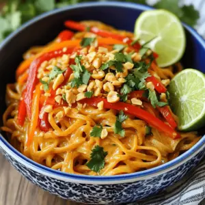 - 8 oz rice noodles - 1/2 cup creamy peanut butter - 3 tablespoons soy sauce - 2 tablespoons honey or maple syrup - 1 tablespoon lime juice - 1 tablespoon sesame oil - 1 clove garlic, minced - 1 teaspoon grated ginger - 1 red bell pepper, thinly sliced - 1 carrot, julienned - 2 green onions, chopped - 1/4 cup chopped cilantro - Crushed peanuts for garnish - Lime wedges for garnish These ingredients create a rich and flavorful dish. You can use honey or maple syrup based on your taste. The rice noodles serve as a great base for the peanut sauce. The fresh veggies add crunch and color. You can also add more toppings like sesame seeds or extra herbs. The crushed peanuts give a nice crunch. Lime wedges add a fresh citrus twist. Enjoy customizing your bowl! Start by boiling a large pot of water. Add 8 ounces of rice noodles. Cook them according to the package directions, usually around 4 to 6 minutes. You want them al dente, so they stay firm. Once done, drain the noodles and rinse them with cold water. This stops the cooking process and keeps them from sticking together. For the peanut sauce, grab a bowl. Combine 1/2 cup of creamy peanut butter, 3 tablespoons of soy sauce, 2 tablespoons of honey or maple syrup, and 1 tablespoon of lime juice. Add 1 tablespoon of sesame oil, 1 minced garlic clove, and 1 teaspoon of grated ginger. Whisk all the ingredients together until smooth. If your sauce feels too thick, add a tablespoon of water. Keep adding until you reach your desired thickness. In a large skillet, heat a little sesame oil over medium-high heat. When hot, add the sliced red bell pepper and julienned carrot. Stir-fry these veggies for about 3 to 4 minutes. You want them tender but still crisp. This gives your dish a nice texture. Now it’s time to combine everything. Add the cooked rice noodles to the skillet with your sautéed vegetables. Pour the peanut sauce over the top. Gently toss everything together. Make sure the noodles and veggies are well-coated in that tasty sauce. For a beautiful presentation, serve your noodles in large bowls or on individual plates. Top each serving with crushed peanuts, fresh cilantro, and a lime wedge. This not only looks great but adds flavor too. You can pair these noodles with a simple salad or some crunchy spring rolls for a complete meal. How to avoid overcooking noodles To keep your noodles just right, watch the time closely. Boil the rice noodles for only the time stated on the package. If you cook them too long, they will become mushy. Remember, they will continue to cook a little after you drain them. Tips for rinsing noodles properly After you drain the noodles, rinse them with cold water right away. This stops them from cooking further. It also helps to wash off any extra starch. Rinsing keeps the noodles from sticking together. Suggestions for storing peanut sauce You can make the peanut sauce ahead of time. Store it in an airtight container in the fridge. It will stay fresh for about a week. When you’re ready, just stir it well before using. Substitute options for sauce ingredients If you don’t have an ingredient, you can swap it. Use almond butter instead of peanut butter for a nut-free option. Maple syrup can replace honey if you want a vegan sauce. Adding spice for extra heat If you like it spicy, add some red pepper flakes or sriracha to the sauce. Start with a small amount and taste as you go. You can always add more if you want it hotter. Optional ingredients for more depth For added flavor, toss in some chopped peanuts or sesame seeds. A sprinkle of fresh lime juice can brighten the dish. You can also add fresh herbs like basil or mint for a twist. {{image_2}} You can make this dish gluten-free! Use rice noodles, which are naturally gluten-free. Swap soy sauce for tamari, a gluten-free alternative. This keeps the flavor strong without any gluten. Want to add protein? You can mix in chicken, shrimp, or tofu. For chicken, cook bite-sized pieces for about 6-8 minutes until they’re golden. Shrimp cooks quickly, just 3-4 minutes until pink. If you prefer tofu, use firm tofu, cut it into cubes, and sauté for 5-7 minutes until golden. To make this dish fully plant-based, skip the honey. Use maple syrup or agave nectar instead. These sweeteners keep the sauce rich and tasty. Enjoy this dish without any animal products! To store leftovers, place the noodles in an airtight container. Make sure to cover the dish well. This keeps the noodles fresh and prevents them from drying out. You can also store the peanut sauce separately. The shelf life in the fridge is about three to four days. After that, the flavors may fade. When ready to eat, just reheat the noodles in a pan or microwave for a quick meal. For freezing, let the noodles cool completely. Place them in a freezer-safe container. Avoid packing them too tightly, as this can affect texture. You can freeze the peanut sauce too, but store it in a different container. Best practices for freezing the dish include labeling the container with the date. This helps you keep track of how long it's been in the freezer. For thawing, move the container from the freezer to the fridge. Let it sit overnight to defrost. When ready to eat, reheat the noodles in a pan over low heat. Add a splash of water to help them loosen up. You can also microwave them for a quick option. You can serve Spicy Thai Peanut Noodles with a fresh salad. A simple cucumber salad adds crunch. You can also try spring rolls for a light option. For a heartier meal, serve with grilled chicken or shrimp. Pair these noodles with iced tea or a light beer. A refreshing coconut drink also works well. If you prefer non-alcoholic options, fresh lemonade is a great choice. Yes, you can make this dish ahead of time. Cook the noodles and store them in the fridge. Make the peanut sauce and keep it separate. This keeps everything fresh and tasty. For best results, assemble the dish no more than one day ahead. This way, the noodles stay firm and the veggies remain crisp. To make your peanut sauce spicier, add chili flakes or sriracha. You can also try fresh sliced jalapeños for a kick. If you like a smoky flavor, use chipotle powder. For a different taste, consider adding Thai bird's eye chilies. These small peppers pack a lot of heat. Adjust the amount based on your spice level preference. Yes, this dish is great for meal prep. Portion the noodles and sauce in separate containers. This keeps them fresh and prevents sogginess. When you reheat, use a microwave or a skillet. Add a splash of water to the noodles while reheating. This helps them regain their texture. Enjoy your meal prep with the same great flavors! You now have a complete guide to making Spicy Thai Peanut Noodles. We've covered ingredients, cooking methods, and tips to boost flavor. With options for gluten-free and vegan diets, there's something for everyone. Remember to store leftovers properly for maximum freshness. Enjoy this simple yet tasty dish, whether you're cooking for one or a crowd. I hope you feel ready to create a delicious meal that will impress your family and friends. Cooking can be fun and rewarding. Dive in and savor every bite!