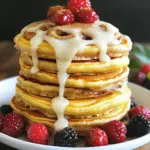 - 1 cup all-purpose flour - 1 tablespoon sugar - 1 tablespoon baking powder - 1/2 teaspoon salt - 1 cup milk - 1 large egg - 2 tablespoons melted butter - 1 teaspoon vanilla extract - 2 tablespoons brown sugar - 1 tablespoon ground cinnamon - 2 tablespoons melted butter - 2 ounces cream cheese, softened - 1/2 cup powdered sugar - 2 tablespoons milk - 1/2 teaspoon vanilla extract When I make these pancakes, I love how simple the ingredients are. You only need a few basic items to create a sweet treat. The main ingredients form a soft and fluffy base. The cinnamon swirl adds a sweet surprise. The cream cheese glaze takes it to a whole new level. Start with all-purpose flour; it gives the best texture. Sugar adds sweetness, while baking powder makes them rise. A little salt balances the flavors. Milk makes the batter smooth, and the egg binds it all together. Melted butter adds richness, and vanilla brings a warm aroma. For the swirl, mix brown sugar with ground cinnamon and melted butter. This creates a sweet paste to swirl into the pancakes. The cream cheese glaze is easy, too. Just mix softened cream cheese, powdered sugar, milk, and vanilla. This glaze is creamy and sweet, perfect for drizzling over warm pancakes. Gather these ingredients, and you’ll be ready to make a delicious breakfast. Enjoy the process, and get ready for a treat that everyone will love! To start, grab a medium bowl. Add 1 cup of all-purpose flour, 1 tablespoon of sugar, 1 tablespoon of baking powder, and 1/2 teaspoon of salt. Now, whisk them together. Make sure everything is mixed well. This step is key for fluffy pancakes. In another bowl, mix 1 cup of milk, 1 large egg, 2 tablespoons of melted butter, and 1 teaspoon of vanilla extract. Stir until it is smooth. This mix brings moisture to your batter. Gently pour the wet mix into the dry mix. Stir slowly until combined. Don’t worry about lumps; they are okay. Over-mixing can make the pancakes tough. For the cinnamon swirl, take a small bowl. Combine 2 tablespoons of brown sugar, 1 tablespoon of ground cinnamon, and 2 tablespoons of melted butter. Mix until you have a paste. This swirl will add flavor and sweetness. Preheat a non-stick skillet over medium heat. Lightly grease it with cooking spray or butter. Pour 1/4 cup of pancake batter on the skillet. Before flipping, add 1 teaspoon of the cinnamon swirl in the center. Cook until bubbles form, about 2-3 minutes. Flip and cook for 1-2 minutes more until golden brown. In a bowl, whisk together 2 ounces of softened cream cheese, 1/2 cup of powdered sugar, 2 tablespoons of milk, and 1/2 teaspoon of vanilla extract. Make sure it is smooth and creamy. This glaze is the perfect topping for your pancakes. To make perfect pancakes, avoid over-mixing the batter. When you combine the wet and dry ingredients, stir gently. A few lumps are okay; they help keep the pancakes fluffy. Control the heat while cooking. Start with medium heat. If your pancakes brown too fast, lower the heat. Cook until bubbles form on top, then flip. This method ensures even cooking and a golden color. For the cream cheese glaze, adjust the thickness as needed. If the glaze is too thick, add a little more milk. If it’s too thin, add more powdered sugar. You want a smooth, drizzle-able consistency that complements the pancakes. Serve the pancakes stacked high on a plate. Top them with a sprinkle of cinnamon for extra flavor. Fresh berries or chopped nuts add color and texture. These toppings make your pancakes not only tasty but also visually appealing. {{image_2}} You can easily add nuts to your pancakes. Chopped walnuts or pecans work great. Simply mix about 1/4 cup of nuts into the batter. This adds a nice crunch and a nutty flavor. Nuts pair well with cinnamon and sweetness. Enjoy the added texture in each bite. Want to make it extra special? Add chocolate chips! Stir in 1/2 cup of chocolate chips to the pancake batter. The chocolate melts while cooking, creating gooey pockets of joy. This variation makes the pancakes even more indulgent. Perfect for chocolate lovers! You can make a vegan version of these pancakes. Use plant-based milk instead of regular milk. Replace the egg with a mashed banana or a flax egg. For the butter, opt for coconut oil or a vegan margarine. These swaps keep the pancakes delicious and fluffy. Enjoy your vegan treat without missing out on flavor! To keep your fluffy cinnamon roll pancakes fresh, store them properly. Place them in an airtight container. You can also use plastic wrap. If you want to freeze them, layer them with parchment paper. This will prevent sticking. Make sure the pancakes cool completely first. Store them in the fridge for up to three days. In the freezer, they can last for up to two months. Reheating pancakes can be tricky, but I have some great tips. Use a microwave for quick reheating. Place the pancake on a microwave-safe plate. Put a damp paper towel over it. Heat for about 20-30 seconds. For a crispier edge, try using a skillet. Heat it on medium-low. Add a bit of butter in the pan. Cook each side for about one minute. This keeps the pancakes fluffy and warm. Pancakes can last a while if stored right. In the fridge, they stay good for about three days. If you freeze them, they can last up to two months. Always check for any signs of spoilage. If they smell off or look strange, throw them away. Staying safe is key! Yes, you can use whole wheat flour. It adds a nutty taste. The texture will be denser. Your pancakes may not be as fluffy. You might need more milk to reach the right batter consistency. Start with a little extra milk and mix until smooth. You have options for egg substitutes. You can use 1/4 cup applesauce instead of one egg. Mashed bananas also work well. Use 1 tablespoon ground flaxseed mixed with 3 tablespoons water. Let it sit for five minutes to thicken. These substitutes keep your pancakes moist. If you lack cream cheese, try Greek yogurt. Mix it with powdered sugar and milk for a similar taste. You can also use sour cream for a tangy flavor. Another option is to make a simple glaze with powdered sugar and milk. Adjust the milk for your desired thickness. This blog post covered the key ingredients and steps to make delicious cinnamon roll pancakes with a cream cheese glaze. You learned how to prepare dry and wet ingredients, create a tasty cinnamon swirl, and serve these pancakes in fun ways. Remember, simple tweaks can turn this recipe into nutty or vegan versions. Enjoy storing and reheating leftovers for breakfast or snacks. With these tips, you can master the art of fluffy pancakes that please any palate.