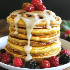 - 1 cup all-purpose flour - 1 tablespoon sugar - 1 tablespoon baking powder - 1/2 teaspoon salt - 1 cup milk - 1 large egg - 2 tablespoons melted butter - 1 teaspoon vanilla extract - 2 tablespoons brown sugar - 1 tablespoon ground cinnamon - 2 tablespoons melted butter - 2 ounces cream cheese, softened - 1/2 cup powdered sugar - 2 tablespoons milk - 1/2 teaspoon vanilla extract When I make these pancakes, I love how simple the ingredients are. You only need a few basic items to create a sweet treat. The main ingredients form a soft and fluffy base. The cinnamon swirl adds a sweet surprise. The cream cheese glaze takes it to a whole new level. Start with all-purpose flour; it gives the best texture. Sugar adds sweetness, while baking powder makes them rise. A little salt balances the flavors. Milk makes the batter smooth, and the egg binds it all together. Melted butter adds richness, and vanilla brings a warm aroma. For the swirl, mix brown sugar with ground cinnamon and melted butter. This creates a sweet paste to swirl into the pancakes. The cream cheese glaze is easy, too. Just mix softened cream cheese, powdered sugar, milk, and vanilla. This glaze is creamy and sweet, perfect for drizzling over warm pancakes. Gather these ingredients, and you’ll be ready to make a delicious breakfast. Enjoy the process, and get ready for a treat that everyone will love! To start, grab a medium bowl. Add 1 cup of all-purpose flour, 1 tablespoon of sugar, 1 tablespoon of baking powder, and 1/2 teaspoon of salt. Now, whisk them together. Make sure everything is mixed well. This step is key for fluffy pancakes. In another bowl, mix 1 cup of milk, 1 large egg, 2 tablespoons of melted butter, and 1 teaspoon of vanilla extract. Stir until it is smooth. This mix brings moisture to your batter. Gently pour the wet mix into the dry mix. Stir slowly until combined. Don’t worry about lumps; they are okay. Over-mixing can make the pancakes tough. For the cinnamon swirl, take a small bowl. Combine 2 tablespoons of brown sugar, 1 tablespoon of ground cinnamon, and 2 tablespoons of melted butter. Mix until you have a paste. This swirl will add flavor and sweetness. Preheat a non-stick skillet over medium heat. Lightly grease it with cooking spray or butter. Pour 1/4 cup of pancake batter on the skillet. Before flipping, add 1 teaspoon of the cinnamon swirl in the center. Cook until bubbles form, about 2-3 minutes. Flip and cook for 1-2 minutes more until golden brown. In a bowl, whisk together 2 ounces of softened cream cheese, 1/2 cup of powdered sugar, 2 tablespoons of milk, and 1/2 teaspoon of vanilla extract. Make sure it is smooth and creamy. This glaze is the perfect topping for your pancakes. To make perfect pancakes, avoid over-mixing the batter. When you combine the wet and dry ingredients, stir gently. A few lumps are okay; they help keep the pancakes fluffy. Control the heat while cooking. Start with medium heat. If your pancakes brown too fast, lower the heat. Cook until bubbles form on top, then flip. This method ensures even cooking and a golden color. For the cream cheese glaze, adjust the thickness as needed. If the glaze is too thick, add a little more milk. If it’s too thin, add more powdered sugar. You want a smooth, drizzle-able consistency that complements the pancakes. Serve the pancakes stacked high on a plate. Top them with a sprinkle of cinnamon for extra flavor. Fresh berries or chopped nuts add color and texture. These toppings make your pancakes not only tasty but also visually appealing. {{image_2}} You can easily add nuts to your pancakes. Chopped walnuts or pecans work great. Simply mix about 1/4 cup of nuts into the batter. This adds a nice crunch and a nutty flavor. Nuts pair well with cinnamon and sweetness. Enjoy the added texture in each bite. Want to make it extra special? Add chocolate chips! Stir in 1/2 cup of chocolate chips to the pancake batter. The chocolate melts while cooking, creating gooey pockets of joy. This variation makes the pancakes even more indulgent. Perfect for chocolate lovers! You can make a vegan version of these pancakes. Use plant-based milk instead of regular milk. Replace the egg with a mashed banana or a flax egg. For the butter, opt for coconut oil or a vegan margarine. These swaps keep the pancakes delicious and fluffy. Enjoy your vegan treat without missing out on flavor! To keep your fluffy cinnamon roll pancakes fresh, store them properly. Place them in an airtight container. You can also use plastic wrap. If you want to freeze them, layer them with parchment paper. This will prevent sticking. Make sure the pancakes cool completely first. Store them in the fridge for up to three days. In the freezer, they can last for up to two months. Reheating pancakes can be tricky, but I have some great tips. Use a microwave for quick reheating. Place the pancake on a microwave-safe plate. Put a damp paper towel over it. Heat for about 20-30 seconds. For a crispier edge, try using a skillet. Heat it on medium-low. Add a bit of butter in the pan. Cook each side for about one minute. This keeps the pancakes fluffy and warm. Pancakes can last a while if stored right. In the fridge, they stay good for about three days. If you freeze them, they can last up to two months. Always check for any signs of spoilage. If they smell off or look strange, throw them away. Staying safe is key! Yes, you can use whole wheat flour. It adds a nutty taste. The texture will be denser. Your pancakes may not be as fluffy. You might need more milk to reach the right batter consistency. Start with a little extra milk and mix until smooth. You have options for egg substitutes. You can use 1/4 cup applesauce instead of one egg. Mashed bananas also work well. Use 1 tablespoon ground flaxseed mixed with 3 tablespoons water. Let it sit for five minutes to thicken. These substitutes keep your pancakes moist. If you lack cream cheese, try Greek yogurt. Mix it with powdered sugar and milk for a similar taste. You can also use sour cream for a tangy flavor. Another option is to make a simple glaze with powdered sugar and milk. Adjust the milk for your desired thickness. This blog post covered the key ingredients and steps to make delicious cinnamon roll pancakes with a cream cheese glaze. You learned how to prepare dry and wet ingredients, create a tasty cinnamon swirl, and serve these pancakes in fun ways. Remember, simple tweaks can turn this recipe into nutty or vegan versions. Enjoy storing and reheating leftovers for breakfast or snacks. With these tips, you can master the art of fluffy pancakes that please any palate.