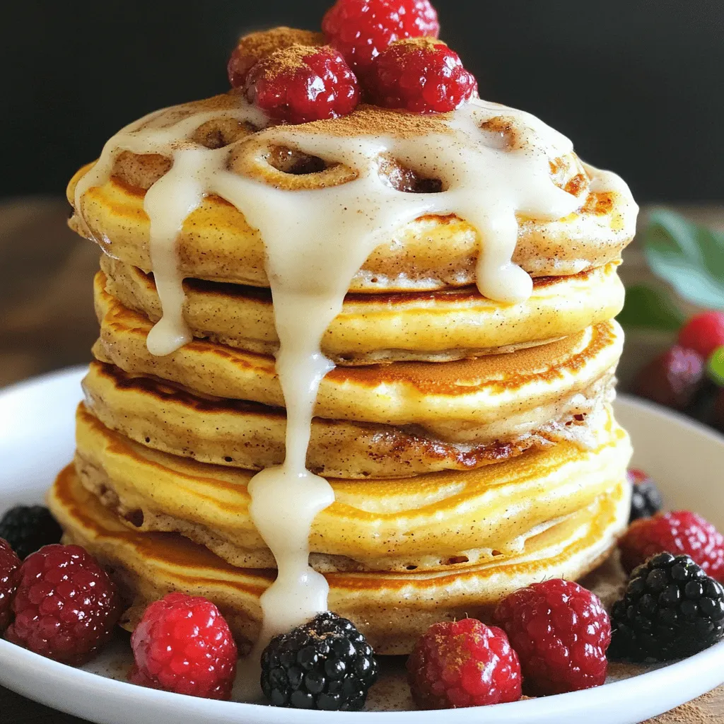 - 1 cup all-purpose flour - 1 tablespoon sugar - 1 tablespoon baking powder - 1/2 teaspoon salt - 1 cup milk - 1 large egg - 2 tablespoons melted butter - 1 teaspoon vanilla extract - 2 tablespoons brown sugar - 1 tablespoon ground cinnamon - 2 tablespoons melted butter - 2 ounces cream cheese, softened - 1/2 cup powdered sugar - 2 tablespoons milk - 1/2 teaspoon vanilla extract When I make these pancakes, I love how simple the ingredients are. You only need a few basic items to create a sweet treat. The main ingredients form a soft and fluffy base. The cinnamon swirl adds a sweet surprise. The cream cheese glaze takes it to a whole new level. Start with all-purpose flour; it gives the best texture. Sugar adds sweetness, while baking powder makes them rise. A little salt balances the flavors. Milk makes the batter smooth, and the egg binds it all together. Melted butter adds richness, and vanilla brings a warm aroma. For the swirl, mix brown sugar with ground cinnamon and melted butter. This creates a sweet paste to swirl into the pancakes. The cream cheese glaze is easy, too. Just mix softened cream cheese, powdered sugar, milk, and vanilla. This glaze is creamy and sweet, perfect for drizzling over warm pancakes. Gather these ingredients, and you’ll be ready to make a delicious breakfast. Enjoy the process, and get ready for a treat that everyone will love! To start, grab a medium bowl. Add 1 cup of all-purpose flour, 1 tablespoon of sugar, 1 tablespoon of baking powder, and 1/2 teaspoon of salt. Now, whisk them together. Make sure everything is mixed well. This step is key for fluffy pancakes. In another bowl, mix 1 cup of milk, 1 large egg, 2 tablespoons of melted butter, and 1 teaspoon of vanilla extract. Stir until it is smooth. This mix brings moisture to your batter. Gently pour the wet mix into the dry mix. Stir slowly until combined. Don’t worry about lumps; they are okay. Over-mixing can make the pancakes tough. For the cinnamon swirl, take a small bowl. Combine 2 tablespoons of brown sugar, 1 tablespoon of ground cinnamon, and 2 tablespoons of melted butter. Mix until you have a paste. This swirl will add flavor and sweetness. Preheat a non-stick skillet over medium heat. Lightly grease it with cooking spray or butter. Pour 1/4 cup of pancake batter on the skillet. Before flipping, add 1 teaspoon of the cinnamon swirl in the center. Cook until bubbles form, about 2-3 minutes. Flip and cook for 1-2 minutes more until golden brown. In a bowl, whisk together 2 ounces of softened cream cheese, 1/2 cup of powdered sugar, 2 tablespoons of milk, and 1/2 teaspoon of vanilla extract. Make sure it is smooth and creamy. This glaze is the perfect topping for your pancakes. To make perfect pancakes, avoid over-mixing the batter. When you combine the wet and dry ingredients, stir gently. A few lumps are okay; they help keep the pancakes fluffy. Control the heat while cooking. Start with medium heat. If your pancakes brown too fast, lower the heat. Cook until bubbles form on top, then flip. This method ensures even cooking and a golden color. For the cream cheese glaze, adjust the thickness as needed. If the glaze is too thick, add a little more milk. If it’s too thin, add more powdered sugar. You want a smooth, drizzle-able consistency that complements the pancakes. Serve the pancakes stacked high on a plate. Top them with a sprinkle of cinnamon for extra flavor. Fresh berries or chopped nuts add color and texture. These toppings make your pancakes not only tasty but also visually appealing. {{image_2}} You can easily add nuts to your pancakes. Chopped walnuts or pecans work great. Simply mix about 1/4 cup of nuts into the batter. This adds a nice crunch and a nutty flavor. Nuts pair well with cinnamon and sweetness. Enjoy the added texture in each bite. Want to make it extra special? Add chocolate chips! Stir in 1/2 cup of chocolate chips to the pancake batter. The chocolate melts while cooking, creating gooey pockets of joy. This variation makes the pancakes even more indulgent. Perfect for chocolate lovers! You can make a vegan version of these pancakes. Use plant-based milk instead of regular milk. Replace the egg with a mashed banana or a flax egg. For the butter, opt for coconut oil or a vegan margarine. These swaps keep the pancakes delicious and fluffy. Enjoy your vegan treat without missing out on flavor! To keep your fluffy cinnamon roll pancakes fresh, store them properly. Place them in an airtight container. You can also use plastic wrap. If you want to freeze them, layer them with parchment paper. This will prevent sticking. Make sure the pancakes cool completely first. Store them in the fridge for up to three days. In the freezer, they can last for up to two months. Reheating pancakes can be tricky, but I have some great tips. Use a microwave for quick reheating. Place the pancake on a microwave-safe plate. Put a damp paper towel over it. Heat for about 20-30 seconds. For a crispier edge, try using a skillet. Heat it on medium-low. Add a bit of butter in the pan. Cook each side for about one minute. This keeps the pancakes fluffy and warm. Pancakes can last a while if stored right. In the fridge, they stay good for about three days. If you freeze them, they can last up to two months. Always check for any signs of spoilage. If they smell off or look strange, throw them away. Staying safe is key! Yes, you can use whole wheat flour. It adds a nutty taste. The texture will be denser. Your pancakes may not be as fluffy. You might need more milk to reach the right batter consistency. Start with a little extra milk and mix until smooth. You have options for egg substitutes. You can use 1/4 cup applesauce instead of one egg. Mashed bananas also work well. Use 1 tablespoon ground flaxseed mixed with 3 tablespoons water. Let it sit for five minutes to thicken. These substitutes keep your pancakes moist. If you lack cream cheese, try Greek yogurt. Mix it with powdered sugar and milk for a similar taste. You can also use sour cream for a tangy flavor. Another option is to make a simple glaze with powdered sugar and milk. Adjust the milk for your desired thickness. This blog post covered the key ingredients and steps to make delicious cinnamon roll pancakes with a cream cheese glaze. You learned how to prepare dry and wet ingredients, create a tasty cinnamon swirl, and serve these pancakes in fun ways. Remember, simple tweaks can turn this recipe into nutty or vegan versions. Enjoy storing and reheating leftovers for breakfast or snacks. With these tips, you can master the art of fluffy pancakes that please any palate.