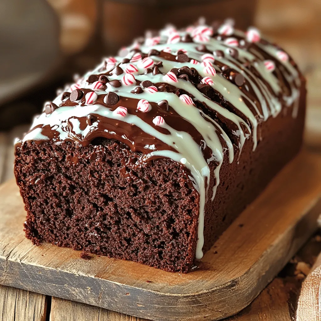 - 1 ¾ cups all-purpose flour - ½ cup unsweetened cocoa powder - 1 teaspoon baking soda - ½ teaspoon salt - 1 cup granulated sugar - ½ cup brown sugar, packed - ¾ cup unsalted butter, softened - 3 large eggs - 1 teaspoon vanilla extract - ½ teaspoon peppermint extract - 1 cup buttermilk (or milk with a splash of vinegar) - ½ cup mini chocolate chips - ½ cup crushed peppermint candies for topping When I create my Bakery-Style Chocolate Peppermint Loaf, I love to start with the right ingredients. First, I gather the dry ingredients. All-purpose flour gives the loaf structure, while unsweetened cocoa powder adds rich chocolate flavor. Baking soda helps it rise, and salt brings out all the flavors. Next, I move to the wet ingredients. I mix granulated sugar and brown sugar for sweetness and moisture. The butter must be softened to blend smoothly. Eggs add richness, while vanilla and peppermint extracts bring wonderful aromas. Finally, buttermilk keeps the loaf moist and tender. For fun, I often include mini chocolate chips. They melt into the batter and add extra chocolatey goodness. Crushed peppermint candies on top make the loaf look festive and add a delightful crunch. Each ingredient plays a key role in creating a delicious loaf. Enjoy the process of gathering them all! First, preheat your oven to 350°F (175°C). This step is key for even baking. Next, take a 9x5-inch loaf pan. You can grease it well with butter or oil. Alternatively, line it with parchment paper for easy removal. Now, let’s mix the batter. In a medium bowl, whisk together the dry ingredients. Combine 1 ¾ cups flour, ½ cup cocoa powder, 1 teaspoon baking soda, and ½ teaspoon salt. Set this bowl aside. In a large mixing bowl, cream together ¾ cup softened butter, 1 cup granulated sugar, and ½ cup brown sugar. Mix until it is light and fluffy, which takes about 3-5 minutes. Next, beat in 3 large eggs. Add them one at a time. After each egg, make sure to mix well. Then, mix in 1 teaspoon vanilla extract and ½ teaspoon peppermint extract. Now, it’s time to add the dry mix. Gradually add the dry ingredients to the wet mix. Alternate this with 1 cup of buttermilk. Start and end with the dry mix. Mix only until just combined. If you want, fold in ½ cup mini chocolate chips for extra flavor. Pour the batter into your prepared loaf pan. Use a spatula to smooth the top. Place the pan in your preheated oven. Bake it for 50-60 minutes. To test for doneness, insert a toothpick in the center. It should come out clean if the loaf is ready. Once baked, let the loaf cool in the pan for about 10 minutes. After that, transfer it to a wire rack. Allow it to cool completely before glazing. Using room temperature ingredients is key. When butter and eggs are warm, they mix better. This helps create a light and fluffy loaf. Cold ingredients can lead to a dense texture. Be careful not to overmix the batter. Mix just until combined. Overmixing can develop too much gluten. This makes the loaf tough instead of soft. You can boost the flavor with spices. A pinch of cinnamon or nutmeg adds warmth. These spices work well with chocolate and mint. Try adding a bit of instant coffee too. It can deepen the chocolate taste. To make the chocolate flavor pop, use high-quality cocoa powder. Dark cocoa powder can intensify that rich taste. You can also fold in mini chocolate chips. This adds extra chocolate bursts. For a smooth glaze, mix the powdered sugar with milk well. Stir until no lumps remain. If it’s too thick, add more milk a tiny bit at a time. A smooth glaze looks beautiful and tastes great. You can add food coloring for decoration. A drop of red or green can make it festive. Just a little is enough for a fun touch. Drizzle it over the loaf with a spoon for a fun effect. {{image_2}} You can switch up the flavor of your loaf easily. Try adding crushed candy canes for a festive touch. This chocolate-candy cane variation adds a fun crunch and a burst of minty flavor. You can also swap in seasonal spices like cinnamon or nutmeg. These spices give the loaf a warm, cozy vibe that works well in winter. If you're looking for healthier options, consider gluten-free flour. Almond flour or coconut flour can work well in this recipe. They add a nice texture and flavor without gluten. Reducing sugar is also easy. You can cut back on granulated sugar and use ripe bananas or applesauce instead. This keeps the loaf sweet while making it healthier. This loaf is great on its own, but you can make it even better. Serve it with a scoop of vanilla ice cream or a dollop of whipped cream. The creaminess pairs beautifully with the chocolate. You can also use slices as a base for a dessert trifle. Layer it with pudding, whipped cream, and fruit for a fun twist. To keep your chocolate peppermint loaf fresh, use an airtight container. This container helps keep moisture in and air out. At room temperature, the loaf lasts about 3-5 days. If you want to store it longer, put it in the fridge for up to a week. The fridge will keep it safe but may dry it out a bit. You can freeze the loaf or slices for later. Wrap the whole loaf tightly in plastic wrap. Then, place it in a freezer bag. If you prefer slices, wrap each one in plastic wrap and store them in a freezer bag. To thaw, take it out and leave it in the fridge overnight. For quick thawing, place it on the counter for a couple of hours. For warming the loaf, use the oven or the microwave. If you choose the oven, set it to 350°F (175°C) and heat for about 10-15 minutes. In the microwave, use a low setting and heat in short bursts. This method keeps it moist. To boost the flavor, drizzle a touch of melted butter or extra glaze on top before serving. Yes, you can. If you lack buttermilk, mix regular milk with a splash of vinegar. Let it sit for five minutes. This creates a similar tangy flavor. You can also use yogurt or sour cream thinned with water. Both work well in this loaf. To check for doneness, use a toothpick. Insert it into the center of the loaf. If it comes out clean, your loaf is ready. You may also lightly press the top; it should spring back. Keep in mind that overbaking can make the loaf dry. Yes, you can use dark cocoa powder. It will change the flavor, making it richer and deeper. The loaf will also look darker in color. If you love chocolate, this is a great choice. Just keep in mind that dark cocoa can be more intense, so adjust to your taste. In this post, we explored all the key ingredients for your delicious loaf, from dry to wet. You learned how to mix and bake the batter perfectly. Plus, I shared tips for texture, flavor, and glazing. Don't forget the fun variations and storage tips to keep your loaf fresh. Each detail helps you create a treat that's sure to impress. Enjoy your baking journey, and let your creativity shine!