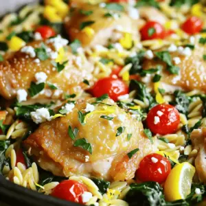 To make this One-Pan Greek Lemon Chicken Orzo, you need: - 1 lb (450g) boneless, skinless chicken thighs, cut into bite-sized pieces - 1 cup orzo pasta - 2 cups chicken broth - 1 medium onion, chopped - 3 cloves garlic, minced - 1 cup cherry tomatoes, halved - 1 red bell pepper, diced - 1 cup spinach, roughly chopped - Juice and zest of 1 large lemon - 2 teaspoons dried oregano - 1 teaspoon paprika - 3 tablespoons olive oil - Salt and pepper to taste - Fresh parsley, chopped (for garnish) - Feta cheese, crumbled (optional, for serving) These ingredients create a bright, zesty flavor. Each one plays a role in making this dish rich and vibrant. If you don’t have a specific ingredient, don’t worry! Here are some easy swaps: - Chicken thighs can change to chicken breasts for a leaner choice. - Orzo can be replaced with any small pasta like ditalini or couscous. - Spinach can swap out for kale or Swiss chard if you prefer. - Use vegetable broth instead of chicken broth for a vegetarian option. - Fresh herbs like thyme or basil can replace oregano for a different taste. These alternatives keep the spirit of the dish while allowing for flexibility. I suggest using quality ingredients for the best taste. Here are my favorites: - For chicken, look for organic or free-range options. - Barilla is a trusted brand for orzo pasta. - Swanson or Pacific Foods make great chicken broth. - For olive oil, choose extra virgin for the best flavor. - When picking feta, look for brands that use real sheep or goat milk for creaminess. Using these brands can enhance the overall quality of your meal. Start with fresh ingredients for the best taste. Gather these items: - 1 lb boneless, skinless chicken thighs, cut into bite-sized pieces - 1 cup orzo pasta - 2 cups chicken broth - 1 medium onion, chopped - 3 cloves garlic, minced - 1 cup cherry tomatoes, halved - 1 red bell pepper, diced - 1 cup spinach, roughly chopped - Juice and zest of 1 large lemon - 2 teaspoons dried oregano - 1 teaspoon paprika - 3 tablespoons olive oil - Salt and pepper to taste - Fresh parsley, chopped (for garnish) - Feta cheese, crumbled (optional, for serving) Make sure to chop the onion and bell pepper first. Mince the garlic just before cooking. This keeps the flavor fresh and strong. Heat a large skillet over medium heat and add olive oil. Once hot, toss in the chopped onion. Sauté until it turns clear, about 3-4 minutes. Then, add minced garlic and cook for another minute. The aroma will fill your kitchen! Now, crank up the heat to medium-high. Add the chicken pieces and season with salt, pepper, oregano, and paprika. Cook until the chicken turns golden brown, about 5-7 minutes. This step locks in flavor and moisture. Next, stir in the cherry tomatoes and bell pepper. Cook for another 2-3 minutes until they soften. Then, add the orzo, chicken broth, lemon juice, and zest. Stir well to ensure the orzo is submerged in the broth. Bring the mixture to a gentle boil. Once boiling, lower the heat and cover the pan. Let it simmer for 10-12 minutes. Stir occasionally to avoid sticking. You want the orzo to be cooked al dente and most of the liquid absorbed. Once done, fold in the chopped spinach. Let it wilt for about 1-2 minutes. Now, taste and adjust the seasoning with salt and pepper as needed. Remove from heat and allow it to sit for a couple of minutes. This helps the flavors blend nicely. Before serving, garnish with fresh parsley and optional crumbled feta cheese. Enjoy your delicious One-Pan Greek Lemon Chicken Orzo! To cook orzo just right, keep it in mind that timing is key. Add it to the pan with your broth and lemon juice. The orzo needs about 10 to 12 minutes to cook. Stir it gently every few minutes. This helps it not stick to the pan. Check for doneness by tasting a piece. It should feel firm, but not hard. For juicy chicken thighs, choose boneless and skinless cuts. Cut them into bite-sized pieces for even cooking. Season the chicken with salt, pepper, and spices before cooking. Sear them in hot oil until they turn golden brown. This creates a nice crust. Don’t rush it; let it brown properly. Once cooked, let the chicken rest for a few minutes before serving. This helps keep the juices inside. To boost flavors, use fresh herbs and spices. Dried oregano adds a nice touch, but fresh herbs make it pop. Try adding a little bit of lemon zest for extra zing. You could also sprinkle some crumbled feta cheese on top. It adds creaminess and saltiness. Don’t forget to taste and adjust seasonings. A pinch more salt or pepper can make a big difference. {{image_2}} You can make this dish vegetarian by swapping chicken for chickpeas. Use one can of drained and rinsed chickpeas. Sauté them with the onion and garlic. This gives you protein while keeping the dish hearty and filling. Add in some extra spices to boost the flavor of the chickpeas. Want to pack in more nutrients? Add veggies like zucchini or asparagus. Simply chop them into bite-sized pieces and add them with the cherry tomatoes and bell pepper. They cook quickly and add great color. You can also toss in some frozen peas or carrots for a sweet crunch. For a twist, try using shrimp or tofu. If using shrimp, add them at the end, just before the spinach. Cook them until they turn pink. For tofu, press it first to remove excess water. Cut it into cubes, then brown it in the pan before adding vegetables. This way, you have a tasty, protein-packed meal no matter your choice! To keep your One-Pan Greek Lemon Chicken Orzo fresh, let it cool first. Then, place it in an airtight container. It will stay good in the fridge for 3 to 4 days. This makes it easy to grab for lunch or dinner later. If you want to enjoy this meal again, store it properly. When you're ready to eat leftovers, you can reheat them easily. Just put the orzo in a pan over low heat. Add a splash of chicken broth or water to avoid dryness. Stir often until it's hot. You can also use a microwave. Place it in a microwave-safe bowl, cover it, and heat for 1-2 minutes. Check to see if it’s warmed through. This dish can be frozen for longer storage. Portion it into freezer-safe containers. Make sure to leave some space at the top, as it may expand. Label the containers with the date. You can keep it in the freezer for up to 3 months. To enjoy, thaw it in the fridge overnight before reheating. Yes, you can use other pasta types. Small shapes like couscous or ditalini work well. Just adjust the cooking time based on the pasta's instructions. Keep an eye on the liquid level, too. No, orzo is not gluten-free. It is made from wheat. If you need a gluten-free meal, choose gluten-free pasta. Make sure to check the packaging for options that fit your needs. To make it dairy-free, skip the feta cheese. You can also use a dairy-free cheese if you want that flavor. This dish stays tasty and fresh without dairy. Great sides include a Greek salad or roasted vegetables. You could also serve it with warm pita bread. Lemon wedges add a nice touch too. Enjoy! This blog post guides you through making One-Pan Greek Lemon Chicken Orzo. We talked about key ingredients, helpful tips, and tasty variations. Remember, you can tweak ingredients for your taste and needs. Store leftovers properly to keep them fresh. This dish is easy to make and packed with flavor. Enjoy your cooking, and don’t be afraid to experiment with different twists. You will impress everyone with your skills!