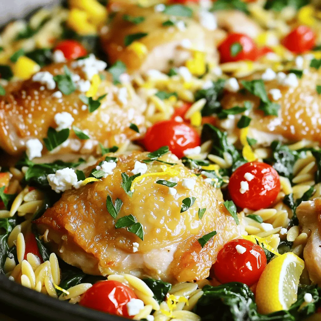 To make this One-Pan Greek Lemon Chicken Orzo, you need: - 1 lb (450g) boneless, skinless chicken thighs, cut into bite-sized pieces - 1 cup orzo pasta - 2 cups chicken broth - 1 medium onion, chopped - 3 cloves garlic, minced - 1 cup cherry tomatoes, halved - 1 red bell pepper, diced - 1 cup spinach, roughly chopped - Juice and zest of 1 large lemon - 2 teaspoons dried oregano - 1 teaspoon paprika - 3 tablespoons olive oil - Salt and pepper to taste - Fresh parsley, chopped (for garnish) - Feta cheese, crumbled (optional, for serving) These ingredients create a bright, zesty flavor. Each one plays a role in making this dish rich and vibrant. If you don’t have a specific ingredient, don’t worry! Here are some easy swaps: - Chicken thighs can change to chicken breasts for a leaner choice. - Orzo can be replaced with any small pasta like ditalini or couscous. - Spinach can swap out for kale or Swiss chard if you prefer. - Use vegetable broth instead of chicken broth for a vegetarian option. - Fresh herbs like thyme or basil can replace oregano for a different taste. These alternatives keep the spirit of the dish while allowing for flexibility. I suggest using quality ingredients for the best taste. Here are my favorites: - For chicken, look for organic or free-range options. - Barilla is a trusted brand for orzo pasta. - Swanson or Pacific Foods make great chicken broth. - For olive oil, choose extra virgin for the best flavor. - When picking feta, look for brands that use real sheep or goat milk for creaminess. Using these brands can enhance the overall quality of your meal. Start with fresh ingredients for the best taste. Gather these items: - 1 lb boneless, skinless chicken thighs, cut into bite-sized pieces - 1 cup orzo pasta - 2 cups chicken broth - 1 medium onion, chopped - 3 cloves garlic, minced - 1 cup cherry tomatoes, halved - 1 red bell pepper, diced - 1 cup spinach, roughly chopped - Juice and zest of 1 large lemon - 2 teaspoons dried oregano - 1 teaspoon paprika - 3 tablespoons olive oil - Salt and pepper to taste - Fresh parsley, chopped (for garnish) - Feta cheese, crumbled (optional, for serving) Make sure to chop the onion and bell pepper first. Mince the garlic just before cooking. This keeps the flavor fresh and strong. Heat a large skillet over medium heat and add olive oil. Once hot, toss in the chopped onion. Sauté until it turns clear, about 3-4 minutes. Then, add minced garlic and cook for another minute. The aroma will fill your kitchen! Now, crank up the heat to medium-high. Add the chicken pieces and season with salt, pepper, oregano, and paprika. Cook until the chicken turns golden brown, about 5-7 minutes. This step locks in flavor and moisture. Next, stir in the cherry tomatoes and bell pepper. Cook for another 2-3 minutes until they soften. Then, add the orzo, chicken broth, lemon juice, and zest. Stir well to ensure the orzo is submerged in the broth. Bring the mixture to a gentle boil. Once boiling, lower the heat and cover the pan. Let it simmer for 10-12 minutes. Stir occasionally to avoid sticking. You want the orzo to be cooked al dente and most of the liquid absorbed. Once done, fold in the chopped spinach. Let it wilt for about 1-2 minutes. Now, taste and adjust the seasoning with salt and pepper as needed. Remove from heat and allow it to sit for a couple of minutes. This helps the flavors blend nicely. Before serving, garnish with fresh parsley and optional crumbled feta cheese. Enjoy your delicious One-Pan Greek Lemon Chicken Orzo! To cook orzo just right, keep it in mind that timing is key. Add it to the pan with your broth and lemon juice. The orzo needs about 10 to 12 minutes to cook. Stir it gently every few minutes. This helps it not stick to the pan. Check for doneness by tasting a piece. It should feel firm, but not hard. For juicy chicken thighs, choose boneless and skinless cuts. Cut them into bite-sized pieces for even cooking. Season the chicken with salt, pepper, and spices before cooking. Sear them in hot oil until they turn golden brown. This creates a nice crust. Don’t rush it; let it brown properly. Once cooked, let the chicken rest for a few minutes before serving. This helps keep the juices inside. To boost flavors, use fresh herbs and spices. Dried oregano adds a nice touch, but fresh herbs make it pop. Try adding a little bit of lemon zest for extra zing. You could also sprinkle some crumbled feta cheese on top. It adds creaminess and saltiness. Don’t forget to taste and adjust seasonings. A pinch more salt or pepper can make a big difference. {{image_2}} You can make this dish vegetarian by swapping chicken for chickpeas. Use one can of drained and rinsed chickpeas. Sauté them with the onion and garlic. This gives you protein while keeping the dish hearty and filling. Add in some extra spices to boost the flavor of the chickpeas. Want to pack in more nutrients? Add veggies like zucchini or asparagus. Simply chop them into bite-sized pieces and add them with the cherry tomatoes and bell pepper. They cook quickly and add great color. You can also toss in some frozen peas or carrots for a sweet crunch. For a twist, try using shrimp or tofu. If using shrimp, add them at the end, just before the spinach. Cook them until they turn pink. For tofu, press it first to remove excess water. Cut it into cubes, then brown it in the pan before adding vegetables. This way, you have a tasty, protein-packed meal no matter your choice! To keep your One-Pan Greek Lemon Chicken Orzo fresh, let it cool first. Then, place it in an airtight container. It will stay good in the fridge for 3 to 4 days. This makes it easy to grab for lunch or dinner later. If you want to enjoy this meal again, store it properly. When you're ready to eat leftovers, you can reheat them easily. Just put the orzo in a pan over low heat. Add a splash of chicken broth or water to avoid dryness. Stir often until it's hot. You can also use a microwave. Place it in a microwave-safe bowl, cover it, and heat for 1-2 minutes. Check to see if it’s warmed through. This dish can be frozen for longer storage. Portion it into freezer-safe containers. Make sure to leave some space at the top, as it may expand. Label the containers with the date. You can keep it in the freezer for up to 3 months. To enjoy, thaw it in the fridge overnight before reheating. Yes, you can use other pasta types. Small shapes like couscous or ditalini work well. Just adjust the cooking time based on the pasta's instructions. Keep an eye on the liquid level, too. No, orzo is not gluten-free. It is made from wheat. If you need a gluten-free meal, choose gluten-free pasta. Make sure to check the packaging for options that fit your needs. To make it dairy-free, skip the feta cheese. You can also use a dairy-free cheese if you want that flavor. This dish stays tasty and fresh without dairy. Great sides include a Greek salad or roasted vegetables. You could also serve it with warm pita bread. Lemon wedges add a nice touch too. Enjoy! This blog post guides you through making One-Pan Greek Lemon Chicken Orzo. We talked about key ingredients, helpful tips, and tasty variations. Remember, you can tweak ingredients for your taste and needs. Store leftovers properly to keep them fresh. This dish is easy to make and packed with flavor. Enjoy your cooking, and don’t be afraid to experiment with different twists. You will impress everyone with your skills!