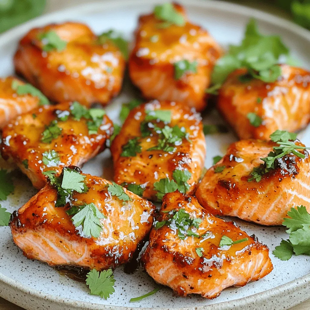 - Salmon fillet (1 lb, skin removed and cut into bite-sized pieces) - Honey (3 tablespoons) - Sriracha sauce (2 tablespoons) - Soy sauce (1 tablespoon) - Garlic powder (1 teaspoon) - Ginger powder (1 teaspoon) - Olive oil (1 tablespoon) - Salt and pepper (to taste) - Chopped fresh cilantro (for garnish) For honey, you can use maple syrup or agave nectar. These provide a similar sweetness. If you want less sodium, use low-sodium soy sauce. This keeps the flavor but makes it healthier. If Sriracha is too spicy, try sriracha sauce alternatives like sweet chili sauce or barbecue sauce. Adjust to your spice level for the best taste. To make the marinade, start by grabbing a bowl. Add 3 tablespoons of honey, 2 tablespoons of Sriracha, and 1 tablespoon of soy sauce. Next, put in 1 teaspoon of garlic powder and 1 teaspoon of ginger powder. Then, add 1 tablespoon of olive oil, along with salt and pepper to taste. Whisk all the ingredients until you see a smooth mix. When balancing sweetness and spiciness, taste as you go. If you want it sweeter, add more honey. If you like heat, add more Sriracha. This mix will coat the salmon bites well and bring out great flavors. Now, it’s time to marinate the salmon. Take your 1 pound of salmon fillet and cut it into bite-sized pieces. Place the salmon in the bowl with the marinade. Use a spoon or your hands to ensure each piece is well-coated. Let the salmon sit in the marinade for at least 15 minutes. For deeper flavor, you can refrigerate it for up to 1 hour. To ensure even coating, try to stir the salmon gently every few minutes. This way, every piece gets the same taste. Preheat your air fryer to 390°F (200°C). This step is important for getting the perfect texture. Once it’s hot, place the marinated salmon bites in the air fryer basket. Make sure to arrange them in a single layer. Avoid overcrowding, as this lets the hot air flow freely around each piece. Air fry the salmon for about 8 to 10 minutes. Halfway through, shake the basket gently. This helps cook the salmon evenly and gives it a nice crisp. When the salmon is done, it should look slightly crispy on the edges and be cooked through. To make great salmon bites, avoid overcrowding in the air fryer. Place the pieces in a single layer. This helps them cook evenly. If you stack them, they may steam and not get crispy. Checking for doneness is easy. The salmon should be opaque and flake easily with a fork. If it looks raw in the center, it needs more time. Cook until it reaches an internal temperature of 145°F. For crispy edges, brush a little olive oil on the salmon before cooking. This helps create a nice crust. You can also shake the basket halfway through cooking to ensure even crispiness. Using fresh ingredients for garnish makes a big difference. Chopped cilantro adds color and flavor. You can also use lime wedges for a bright finish. Fresh herbs can elevate the dish. If your salmon bites come out dry, try reducing cooking time. Overcooking is a common mistake. If you marinate the salmon longer, it will also help keep it moist. Managing spice levels is key. If you like it mild, cut back on Sriracha. You can also mix in some honey to balance out the heat. Taste your marinade before adding the salmon to find the right spice level for you. {{image_2}} You can make these salmon bites even better by adding some citrus. A bit of lemon or lime zest brightens the dish. Just a touch of this zest gives a fresh taste. You can also infuse different spices for more flavor. Try adding paprika or cayenne for a smoky kick. These spices will give your salmon a new twist. If you don’t have an air fryer, you can use your oven. Just place the salmon bites on a baking sheet. Bake them at 400°F (200°C) for about 12-15 minutes. This method gives a nice roasted flavor. Grilling is another great option. It adds a smoky taste that pairs well with the honey and Sriracha. Cook the salmon bites on medium heat for about 6-8 minutes. Flip them halfway for even cooking. For gluten-free adjustments, use tamari instead of soy sauce. This keeps the flavor but makes it safe for gluten-free diets. If you want a vegan option, replace salmon with tofu or tempeh. Cut them into bite-sized pieces, marinate, and cook just like the salmon. You’ll still enjoy that sweet and spicy flavor. To keep your Air Fryer Honey Sriracha Salmon Bites fresh, store them in the fridge. Use an airtight container. This helps keep the bites moist. I recommend glass containers for better taste and easy cleaning. Place parchment paper between layers if stacking. This will prevent them from sticking together. You can freeze salmon bites for later enjoyment. First, let the salmon cool completely. Then, place them in a freezer-safe container. You can also use freezer bags, removing as much air as possible. For best taste, eat frozen bites within three months. To reheat, thaw in the fridge overnight. Then, air fry at 350°F for 5-7 minutes until warm. Marinated salmon bites can last up to 24 hours in the fridge. Cooked salmon bites stay fresh for 3-4 days when stored properly. Avoid keeping them out for more than two hours to ensure safety. Always check for signs of spoilage before eating. You should marinate the salmon for at least 15 minutes. This helps the flavors soak in. For more flavor, you can marinate it up to an hour in the fridge. This extra time allows the honey and Sriracha to really infuse the salmon. Yes, you can use frozen salmon. Just make sure to thaw it first. You can place it in the fridge overnight or use the microwave's defrost setting. Once thawed, you can follow the marinating and cooking steps as usual. These salmon bites pair well with many sides. You can serve them with rice, quinoa, or a fresh salad. A cool cucumber salad can balance the spicy flavors nicely. You might also try serving them with steamed veggies for a healthy meal. To check if the salmon is done, look for a few signs. The salmon should be opaque and flaky. If you have a meat thermometer, the internal temperature should reach 145°F (63°C). You can also give it a gentle poke with a fork; it should break apart easily. You now have a clear path to making tasty Air Fryer Honey Sriracha Salmon Bites. We explored key ingredients, like salmon, honey, and Sriracha, along with swaps for personal taste. The step-by-step guide helps you marinate and cook these bites just right. I shared tips for perfecting flavor and texture, plus storage info for leftovers. Remember, cooking is fun and creative. Don't shy away from trying new flavors. Enjoy your cooking adventure with this simple and delicious recipe.