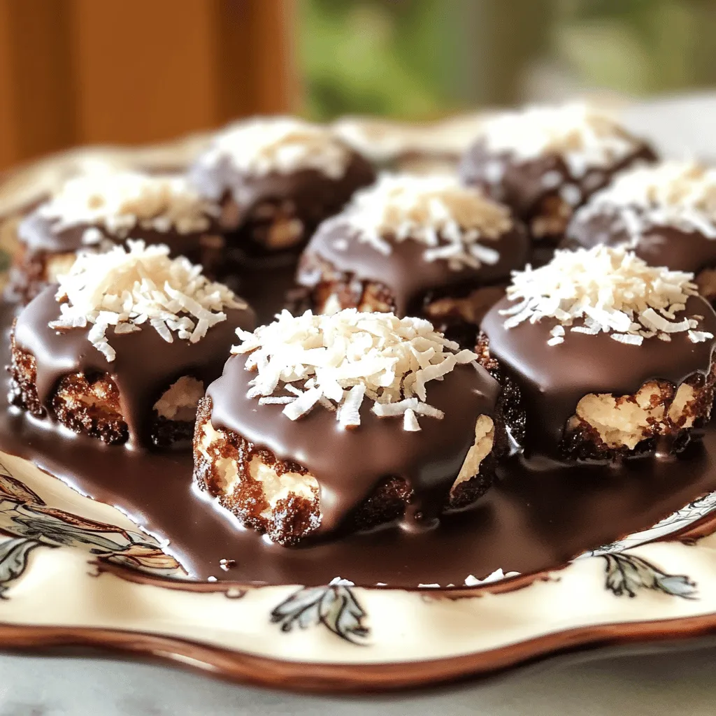 To make these tasty chocolate coconut macaroon bites, gather these key items: - 2 cups unsweetened shredded coconut - 1/2 cup sweetened condensed milk - 1/4 cup unsweetened cocoa powder - 1 teaspoon vanilla extract - 1/4 teaspoon sea salt - 1/2 cup dark chocolate chips - 1 tablespoon coconut oil These ingredients create the perfect balance of sweet and rich flavors. The unsweetened coconut adds texture, while the cocoa powder gives a deep chocolate taste. You can add a few extra ingredients to make your bites even more delightful: - A pinch of cinnamon for warmth - Chopped nuts for crunch - Mini chocolate chips for more chocolate flavor These optional touches can personalize your macaroons and make them unique. If you have dietary needs, here are some great substitutes: - Use sweetened condensed coconut milk for a dairy-free option. - Swap dark chocolate chips for dairy-free chocolate chips. - Replace shredded coconut with finely chopped almonds for a different texture. These substitutes ensure everyone can enjoy these treats without worry. First, preheat your oven to 325°F (160°C). This step warms up the oven for baking. Next, line a baking sheet with parchment paper. This paper helps keep the bites from sticking. In a large mixing bowl, add the shredded coconut, sweetened condensed milk, cocoa powder, vanilla extract, and sea salt. Mix well. You want the coconut to be fully coated. This makes sure every bite is delicious. Now, use your hands or a small cookie scoop to form the mixture into balls. Aim for about 1 inch in diameter. Place the balls on the baking sheet, leaving space between each. This gives them room to expand while baking. Bake them for 15-18 minutes. They should turn golden brown on top. After baking, let them cool completely on the sheet. For the chocolate, combine dark chocolate chips and coconut oil in a microwave-safe bowl. Microwave in 30-second intervals. Stir in between each interval until smooth. Once melted, dip each macaroon bite into the chocolate. Let the excess chocolate drip off before placing them back on the parchment. Finally, place the baking sheet in the refrigerator for about 15 minutes. This helps the chocolate set. For a fun touch, you can sprinkle extra shredded coconut or drizzle more melted chocolate on top before serving. Your chocolate coconut macaroon bites are now ready to enjoy! To make the best chocolate coconut macaroon bites, start with fresh ingredients. Use unsweetened shredded coconut for a rich coconut flavor. Measure the sweetened condensed milk carefully. It binds the mixture well. Line your baking sheet with parchment paper. This step helps the bites release easily after baking. Space the bites apart on the sheet. This allows even baking and helps them stay round. Mix your ingredients thoroughly. When combining coconut, cocoa powder, and milk, make sure all coconut is coated. If the mixture feels too dry, add a bit more condensed milk. If it feels too wet, add a touch more cocoa powder or coconut. Use your hands to form even balls, about one inch wide. This size helps them bake evenly. Serve your chocolate coconut macaroon bites on a pretty plate. For a fun touch, sprinkle shredded coconut on top. You can also drizzle extra melted chocolate over the bites for a classy look. These bites pair well with coffee or tea. For a festive touch, add colorful sprinkles or nuts on top before they set. Enjoy sharing these tasty treats with friends! {{image_2}} You can change the taste of your chocolate coconut macaroon bites with fun flavors. Here are some ideas: - Mint Chocolate: Add 1/2 teaspoon of mint extract to the mixture. - Almond Joy: Mix in chopped almonds and a bit of almond extract. - Coconut Lime: Swap vanilla for lime juice and zest for a fresh twist. - Peanut Butter: Stir in 1/4 cup of peanut butter for a nutty flavor. Each variation brings a new joy to these tasty treats! You can easily make these bites fit your diet: - Vegan: Use coconut cream instead of sweetened condensed milk. - Gluten-Free: This recipe is already gluten-free, so enjoy it! - Nut-Free: Skip any nuts in flavor variations to keep it safe. These options let everyone enjoy this treat! Toppings can make your bites even more special. Here are some ideas: - Coconut Flakes: Sprinkle extra shredded coconut on top for texture. - Chocolate Drizzle: Use melted white chocolate or dark chocolate for a drizzle. - Chopped Nuts: Add crushed nuts for a crunchy finish. - Sea Salt: A pinch of sea salt enhances the chocolate flavor. Try these toppings to make your bites look and taste amazing! To keep your chocolate coconut macaroon bites fresh, store them in an airtight container. Place a piece of wax paper between layers to prevent sticking. Keep the container in a cool, dry place, away from direct sunlight. These bites stay fresh for up to one week at room temperature. If you want to keep them longer, you can freeze them. Place the bites on a baking sheet, then freeze for about an hour. Once frozen, transfer them to a freezer-safe bag. They can last for up to three months in the freezer. If you want to enjoy them warm, you can reheat the bites. Place them in the microwave for about 10-15 seconds. Check to make sure they don't melt too much. Enjoy them warm for a cozy treat! Macaroons are chewy coconut treats, while macarons are delicate meringue cookies. Macaroons have a denser texture, often made with shredded coconut. Macarons are lighter and filled with cream or ganache. Both are delicious but are quite different in taste and look. Yes, you can use sweetened shredded coconut. It will add extra sweetness to your bites. Just be sure to adjust the sweetened condensed milk if you use sweetened coconut. This change will make your macaroons even more delightful. To make sugar-free macaroon bites, use sugar-free sweetened condensed milk. You can find this at many grocery stores. You can also use a sugar substitute in place of cocoa powder. This way, you keep the great flavor without the sugar. Refrigeration helps the chocolate set properly. It also keeps the macaroons fresh for longer. You can store them in the fridge for up to a week. If you prefer, you can leave them out at room temperature for a short time. In this post, we explored the key ingredients, step-by-step instructions, and essential tips for making chocolate coconut macaroon bites. We covered variations to suit different diets, storage methods, and answered common FAQs. Remember, making these treats is fun and creative. Try new flavors or toppings to make them your own. Happy baking, and enjoy delicious treats that impress your friends and family!