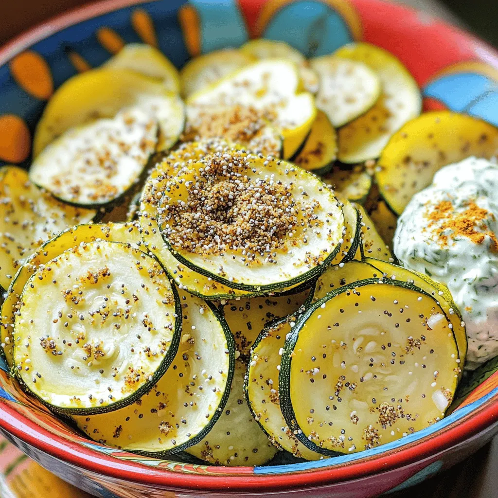 To make Air Fryer Everything Bagel Zucchini Chips, you will need: - 2 medium zucchinis, thinly sliced - 2 tablespoons olive oil - 2 teaspoons everything bagel seasoning - 1/4 teaspoon garlic powder - 1/4 teaspoon onion powder - Salt to taste Gathering the right ingredients is key to great flavor. Fresh zucchinis will make your chips taste their best. When selecting zucchinis, look for ones that are firm and smooth. Their skin should be shiny and free of blemishes. Choose medium-sized zucchinis. These tend to be sweeter and less watery than larger ones. They also cook better in the air fryer. You can easily mix up the flavors of your zucchini chips. Try using: - Chili powder for a spicy kick - Parmesan cheese for a cheesy twist - Paprika for a smoky taste Experimenting with different spices can add new life to this crunchy snack. Get creative and find what you love! Start with fresh zucchinis. Wash them well under cool water. Cut off both ends. Slice the zucchinis into thin rounds, about 1/8 inch thick. Thin slices help the chips get crispy. If your slices are too thick, they may turn out soggy. In a large bowl, add the zucchini slices. Pour in 2 tablespoons of olive oil. Toss the slices to coat them well. Next, sprinkle 2 teaspoons of everything bagel seasoning over the zucchini. Add 1/4 teaspoon of garlic powder and 1/4 teaspoon of onion powder. Lastly, add salt to taste. Mix everything together gently. Make sure each slice is evenly coated with the seasonings. This step adds a burst of flavor. Preheat your air fryer to 375°F (190°C) for about 5 minutes. While it heats up, place the seasoned zucchini slices in the air fryer basket. Lay them in a single layer. Avoid overcrowding the basket. You may need to cook in batches. Cook the zucchini chips for 8-10 minutes. Make sure to shake the basket halfway through. This helps them cook evenly. Keep an eye on them to avoid burning. They are ready when they turn golden brown and crispy. Once cooked, take them out carefully. Let them cool on a wire rack for a few minutes. This will help them stay crunchy. Enjoy your delicious zucchini chips! To get the best crunch from your zucchini chips, slice them thin. Aim for about 1/8 inch thick. Thinner slices cook faster and become crispier. After slicing, soak them in salt water for about 10 minutes. This helps draw out moisture. Pat them dry with paper towels before cooking. This step is key! Preheat your air fryer to 375°F (190°C) for 5 minutes. This helps the chips cook evenly. Place the zucchini slices in a single layer in the basket. Do not overcrowd them. If your air fryer is small, cook in batches. Shake the basket halfway through cooking. This ensures all sides get nice and crispy. If your chips are soggy, they might be too thick or have too much moisture. Always dry them well after soaking. If they burn, lower the cooking time. Start with 8 minutes, then check for doneness. If they are not crisp yet, add time in small amounts. Aim for golden brown edges for the perfect finish. {{image_2}} Feel free to switch up the flavor of your zucchini chips. You can use various seasonings to suit your taste. Try adding a pinch of smoked paprika for a smoky kick. A dash of chili powder can bring heat. Parmesan cheese can add a rich, cheesy flavor. Experiment with herbs like dill or thyme for a fresh twist. The key is to mix and match until you find your favorite blend. Zucchini is just the start. You can make chips from other veggies too! Sweet potatoes work great and offer a sweet taste. Carrots give a nice crunch and color. Beets can add a vibrant hue and earthy flavor. Just slice them thinly, like the zucchini. The cooking time may differ, so keep an eye on them in the air fryer. This recipe is already vegan and gluten-free, but you can make it even more so! Use gluten-free bagel seasoning if you want to stay strict. You can also try using different oils, like avocado oil, for a unique flavor. If you want more crunch, toss in some nutritional yeast. It adds a cheesy taste without dairy. Enjoy making these chips your own! To keep your leftover zucchini chips fresh, use an airtight container. Place the cooled chips inside the container. This will help keep them crispy for a bit longer. Avoid stacking them too high to prevent crushing. If you have a vacuum sealer, that works great too! When you want to enjoy your chips again, reheat them in the air fryer. Set the air fryer to 350°F (175°C). Heat the chips for about 3-5 minutes. This keeps them crunchy. You can also use an oven at the same temperature. Just lay them on a baking sheet for the best results. These zucchini chips are best eaten fresh. If stored correctly, they can last for up to 2 days. After that, they may lose their crunch. For the best flavor and texture, eat them soon after making. Yes, you can use other oils. Avocado oil or canola oil work well too. Each oil brings its own flavor and health benefits. Olive oil adds a nice richness, but feel free to experiment. Just keep the amount the same. This helps the seasoning stick to the zucchini. Check the chips after 8 minutes. They should be golden brown and crispy. If they are still soft, air fry them for another 1-2 minutes. Shake the basket halfway through to cook evenly. Watch closely, as they can burn quickly. Once done, take them out carefully and let them cool on a wire rack. Yes, you can prepare these chips for meals later. Just store them in an airtight container. They stay fresh for about two days. However, they taste best when fresh. To keep the crunch, avoid stacking them. You can also make larger batches for snacks throughout the week! We've covered everything you need to make delicious zucchini chips. We talked about the right ingredients, how to prepare, and the cooking process. I shared tips for crispiness and offered variations, too. Don’t forget to store leftovers correctly for the best taste. With these steps, you'll have a tasty snack that impresses. Experiment with flavors and enjoy your cooking adventure!
