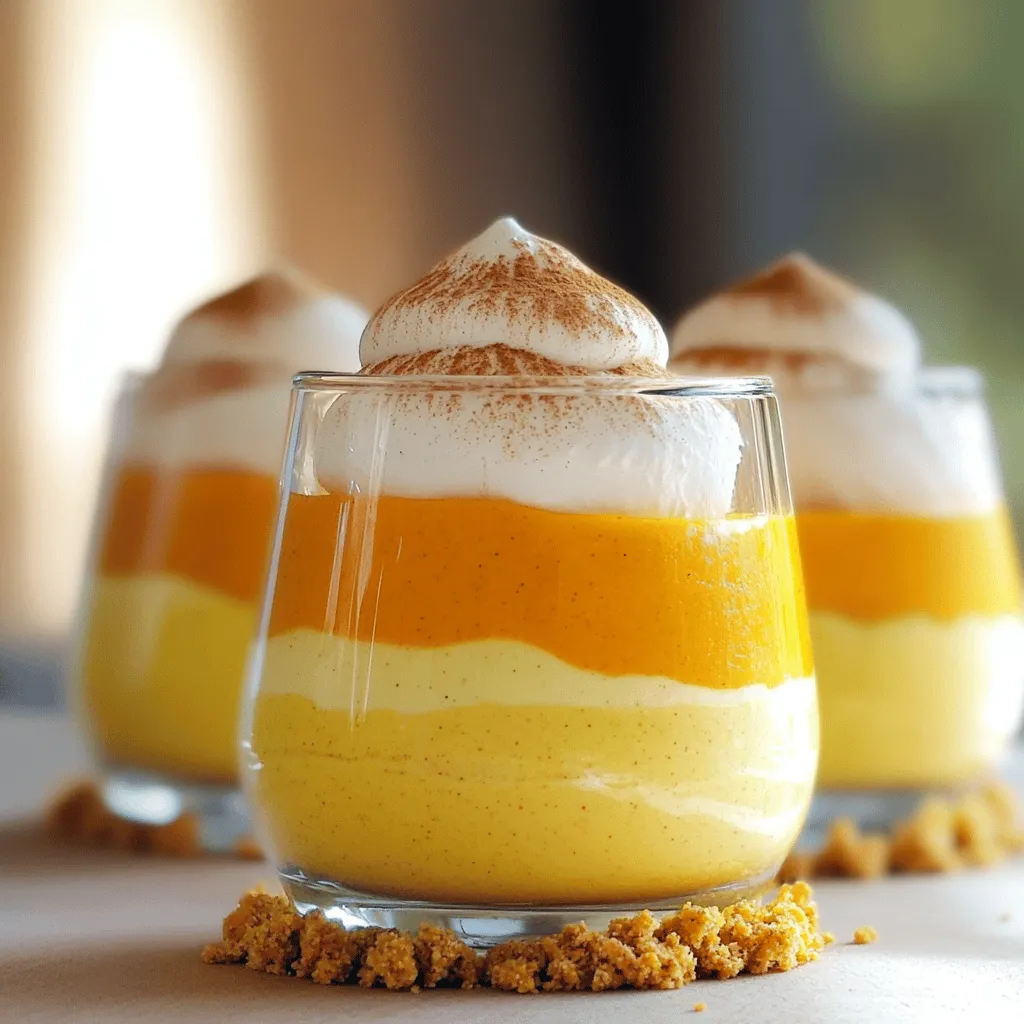 To make Pumpkin Cheesecake Mousse Parfaits, gather these key ingredients: - 1 cup pumpkin puree - 8 oz cream cheese, softened - 1/2 cup powdered sugar - 1 teaspoon vanilla extract - 1 teaspoon pumpkin pie spice - 1 cup heavy whipping cream - 1/2 cup crushed graham crackers - 2 tablespoons melted butter - Whipped cream for topping (optional) - Cinnamon for garnish (optional) I love using Libby’s pumpkin puree for its rich flavor. For cream cheese, Philadelphia is my go-to brand. It creates a smooth and creamy texture. For whipped cream, look for brands with minimal ingredients. You can also use store-bought whipped cream if you’re short on time. For graham crackers, Honey Maid is a classic choice. If you need a dairy-free option, use vegan cream cheese and coconut whipped cream. For a gluten-free treat, choose gluten-free graham crackers. You can swap powdered sugar with a sugar substitute for a low-sugar version. Always read labels to ensure your substitutions fit your needs. Start with a large bowl. Add 8 oz of softened cream cheese. Then, pour in 1/2 cup of powdered sugar and 1 teaspoon of vanilla extract. Also, add 1 teaspoon of pumpkin pie spice for flavor. Use an electric mixer to beat this mixture. Mix until it becomes smooth and creamy. This step is key for a great mousse texture. Now, gently fold in 1 cup of pumpkin puree into your cream cheese mixture. Use a spatula for this. Be careful not to stir too hard. The goal is to keep the mixture light and fluffy. Your mousse will become a lovely orange color. Make sure the pumpkin puree is fully mixed in. In a separate bowl, pour in 1 cup of heavy whipping cream. Beat it with your mixer until you see soft peaks. This means it holds a shape but is still soft. Next, slowly fold this whipped cream into the pumpkin mixture. Do it gently to avoid deflating the whipped cream. Keep folding until no white streaks show. This will give your mousse a light and airy feel. To create perfectly whipped cream, start with cold heavy cream. Cold cream whips better and faster. Pour the cream into a clean bowl. Use a hand mixer or a stand mixer. Beat on medium speed until soft peaks form. This means the cream holds its shape but is still soft. Be careful not to overmix. Overmixed cream can turn grainy and butter-like. Once you have soft peaks, gently fold this whipped cream into your pumpkin mixture. This keeps the mousse fluffy. When layering your parfaits, use clear glasses. This lets you see the beautiful layers. Begin with a spoonful of the graham cracker crust at the bottom. Press it down lightly but not too hard. Next, add a generous layer of pumpkin cheesecake mousse. Use a piping bag for clean, neat layers. Repeat these steps until your glass is full. End with a layer of mousse on top. This creates a lovely finish. You can also add whipped cream and a sprinkle of cinnamon for extra flair. After assembling, refrigerate your parfaits for at least two hours. This helps the flavors mix well. The mousse needs time to set. If you want to serve them later, you can chill them for up to 24 hours. Just cover the glasses with plastic wrap. This keeps them fresh and tasty. When ready to serve, add a dollop of whipped cream and a dash of cinnamon on top. Enjoy every delightful bite! {{image_2}} You can easily make this dessert gluten-free. Use gluten-free graham crackers or a gluten-free cookie. You can also choose almond flour for a unique twist. This keeps the crunch while staying gluten-free. To make a vegan version, swap cream cheese for a plant-based cream cheese. Use coconut cream instead of heavy whipping cream for a rich texture. Maple syrup can replace powdered sugar for sweetness. This way, everyone can enjoy a delightful treat! You can add fun flavors to your parfaits. Drizzle chocolate or caramel sauce between the layers. This adds richness and sweetness. You can also mix in some chopped nuts for extra crunch. Try adding a hint of orange zest for a fresh taste. Each variation makes your pumpkin cheesecake mousse parfait unique! To keep your pumpkin cheesecake mousse parfaits fresh, cover them tightly. You can use plastic wrap or a lid on your serving glasses. This helps prevent them from absorbing other fridge smells. If you made them in a big bowl, transfer them to an airtight container. These parfaits stay good in the fridge for about three days. After that, the mousse may lose its texture. If you see any liquid separation or a change in smell, it's best to throw them away. Always trust your senses! While you can freeze the mousse, it may change in texture. If you want to freeze, place it in a freezer-safe container. Make sure to leave some space for expansion. When ready to eat, thaw the parfaits in the fridge overnight. Then, gently mix them to restore some creaminess. Yes, you can make these parfaits ahead of time. They taste great when chilled. I recommend making them up to two days in advance. This gives the flavors time to blend. Just keep them covered in the fridge. The mousse will stay fresh and delicious. If you don't have heavy whipping cream, use coconut cream. It's thick and creamy. You can also use whipped topping if you want. Just remember that the texture may change a bit. For a lighter option, try using Greek yogurt. It will change the flavor slightly, but it’s still tasty. You’ll know the mousse is set when it is firm to the touch. After chilling for at least two hours, it should hold its shape. You can gently press on the top with a spoon. If it keeps its form, it’s ready to serve. If you want a firmer mousse, chill it longer. This blog post shared essential ingredients for Pumpkin Cheesecake Mousse Parfaits. We explored brands and substitutions to meet your needs. I provided step-by-step instructions for preparing the delicious layers. Tips helped ensure perfect whipped cream and proper layering. Variations included gluten-free and vegan options for everyone. Finally, we discussed the best ways to store leftovers and answered common questions. Try making these parfaits yourself, and enjoy a sweet treat!