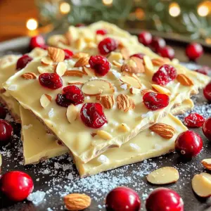 To make this tasty treat, gather the following key ingredients: - 12 oz white chocolate chips - 1 cup dried cranberries - 1 cup roasted unsalted almonds, roughly chopped - 1/2 cup sliced almonds, for topping - 1/4 teaspoon sea salt - 1 teaspoon vanilla extract These ingredients bring a mix of sweet and crunchy. The white chocolate adds a creamy base, while cranberries give a tart kick. The almonds add a satisfying crunch. For more texture, consider adding: - 1/4 cup chia seeds Chia seeds can enhance the bark’s crunch. They also add a boost of fiber and nutrients. Choosing good ingredients is key to great taste. - Choosing quality white chocolate: Select high-quality white chocolate chips. They melt smoothly and taste better. Look for brands with real cocoa butter. - Importance of fresh ingredients: Use fresh dried cranberries and nuts. Old ingredients can affect the flavor and texture of your bark. Freshness makes a big difference. Using these tips will help you create a more delicious No-Bake White Chocolate Cranberry Bark. Enjoy the fun of making this delightful treat! - First, you need to line an 8x8 inch baking dish with parchment paper. - Make sure to leave some paper hanging over the sides. This helps with easy removal later. - Now, take a microwave-safe bowl and place the white chocolate chips inside. - Melt the chocolate in 30-second bursts. Stir after each interval until it's smooth. - Be careful! Chocolate can burn if you microwave it too long. - Once the chocolate is melted, mix in the vanilla extract and sea salt. - Stir well until everything is combined. The sea salt gives a nice touch to the sweet chocolate. - Now add the dried cranberries and roughly chopped roasted almonds. - If you want some added crunch, toss in the chia seeds too. - Fold everything together gently until all pieces are coated with the chocolate. - Pour the mixture into the lined baking dish. - Use a spatula to spread it out evenly in the dish. - For a pretty finish, sprinkle sliced almonds on top. - Now, place the dish in the refrigerator. Let it chill for about 1-2 hours. - This helps the bark to set and hold its shape. - Once it's firm, lift it out using the parchment paper. - Cut it into squares or break it into pieces for serving. To prevent burned white chocolate, use low heat. Melt it in short bursts. Stir well between each interval. This keeps the chocolate smooth and creamy. If you rush, the chocolate can scorch. Scorched chocolate has a burnt taste. For even mixing, add each ingredient slowly. Stir gently as you add cranberries and nuts. This helps coat everything well. You want every piece covered in white chocolate. If the chocolate is too thick, add a little more chocolate. This creates a nice, smooth consistency. You want it spreadable but not runny. Chop the nuts into smaller pieces. This gives more crunch in each bite. Larger pieces can make the bark harder to cut. Aim for bite-sized chunks for best results. Serve your bark on a colorful platter. A festive look makes it more appealing. Add extra dried cranberries and sliced almonds on top. This adds color and texture. For special occasions, wrap pieces in clear bags. Tie them with ribbons for gifts. It’s a simple way to impress friends and family. {{image_2}} You can mix up the flavors in this bark. Try using milk or dark chocolate instead of white chocolate. Each type brings a unique taste. Dark chocolate adds a rich, bold flavor. Milk chocolate makes it sweeter and creamier. You can also add spices like cinnamon or nutmeg. These spices give the bark a warm, cozy twist. Just a pinch can brighten up the taste! Want to change the bark's nutrition? Swap out the nuts for seeds like sunflower or pumpkin seeds. This makes the bark nut-free. It’s a great option for those with allergies. If you want to keep it plant-based, use vegan chocolate. Many brands offer dairy-free chocolate chips. This way, everyone can enjoy the treat! You can adapt this bark for the seasons. In the fall, add chopped apples or pumpkin spice. In winter, consider peppermint candies for a festive touch. You could also use dried fruits like apricots in the summer. Each season brings new flavors to explore. Make the bark match your holiday themes for added fun! To keep your No-Bake White Chocolate Cranberry Bark fresh, use an airtight container. This helps maintain its taste and texture. I recommend storing it in the fridge. This way, it stays cool and firm. If you want to store the bark for longer, freezing is a great option. To freeze, cut the bark into pieces. Place the pieces in a single layer on a baking sheet. Freeze until solid, then transfer them to an airtight container. This bark can last up to three months in the freezer. When you’re ready to enjoy it, let it thaw in the fridge for a few hours. Check the bark for any changes. If it has an off smell or looks dry, it might be bad. You want to ensure it tastes fresh and sweet. If you notice any odd flavors or textures, it’s best to toss it out. Keeping an eye on these signs helps you enjoy the best flavor. The bark needs about 1 to 2 hours to set. I recommend checking it after one hour. The bark should be firm to the touch. If it feels soft, give it more time in the fridge. Yes, you can make some swaps! Here are common substitutions: - Use dark chocolate chips instead of white chocolate for a richer flavor. - Swap dried cranberries for dried cherries or raisins for a twist. - Almonds can be replaced with walnuts or pecans if you prefer. Absolutely! This bark makes a lovely gift. Here are some packaging tips: - Use a clear cellophane bag to show off the bark's pretty colors. - Tie it with a festive ribbon for a nice touch. - You can also place it in a decorative tin for an extra special gift. This blog post covered the key ingredients for no-bake white chocolate cranberry bark, including how to choose quality items. I shared step-by-step instructions for preparation, mixing, and cooling. Tips on avoiding mistakes and enhancing texture were also included. With flavor and seasonal variations, you have endless chances for creativity. Remember, store your bark properly to keep it fresh and tasty. Make sure to have fun with this treat and share it with loved ones! Enjoy your delicious creation and the sweet moments it brings.