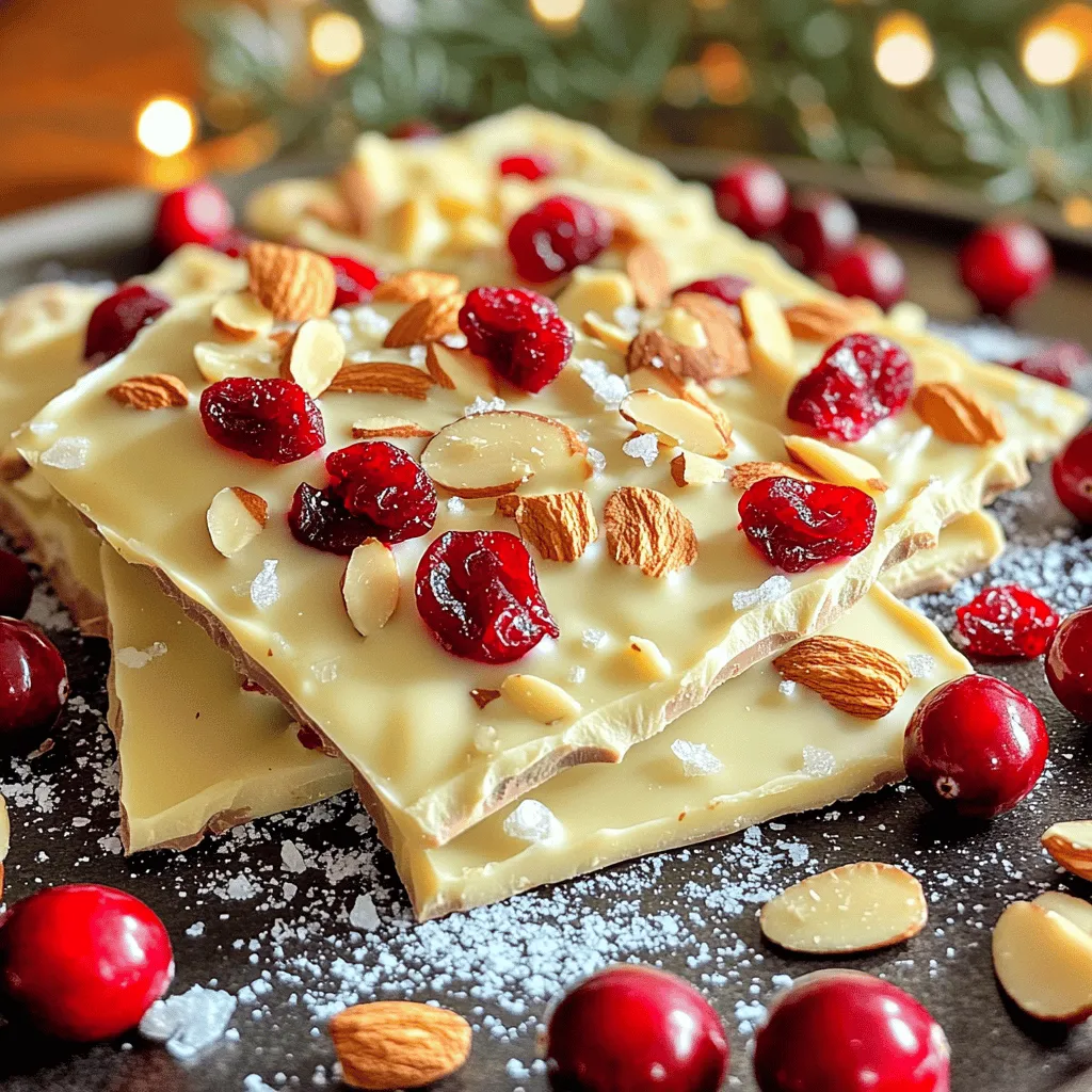To make this tasty treat, gather the following key ingredients: - 12 oz white chocolate chips - 1 cup dried cranberries - 1 cup roasted unsalted almonds, roughly chopped - 1/2 cup sliced almonds, for topping - 1/4 teaspoon sea salt - 1 teaspoon vanilla extract These ingredients bring a mix of sweet and crunchy. The white chocolate adds a creamy base, while cranberries give a tart kick. The almonds add a satisfying crunch. For more texture, consider adding: - 1/4 cup chia seeds Chia seeds can enhance the bark’s crunch. They also add a boost of fiber and nutrients. Choosing good ingredients is key to great taste. - Choosing quality white chocolate: Select high-quality white chocolate chips. They melt smoothly and taste better. Look for brands with real cocoa butter. - Importance of fresh ingredients: Use fresh dried cranberries and nuts. Old ingredients can affect the flavor and texture of your bark. Freshness makes a big difference. Using these tips will help you create a more delicious No-Bake White Chocolate Cranberry Bark. Enjoy the fun of making this delightful treat! - First, you need to line an 8x8 inch baking dish with parchment paper. - Make sure to leave some paper hanging over the sides. This helps with easy removal later. - Now, take a microwave-safe bowl and place the white chocolate chips inside. - Melt the chocolate in 30-second bursts. Stir after each interval until it's smooth. - Be careful! Chocolate can burn if you microwave it too long. - Once the chocolate is melted, mix in the vanilla extract and sea salt. - Stir well until everything is combined. The sea salt gives a nice touch to the sweet chocolate. - Now add the dried cranberries and roughly chopped roasted almonds. - If you want some added crunch, toss in the chia seeds too. - Fold everything together gently until all pieces are coated with the chocolate. - Pour the mixture into the lined baking dish. - Use a spatula to spread it out evenly in the dish. - For a pretty finish, sprinkle sliced almonds on top. - Now, place the dish in the refrigerator. Let it chill for about 1-2 hours. - This helps the bark to set and hold its shape. - Once it's firm, lift it out using the parchment paper. - Cut it into squares or break it into pieces for serving. To prevent burned white chocolate, use low heat. Melt it in short bursts. Stir well between each interval. This keeps the chocolate smooth and creamy. If you rush, the chocolate can scorch. Scorched chocolate has a burnt taste. For even mixing, add each ingredient slowly. Stir gently as you add cranberries and nuts. This helps coat everything well. You want every piece covered in white chocolate. If the chocolate is too thick, add a little more chocolate. This creates a nice, smooth consistency. You want it spreadable but not runny. Chop the nuts into smaller pieces. This gives more crunch in each bite. Larger pieces can make the bark harder to cut. Aim for bite-sized chunks for best results. Serve your bark on a colorful platter. A festive look makes it more appealing. Add extra dried cranberries and sliced almonds on top. This adds color and texture. For special occasions, wrap pieces in clear bags. Tie them with ribbons for gifts. It’s a simple way to impress friends and family. {{image_2}} You can mix up the flavors in this bark. Try using milk or dark chocolate instead of white chocolate. Each type brings a unique taste. Dark chocolate adds a rich, bold flavor. Milk chocolate makes it sweeter and creamier. You can also add spices like cinnamon or nutmeg. These spices give the bark a warm, cozy twist. Just a pinch can brighten up the taste! Want to change the bark's nutrition? Swap out the nuts for seeds like sunflower or pumpkin seeds. This makes the bark nut-free. It’s a great option for those with allergies. If you want to keep it plant-based, use vegan chocolate. Many brands offer dairy-free chocolate chips. This way, everyone can enjoy the treat! You can adapt this bark for the seasons. In the fall, add chopped apples or pumpkin spice. In winter, consider peppermint candies for a festive touch. You could also use dried fruits like apricots in the summer. Each season brings new flavors to explore. Make the bark match your holiday themes for added fun! To keep your No-Bake White Chocolate Cranberry Bark fresh, use an airtight container. This helps maintain its taste and texture. I recommend storing it in the fridge. This way, it stays cool and firm. If you want to store the bark for longer, freezing is a great option. To freeze, cut the bark into pieces. Place the pieces in a single layer on a baking sheet. Freeze until solid, then transfer them to an airtight container. This bark can last up to three months in the freezer. When you’re ready to enjoy it, let it thaw in the fridge for a few hours. Check the bark for any changes. If it has an off smell or looks dry, it might be bad. You want to ensure it tastes fresh and sweet. If you notice any odd flavors or textures, it’s best to toss it out. Keeping an eye on these signs helps you enjoy the best flavor. The bark needs about 1 to 2 hours to set. I recommend checking it after one hour. The bark should be firm to the touch. If it feels soft, give it more time in the fridge. Yes, you can make some swaps! Here are common substitutions: - Use dark chocolate chips instead of white chocolate for a richer flavor. - Swap dried cranberries for dried cherries or raisins for a twist. - Almonds can be replaced with walnuts or pecans if you prefer. Absolutely! This bark makes a lovely gift. Here are some packaging tips: - Use a clear cellophane bag to show off the bark's pretty colors. - Tie it with a festive ribbon for a nice touch. - You can also place it in a decorative tin for an extra special gift. This blog post covered the key ingredients for no-bake white chocolate cranberry bark, including how to choose quality items. I shared step-by-step instructions for preparation, mixing, and cooling. Tips on avoiding mistakes and enhancing texture were also included. With flavor and seasonal variations, you have endless chances for creativity. Remember, store your bark properly to keep it fresh and tasty. Make sure to have fun with this treat and share it with loved ones! Enjoy your delicious creation and the sweet moments it brings.