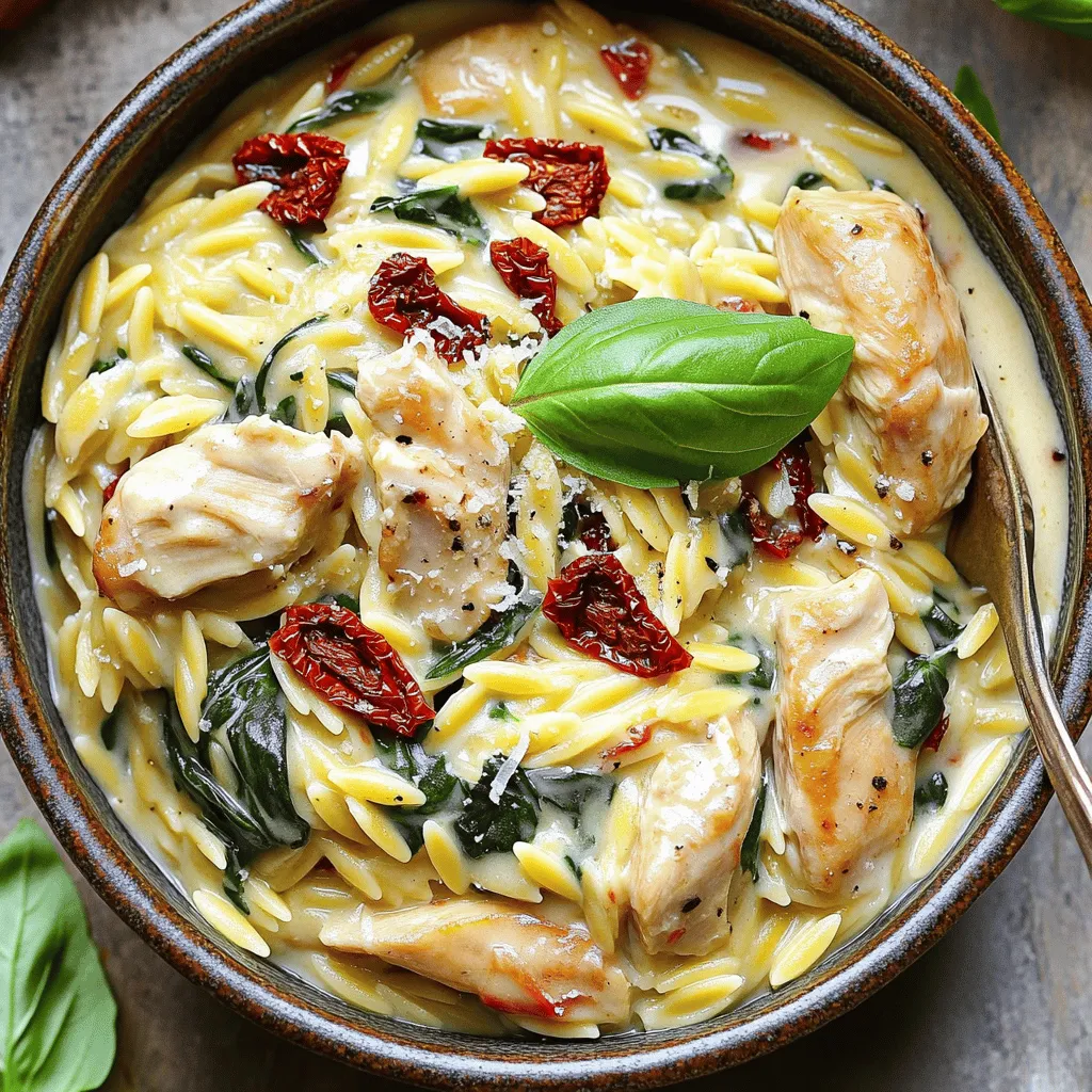 - 1 lb boneless, skinless chicken breasts - 1 tablespoon olive oil - 1 small onion - 3 cloves garlic - 1 cup sun-dried tomatoes - 1 teaspoon Italian seasoning - 4 cups chicken broth - 1 cup orzo pasta - 4 cups fresh spinach - 1 cup heavy cream or coconut milk - ½ cup grated Parmesan cheese - Salt and pepper - Fresh basil leaves for garnish - Coconut milk for a dairy-free option - Nutritional yeast instead of Parmesan cheese - Other leafy greens like kale or swiss chard The ingredients for this recipe bring vibrant flavors and textures together. Each one plays a key role in creating that creamy, Tuscan delight. The chicken provides protein. Sun-dried tomatoes offer a sweet and tangy burst. Spinach adds freshness, while the orzo gives a nice bite. If you want to switch things up, try coconut milk for a dairy-free dish. Nutritional yeast can easily replace Parmesan for a vegan option. You can also add leafy greens like kale or Swiss chard for extra nutrition. Explore these options and make this dish your own! To start, you need to prepare your ingredients. Cut the chicken into bite-sized pieces. This helps it cook evenly and makes it easy to eat. Next, chop the sun-dried tomatoes. They add a nice flavor and texture to the dish. Then, dice the onion and mince the garlic. Both ingredients will bring out rich flavors during cooking. Now it's time to cook. Turn on the Instant Pot and select the sauté mode. Add the olive oil. When hot, toss in the diced onion. Sauté for about 3-4 minutes, until the onion is translucent. Then, stir in the minced garlic and cook for 30 seconds more. The aroma will be amazing! Next, add the chicken pieces to the pot. Season with salt and pepper. Sauté for about 5-7 minutes until the chicken starts to brown. Then, mix in the chopped sun-dried tomatoes and Italian seasoning. Stir everything well. Pour in the chicken broth and add the orzo pasta. Make sure the pasta is submerged. Close the lid of the Instant Pot, set the valve to sealing, and cook on high pressure for 6 minutes. Once the time is up, perform a quick release. Be careful when opening the lid. Stir in the fresh spinach and let it wilt in the hot pasta. Next, pour in the heavy cream and add the Parmesan cheese. Stir until creamy and well combined. Adjust the seasoning with more salt and pepper if needed. Let it sit for a couple of minutes for the sauce to thicken. Enjoy your creamy, flavorful dish! - Adjusting seasoning to taste: Start with salt and pepper. After cooking, taste and add more if needed. This makes a big difference. - Mixing in cream gradually for consistency: Pour the cream slowly while stirring. This helps you see the texture change. You want it smooth and creamy. - How to thicken the sauce if necessary: If your sauce is too thin, turn on sauté mode. Let it simmer for a few minutes. This will help it thicken nicely. - Using different proteins: You can swap chicken for shrimp or turkey. Each choice brings a unique flavor and feel to the dish. Just adjust the cooking time to fit. - Adding more vegetables: Want to sneak in more veggies? Try adding bell peppers or zucchini. These add color, taste, and nutrients. - Best ways to serve: Serve in bowls and top with fresh basil. A sprinkle of Parmesan cheese adds a nice touch, too. It looks great and tastes even better. - Pairing with sides or salads: This dish goes well with a light salad. A fresh green salad or garlic bread complements the creamy flavors perfectly. {{image_2}} Each serving of Instant Pot Creamy Tuscan Chicken Orzo has around: - Calories: 600 - Protein: 40g - Carbohydrates: 60g - Fats: 25g This dish packs a punch with lean protein from chicken. The orzo adds carbs, giving you energy. Spinach brings vitamins A and C, while sun-dried tomatoes add antioxidants. The heavy cream gives richness and calcium. Using coconut milk can make it lighter and dairy-free. For those who need gluten-free meals, simply swap orzo for gluten-free pasta. You can also use quinoa for a protein boost. If you want a vegetarian or vegan meal, replace the chicken with chickpeas. Use coconut milk and nutritional yeast instead of cream and cheese. This way, you keep the creaminess while making it plant-based. After you enjoy your meal, store leftovers right away. Let the dish cool before putting it in the fridge. Use airtight containers to keep it fresh. I recommend glass containers because they hold heat well. They also help avoid spills. Label your containers with the date. This way, you know when to use them. You can reheat your leftovers in two main ways: the microwave or stovetop. For the microwave, place a portion in a bowl. Cover it with a damp paper towel to keep moisture. Heat in short bursts, stirring every minute. For stovetop reheating, add a splash of chicken broth to your orzo in a pan. Stir over low heat until warmed through. This method keeps the texture nice. Always taste and adjust the seasoning if needed. Enjoy your creamy dish again! How long does it take to make Instant Pot Creamy Tuscan Chicken Orzo? It takes about 30 minutes from start to finish. You spend 10 minutes prepping the ingredients and 20 minutes cooking. This quick time makes it perfect for busy days. Can I use different pasta types? Yes, you can swap orzo for other small pasta like ditalini or even gluten-free options. Just adjust the cooking time based on the pasta you choose. Keep an eye on it to ensure it cooks well. Is it possible to make this dish ahead of time? Absolutely! You can cook it and store it in the fridge for up to three days. Just reheat it gently on the stove or in the microwave. Add a splash of broth for creaminess. How do I make a lighter version of this dish? To lighten it up, use coconut milk instead of heavy cream. You can also skip the cheese or use nutritional yeast for flavor. Consider adding more veggies to increase fiber and nutrients. What can I add for extra protein? You can add cooked shrimp or turkey. Chickpeas are a great plant-based protein option too. Just stir them in at the end to warm through. Enjoy experimenting with proteins you love! This blog post laid out a simple recipe for Instant Pot Creamy Tuscan Chicken Orzo. You learned about the main ingredients, cooking steps, and tips to enhance flavor. Each point helps you create a tasty meal at home. Remember, you can get creative with substitutes and variations. Adjust the recipe to fit your tastes. Enjoy cooking and share your delicious results!