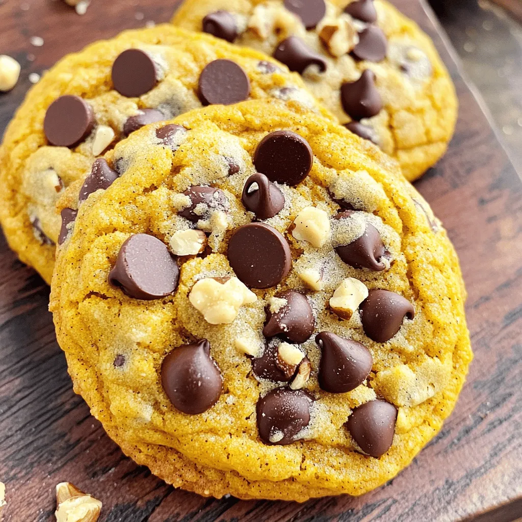 - 1 cup canned pumpkin puree - 1/2 cup unsalted butter, softened - 1 cup brown sugar - 1/2 cup granulated sugar You need canned pumpkin puree for moisture and flavor. It makes the cookies soft and chewy. Use unsalted butter that is softened. This helps create a nice texture. Brown sugar adds depth and richness, while granulated sugar gives a sweet touch. - 2 cups all-purpose flour - 1 teaspoon baking soda - 1 teaspoon baking powder - 1 teaspoon ground cinnamon - 1/2 teaspoon ground nutmeg - 1/4 teaspoon ground ginger - 1/4 teaspoon salt All-purpose flour is key for structure. Baking soda and baking powder help the cookies rise. The spices bring warmth and flavor. Cinnamon is a must, and nutmeg and ginger add a lovely kick. - 1 cup semi-sweet chocolate chips - 1/2 cup chopped walnuts Chocolate chips create a sweet surprise in each bite. They melt slightly and add richness. Walnuts give a nice crunch and nutty flavor, but they are optional. You can skip them if you prefer a pure chocolate experience. - Preheat your oven to 350°F (175°C). - Line a baking sheet with parchment paper. This helps cookies bake evenly. - In a large bowl, cream together softened butter, brown sugar, and granulated sugar. - Mix until the mixture is light and fluffy. This takes about two minutes. - Add the canned pumpkin puree, one egg, and vanilla extract. Mix until everything is smooth. - In another bowl, whisk together all-purpose flour, baking soda, baking powder, cinnamon, nutmeg, ginger, and salt. - Gradually add the dry mix to the wet mixture. Stir gently until just combined. - Be careful not to overmix; this keeps cookies chewy. - Fold in the chocolate chips and walnuts if you choose to use them. - Use a rounded tablespoon to drop dough onto the prepared baking sheet. - Leave space between each cookie for spreading. - Bake for 12-15 minutes. The edges should be lightly golden. - The centers might look soft, but they'll firm up as they cool. - Let the cookies sit on the baking sheet for 5 minutes before moving them to a wire rack. To make these cookies chewy, you must not overmix. When you mix the dough too much, it makes the cookies tough. Just stir until you see no dry flour. Use softened butter at room temperature. This helps create a nice texture. Cold butter will not blend well with sugar. This is key for a chewy cookie. Spices make these cookies shine. I suggest using: - 1 teaspoon ground cinnamon - 1/2 teaspoon ground nutmeg - 1/4 teaspoon ground ginger These spices add warmth and depth. For the best taste, use high-quality chocolate chips. They make a big difference in flavor and melt nicely. Give your cookies space on the baking sheet. I recommend leaving about 2 inches between each cookie. This allows them to spread and bake evenly. For cooling, let them sit for 5 minutes on the baking sheet. This helps them firm up. After that, move them to a wire rack to cool completely. This step is crucial for the best texture. {{image_2}} You can change the flavor of your cookies easily. Try adding spices like cloves or allspice. These spices give a warm taste. You can also switch the chocolate. Use white chocolate or butterscotch chips instead. This twist adds a new layer of sweetness. Each option brings its own special touch. Want a gluten-free version? Replace all-purpose flour with almond or coconut flour. Both work well in this recipe. If you need vegan cookies, swap out the butter and egg. Use coconut oil for butter and a flax egg instead. Just mix one tablespoon of flaxseed meal with three tablespoons of water. Let it sit for a few minutes. This mix acts like an egg. Add seasonal flavors to your cookies. Dried fruits like cranberries add a nice chew. They also bring a tart taste that balances the sweetness. You can mix in seeds like pumpkin or sunflower seeds. They add crunch and extra nutrients. These simple changes make your cookies even more delightful. To keep your chewy pumpkin chocolate chip cookies fresh, use an airtight container. This type of container helps maintain moisture and flavor. Store them at room temperature for up to one week. If you want to keep them longer, refrigerate them. In the fridge, they last about two weeks, but the texture may change slightly. Freezing is a great way to save these cookies for later. To freeze raw dough, scoop it onto a baking sheet. Space the dough balls apart and freeze until firm. Then, transfer them to a freezer-safe bag. They can last for up to three months. When you’re ready to bake, simply thaw the dough in the fridge overnight, then bake as usual. If your cookies lose their chewiness, don’t worry! You can bring them back. For best results, heat them in the oven at 300°F for about 5-10 minutes. This method revives their texture. You can also use the microwave. Heat one cookie for about 10-15 seconds. This method is quick but may not restore the chewy texture as well as the oven. Yes, you can use fresh pumpkin. To prepare it, roast or steam the pumpkin until soft. Then, mash it until smooth. Fresh pumpkin may give a different texture but is a great option. The cookies are done when the edges turn light golden. The centers may look soft. They will firm up as they cool. Trust your eyes; they should not look wet. You can replace walnuts with pecans or almonds. If you prefer no nuts, simply leave them out. The cookies still taste great without them. Absolutely! You can freeze these cookies. Place them in an airtight container. They stay fresh for up to three months. Just thaw at room temperature before enjoying. To lower the sweetness, reduce the brown and granulated sugar. You can cut each by a quarter cup. This will help balance the flavors without losing that chewy texture. This guide covers everything you need for delicious cookies. We explored main and dry ingredients, plus optional add-ins for flavor. I walked you through preparation, mixing, and baking steps, ensuring chewy texture and taste. Variations allow for creativity while accommodating dietary needs. Remember to store your cookies right to keep them fresh. With these tips, you’ll enjoy every bite. Happy baking!