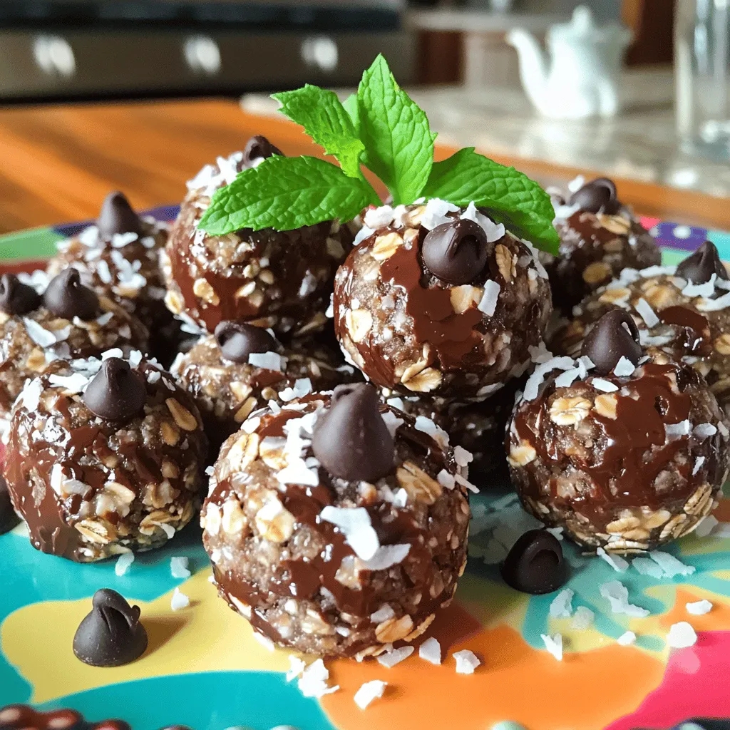 To make No-Bake Peppermint Chocolate Energy Bites, you need a few simple ingredients. Here’s what you will need: - 1 cup rolled oats - ½ cup almond butter (or peanut butter) - ¼ cup honey or maple syrup - ¼ cup unsweetened cocoa powder - 1 teaspoon vanilla extract - ¼ teaspoon peppermint extract - ½ cup dark chocolate chips (or dairy-free chips) - ¼ cup shredded coconut (unsweetened) - Pinch of sea salt These ingredients work together to create a tasty and healthy snack. The rolled oats provide a good base, while almond or peanut butter adds creaminess and protein. Honey or maple syrup sweetens the bites, and cocoa powder gives them rich flavor. Vanilla and peppermint extracts add depth and a festive touch. Dark chocolate chips bring in a sweet surprise, and shredded coconut adds a nice texture. Finally, a pinch of sea salt balances the sweetness. Each bite is packed with energy, making them perfect for a quick snack or a post-workout boost. Keep these ingredients handy, and you’ll whip up these energy bites in no time! 1. In a large mixing bowl, combine the base ingredients. Use the following: - 1 cup rolled oats - ½ cup almond butter (or peanut butter) - ¼ cup honey or maple syrup - ¼ cup unsweetened cocoa powder - 1 teaspoon vanilla extract - ¼ teaspoon peppermint extract 2. Mix these ingredients well. You want a sticky consistency. If it feels too dry, add more almond butter or syrup. 3. Now, fold in the dark chocolate chips and shredded coconut along with a pinch of sea salt. Make sure everything is evenly mixed. 1. Take a tablespoon of the mixture and scoop it out. Roll it into a ball with your hands. 2. Repeat this until you use all the mixture. Place each ball on a lined baking sheet. 1. Refrigerate the energy bites for at least 30 minutes. This will help them firm up. 2. Before serving, check that the bites are firm. Enjoy these tasty snacks anytime! To make the best No-Bake Peppermint Chocolate Energy Bites, consider adjusting the sweetness. You can do this by using more or less honey or maple syrup. Each choice changes the flavor a bit, so try both to find your favorite. Make sure the mixture isn’t too dry or too sticky. If it feels dry, just add a bit more almond butter or syrup. If it’s too sticky, add a few more oats. The right texture helps the bites hold together well. For serving, get creative! You can arrange the energy bites in a pretty jar. This makes them look nice and is great for gifts. You can also place them on a colorful plate. Sprinkle a little shredded coconut on top for extra appeal. These bites are perfect for quick snacks or post-workout treats. With a nice display, they can be a fun addition to any gathering. Enjoy sharing them with friends and family! {{image_2}} Want to switch things up? You can easily change the nut butter. Almond butter works great, but peanut butter is also tasty. If you need a nut-free option, try sunflower seed butter. It gives a nice flavor too. You can also swap the sweetener. Instead of honey, use maple syrup for a vegan choice. Agave syrup is another good option, as it adds sweetness without strong flavor. Adding spices can elevate your energy bites. Try a dash of cinnamon or a bit of cayenne for a kick. You can also add a splash of almond extract for a unique twist. Mix-ins can make these bites even better. Chopped nuts like walnuts or pecans add crunch. Seeds like chia or flaxseed boost nutrition. Dried fruit like cranberries or raisins can add sweetness and chewiness. Get creative and make these bites your own! To keep your no-bake peppermint chocolate energy bites fresh, use an airtight container. Glass or plastic containers work well. Make sure the lid seals tightly. Store them in the fridge for up to one week. If you want them to last longer, store them in the freezer. You can freeze these energy bites for future snacks. First, place the bites in a single layer on a baking sheet. Freeze them for about one hour. After that, transfer the frozen bites to an airtight container or a freezer bag. They will stay good for up to three months. When you want to enjoy them again, take out the number of bites you need. Place them in the fridge to thaw overnight. You can also let them sit at room temperature for about 30 minutes. This way, they will be ready to eat! Yes, you can easily make these bites gluten-free. Just use certified gluten-free oats. This small change keeps the recipe safe for those with gluten sensitivities. These no-bake energy bites last about one week in the fridge. If you want them to last longer, store them in the freezer. They can stay good for up to three months when frozen. You can skip the chocolate if you want a lighter flavor. Try adding more coconut or a dash of cinnamon for extra taste. Yes, there are nut-free options. You can use sunflower seed butter instead of almond or peanut butter. This swap keeps the recipe safe for those with nut allergies while still being delicious. You now have a simple, tasty energy bite recipe to try. We covered key ingredients, preparation steps, and helpful tips. I shared ideas for variations and good storage practices too. These bites fit any diet, are easy to make, and are great for any time. Experiment and find your favorite mix-ins and flavors. Enjoy making these healthy treats as much as I do!