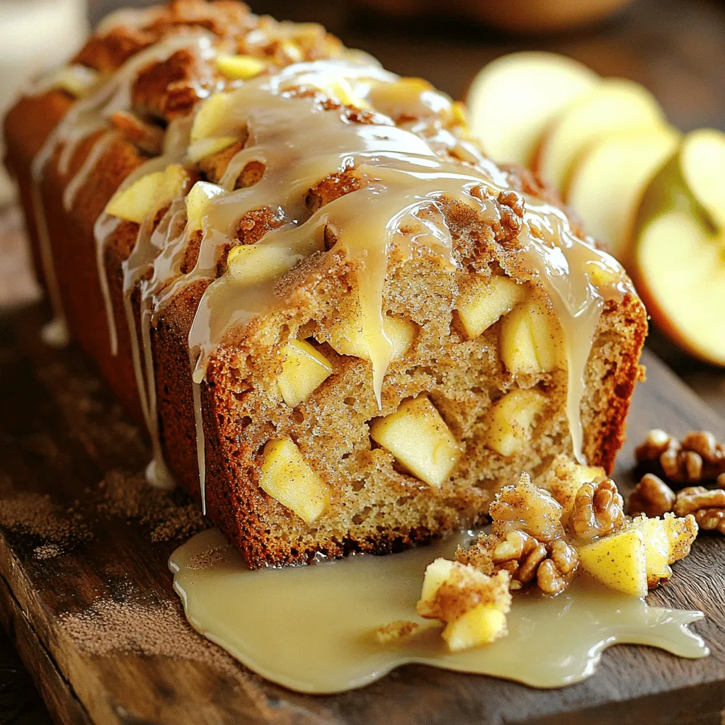 To make Cinnamon Apple Bread, gather these main ingredients: - 2 cups all-purpose flour - 1 teaspoon baking powder - 1/2 teaspoon baking soda - 1 teaspoon ground cinnamon - 1/2 teaspoon salt - 1/2 cup granulated sugar - 1/4 cup brown sugar, packed - 1/2 cup unsalted butter, melted - 1 large egg - 1 teaspoon vanilla extract - 1 cup apples, peeled and diced (about 2 medium apples) - 1/4 cup walnuts or pecans, chopped (optional) These ingredients bring sweetness and warmth. The combination of apples and cinnamon is simply perfect. You can add these optional ingredients for extra flavor and texture: - 1/4 cup walnuts or pecans, chopped - 1/4 teaspoon nutmeg (for a spicy kick) Adding nuts gives a nice crunch. Nutmeg adds a warm spice that complements the cinnamon. If you need alternatives, here are some ideas: - Use whole wheat flour instead of all-purpose flour for a healthier option. - Swap granulated sugar with coconut sugar for a lower glycemic index. - Replace unsalted butter with coconut oil for a dairy-free choice. - Use flaxseed meal mixed with water as an egg substitute for a vegan option. These substitutions can help you adjust the recipe to fit your needs. Cooking should be fun and flexible! Start by preheating your oven to 350°F (175°C). This way, your bread bakes evenly. Grease a 9x5 inch loaf pan with non-stick spray or butter. Make sure the entire pan is coated well. This helps the bread slide out easily after baking. In a medium bowl, mix together the dry ingredients. Combine 2 cups of all-purpose flour, 1 teaspoon of baking powder, 1/2 teaspoon of baking soda, 1 teaspoon of ground cinnamon, and 1/2 teaspoon of salt. Whisk them well to blend. This step ensures your bread rises correctly and has a nice flavor. In a large mixing bowl, add 1/2 cup of granulated sugar, 1/4 cup of packed brown sugar, and 1/2 cup of melted unsalted butter. Mix these ingredients until they are well blended. Next, crack in 1 large egg and pour in 1 teaspoon of vanilla extract. Whisk everything together until smooth. This mixture provides moisture and sweetness to the bread. Now, gradually add the dry ingredients to the wet mixture. Stir gently until just combined. Be careful not to overmix; a few lumps are okay. This keeps the bread light and fluffy. Fold in 1 cup of peeled and diced apples and 1/4 cup of chopped nuts if you want extra flavor. Ensure they are evenly mixed throughout the batter. Pour the batter into your prepared loaf pan. Use a spatula to smooth the top. Place the pan in the oven and bake for 50-60 minutes. To check if it's done, insert a toothpick into the center. If it comes out clean, your bread is ready. The smell in your kitchen will be delightful. After baking, take the loaf out of the oven. Let it cool in the pan for about 10 minutes. Then, transfer it to a wire rack to cool completely. While the bread cools, prepare the glaze. In a small bowl, whisk together 1 cup of powdered sugar, 2 tablespoons of milk, 1/2 teaspoon of vanilla extract, and 1/2 teaspoon of ground cinnamon. Drizzle this glaze over the cooled bread, letting it flow down the sides. Enjoy the warm, tasty treat! To get the right texture in your cinnamon apple bread, follow these steps: - Choose the Right Apples: Use firm apples like Granny Smith or Honeycrisp. They hold their shape well. - Don’t Overmix: When you combine the wet and dry ingredients, mix just until you see no flour. Overmixing can make the bread tough. - Check Oven Temperature: Make sure your oven is at the right temperature. An oven thermometer helps with this. To keep your bread fresh, store it properly: - Cool Completely: Let the bread cool on a wire rack before storage. This prevents sogginess. - Wrap It Up: Use plastic wrap or foil to cover the bread tightly. This keeps it moist. - Room Temperature: Store it at room temperature for up to three days. If you need it longer, freeze it. This bread is tasty on its own, but here are some great serving ideas: - Warm Slices: Serve warm slices with butter for a cozy treat. - Add Glaze: Drizzle extra glaze over each slice for a sweet touch. - Pair with Ice Cream: A scoop of vanilla ice cream on warm bread makes a lovely dessert. - Garnish: Add a sprinkle of cinnamon or a few apple slices to make it look nice. {{image_2}} You can boost the flavor of your cinnamon apple bread with some fun add-ins. Here are a few ideas: - Dried Fruits: Add raisins or cranberries for a sweet twist. - Spices: Try adding nutmeg or ginger for a warm kick. - Zest: A bit of orange or lemon zest can brighten the flavor. - Nuts: Chopped walnuts or pecans add a nice crunch. These options let you customize your bread to your taste. Experiment with different combinations to find your favorite! While the glaze in the recipe is tasty, you can change it up to suit your style. Here are some alternatives: - Maple Glaze: Swap out the milk for pure maple syrup and skip the cinnamon. - Cream Cheese Glaze: Mix cream cheese with powdered sugar and a bit of milk for a rich topping. - Chocolate Drizzle: Melt dark or white chocolate and drizzle it over the bread for a sweet surprise. These glazes can add a fun twist and make your bread even more special. If you need a gluten-free version, it’s easy to adapt this recipe. Use gluten-free all-purpose flour instead of regular flour. Make sure it has xanthan gum for proper texture. Also, check that your baking powder and baking soda are gluten-free. With these changes, you can enjoy the same delicious flavors without the gluten! To keep leftover cinnamon apple bread fresh, wrap it tightly in plastic wrap. This helps keep moisture in. You can also place it in an airtight container. Store it at room temperature for up to three days. If you want to keep it longer, consider freezing. To freeze the bread, let it cool completely first. Wrap it in plastic wrap, then in aluminum foil. This double wrapping helps prevent freezer burn. You can freeze it for up to three months. When you are ready to enjoy it, just thaw it in the fridge overnight. To reheat, slice the bread for quick warming. Place slices in a toaster or toaster oven. Heat for about three to five minutes. If you prefer, you can warm the whole loaf in a preheated oven at 350°F for about 10 to 15 minutes. This method brings back the fresh-baked taste. Yes, you can use many apple types. Sweet apples like Fuji or Honeycrisp add great flavor. Tart apples like Granny Smith give a nice contrast. Mixing apple types can also bring out unique tastes. Just make sure to peel and dice them before adding to the batter. To check if the bread is done, insert a toothpick into the center. If it comes out clean, the bread is ready. If it has wet batter on it, bake a little longer. The bread should be golden brown on top. It should spring back when lightly pressed. Cinnamon apple bread pairs well with many things. You can serve it warm with butter for a simple treat. Cream cheese adds a nice tangy flavor. A scoop of vanilla ice cream on the side is a tasty choice too. You can also enjoy it with a cup of coffee or tea. Yes, you can make this recipe vegan. Replace the egg with a flax egg or applesauce. Use a plant-based butter instead of regular butter. For the milk in the glaze, use almond, soy, or oat milk. This way, you can enjoy this sweet bread without animal products. In this article, we explored the key ingredients needed for delicious Cinnamon Apple Bread. We covered step-by-step instructions for preparing, mixing, and baking. You learned helpful tips to achieve the best texture and ways to store your bread for freshness. We also discussed tasty variations, such as gluten-free options. Remember, baking is personal. Don’t hesitate to make it your own by adding flavors you love. Happy baking!