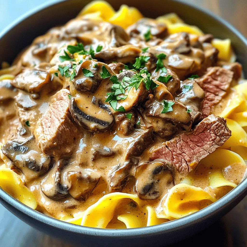 - 500g beef sirloin, thinly sliced - 200g mushrooms, sliced - 300g egg noodles - 2 tablespoons olive oil - 1 medium onion, finely chopped - 2 garlic cloves, minced - 1 teaspoon smoked paprika - 1 teaspoon Dijon mustard - 300ml beef broth - 150ml crème fraîche - Salt and pepper to taste - Fresh parsley, chopped (for garnish) For Gordon Ramsay's Beef Stroganoff, you need a mix of fresh and simple items. First, the beef sirloin is key. It gives the dish great flavor and tenderness. Thinly slice it to cook evenly. The mushrooms add earthiness. They soak up the sauce and make each bite rich. Next, the egg noodles are the perfect base. They hold the creamy sauce well. Cook them just right for a soft, chewy texture. Now, let's talk about the seasoning and sauce. Olive oil helps to sauté the beef and veggies. The onion and garlic bring sweetness and depth. Smoked paprika adds a nice warmth, while Dijon mustard gives a tangy kick. The beef broth is the heart of the sauce. It adds a meaty base, and the crème fraîche makes it creamy. Finally, don’t forget salt and pepper for balance. A sprinkle of fresh parsley at the end adds a pop of color and freshness. These ingredients come together to create a dish that is both simple and stunning. Enjoy the process! To start, cook the egg noodles as the package says. Use a large pot of boiling water. Add a pinch of salt to the water for flavor. Stir the noodles gently to prevent sticking. Cook until they are just tender, about 8-10 minutes. Once done, drain them well in a colander. It’s important to set them aside so they don’t get mushy in the sauce. Next, we sear the beef. Heat 1 tablespoon of olive oil in a large pan over high heat. Add the sliced beef in batches. This helps it brown nicely. Sear for 2-3 minutes on each side until it has a good color. Once seared, remove the beef from the pan. Set it aside on a plate. This keeps it juicy for later. In the same pan, add the remaining olive oil. Toss in the chopped onion and sauté for about 2 minutes. You want them soft and translucent. Then, add the minced garlic and sliced mushrooms. Cook for another 5 minutes. This step builds great flavor as the mushrooms brown and the garlic releases its aroma. Now, let’s make the sauce. Stir in the smoked paprika and Dijon mustard with the vegetables. Then, pour in the beef broth. Bring it to a gentle simmer. Let it reduce for about 5 minutes. This thickens the sauce and deepens the flavor. Lower the heat and stir in the crème fraîche. Mix it well until creamy. Now, add the cooked beef back to the pan. Season with salt and pepper to taste. Let everything simmer together for another 3-4 minutes. This allows all the flavors to blend perfectly. Finally, toss the cooked egg noodles into the stroganoff. Gently mix them in the sauce until they are well coated. You want every noodle to soak up the creamy goodness. Serve it hot, topped with fresh parsley for a burst of color. Enjoy this dish with some crusty bread to soak up the sauce! To make a perfect beef stroganoff, I follow a few best practices. First, always use thin slices of beef sirloin. This helps the meat cook quickly and stay tender. I sear the beef in batches. This way, each piece gets a nice brown color. If you crowd the pan, the beef will steam instead of sear. To avoid overcooking the beef, I remove it from the pan as soon as it browns. I then add it back at the end. This keeps it juicy and tender. For the noodles, I cook them just until al dente. If they cook too long, they can become mushy in the sauce. To add more flavor, I often use smoked paprika and Dijon mustard. These spices give a nice depth to the dish. You can also add fresh thyme or a hint of nutmeg. Both enhance the sauce's richness. If you want to boost the sauce’s depth, try adding a splash of red wine. It adds a lovely complexity that pairs well with beef. Just simmer it for a few minutes to cook off the alcohol. Plating is key for a beautiful beef stroganoff. I serve it in deep bowls. This keeps the sauce from spilling over. I always sprinkle fresh parsley on top. It adds a touch of color and freshness. For garnishing, I place a sprig of parsley on the side. It looks nice and complements the dish. You might also serve it with crusty bread. This helps soak up the creamy sauce and makes it even more enjoyable. {{image_2}} You can change the beef in this dish. Use chicken for a lighter option. Tofu works well for a vegetarian choice. Both options keep the dish tasty and satisfying. If you want, try mushrooms as the main protein. They soak up flavors and add a nice texture. For a creamy substitute, consider using sour cream instead of crème fraîche. Greek yogurt is also a great choice for a tangy twist. If you want a lighter sauce, try mixing in some vegetable broth. This makes the dish less rich, but still delicious. If you need gluten-free options, use rice noodles or zucchini noodles. They cook quickly and taste great with the sauce. Other pasta types like fettuccine or penne can work too. Each type brings its own flavor and texture to the dish, so feel free to experiment! To store leftovers properly, let the beef stroganoff cool. Place it in an airtight container. It will stay fresh in the fridge for about three days. If you want to keep it longer, you can freeze it. Beef stroganoff lasts up to three months in the freezer. Just make sure to use a freezer-safe container to avoid freezer burn. The best way to reheat stroganoff is in a pan over low heat. Stir it often to heat it evenly. You can also microwave it. Place the stroganoff in a bowl and cover it. Heat in short bursts, stirring in between. To maintain creaminess and flavor, add a splash of beef broth or water while reheating. This helps to keep the sauce smooth and prevents it from getting too thick. Enjoy your leftovers just as much as the first time! You can make Beef Stroganoff ahead of time by cooking the dish completely, then cooling it. Store it in an airtight container in the fridge for up to three days. When ready to eat, reheat it gently on the stove. You may need to add a splash of beef broth or water to maintain creaminess. Beef Stroganoff pairs well with: - Egg noodles - Rice - Mashed potatoes - Crusty bread - Steamed vegetables These sides soak up the rich sauce and balance the dish. Yes, you can use other cuts of beef. Options include: - Flank steak - Tenderloin - Chuck roast Just remember to slice them thinly for quick cooking. Beef Stroganoff can be part of a balanced diet. It contains protein from beef and nutrients from mushrooms and onions. To make it healthier, use less crème fraîche or substitute with yogurt. Serve it with vegetables for added fiber. To make a dairy-free Beef Stroganoff, replace crème fraîche with: - Coconut cream - Cashew cream - Dairy-free yogurt Use the same amount as the original recipe. This keeps the dish creamy and delicious. This article detailed how to craft a delicious beef stroganoff. We covered ingredients, from sirloin to sauce, along with clear steps for cooking. I shared tips for perfect noodles and beef, plus flavor and presentation ideas. You can also explore variations that fit your needs, whether vegetarian or gluten-free. Remember, proper storage and reheating keep your stroganoff tasting great. With these insights, you can enjoy a tasty dish any night. Happy cooking!