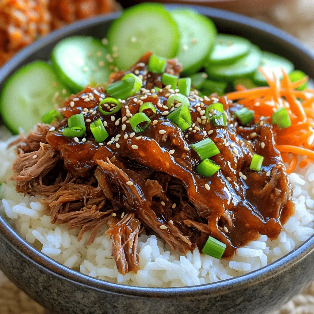 - 2 lbs beef chuck roast, trimmed and cut into 1-inch cubes - 1/2 cup soy sauce (low sodium) - 1/2 cup brown sugar - 1/4 cup sesame oil - 1/4 cup rice vinegar - 1 tablespoon minced garlic - 1 tablespoon grated ginger - 1 tablespoon sesame seeds - 2 green onions, chopped (for garnish) - 4 cups cooked jasmine rice - 1 cup shredded carrots - 1 cup sliced cucumbers - Optional: Kimchi for serving The main ingredients make this dish special. The beef chuck roast is tender and rich. The soy sauce adds a salty depth. Brown sugar balances the saltiness with its sweetness. Sesame oil gives a nutty flavor that ties everything together. In the additional ingredients, rice vinegar adds a hint of tang that brightens the dish. Minced garlic brings a nice aroma and flavor. Grated ginger adds warmth, making the dish even better. Lastly, sesame seeds give a little crunch and a nutty touch. For garnishes and sides, green onions add freshness and color. Cooked jasmine rice is a great base that soaks up all the flavors. Shredded carrots and sliced cucumbers add crunch and color. Kimchi, if you like, gives a spicy kick that complements the dish well. This mix of flavors and textures makes each bite a treat. To start, you need to make the marinade. In a large bowl, whisk together: - 1/2 cup soy sauce - 1/2 cup brown sugar - 1/4 cup sesame oil - 1/4 cup rice vinegar - 1 tablespoon minced garlic - 1 tablespoon grated ginger This mix gives the beef a rich, sweet, and tangy taste. Make sure to whisk until everything is well blended. Proper blending ensures that every bite of beef soaks up that delicious flavor. Next, it’s time to coat the beef. Place 2 lbs of cubed beef chuck roast into the slow cooker. Pour the marinade over the beef, making sure every piece is well coated. Sprinkle 1 tablespoon of sesame seeds on top and stir gently. Now, cover the slow cooker. You can set it to cook on low for 7-8 hours. If you’re in a hurry, use the high setting for 3-4 hours. The beef will be tender and easily shredded once it’s done cooking. After cooking, it’s time to shred the beef. Use two forks to shred the beef right in the slow cooker. Mix it well into the sauce for extra flavor. To serve, spoon 4 cups of cooked jasmine rice into bowls. Then, top each bowl generously with the shredded Korean BBQ beef. For garnishes, add: - 2 chopped green onions - 1 cup shredded carrots - 1 cup sliced cucumbers If you like, serve with kimchi on the side. It adds a nice kick and completes the dish perfectly. Enjoy your Slow Cooker Korean BBQ Beef Bowls! - Using the right cut of beef: I recommend using beef chuck roast. This cut is tough but becomes tender when slow-cooked. The marbling in chuck adds rich flavor and moisture. - Marinade tips for maximum flavor: Marinating is key. Mix soy sauce, brown sugar, sesame oil, rice vinegar, minced garlic, and grated ginger. Let the beef soak in the marinade for at least 30 minutes. This helps the flavors seep in deeply. - Preparing ingredients in advance: Chop your vegetables and mix your marinade a day ahead. This cuts down on prep time when you're ready to cook. You can store the chopped veggies in the fridge. - Batch cooking for future meals: Make extra beef and freeze it in portions. You can use it for quick lunches or dinners later. Just reheat and serve with fresh rice and veggies. - Arranging bowls attractively: Use a large bowl for the rice. Place the shredded beef on top, then add the veggies around it. This makes the dish colorful and inviting. - Adding color and texture: Include bright garnishes, like chopped green onions and shredded carrots. Sliced cucumbers add crunch. You can also serve kimchi on the side for a pop of flavor. {{image_2}} You can change the protein if you like. Instead of beef chuck roast, try chicken thighs or pork shoulder. They cook well and soak up the flavor. If you need a gluten-free option, use tamari instead of soy sauce. It gives the same taste without gluten. Want a kick? Add chili paste to the marinade. Just a little will make it spicy. Adjust to your taste. To make it sweeter, stir in more honey. This balances the soy sauce nicely. You can switch up the rice too. Try brown rice or quinoa for a healthier twist. For toppings, consider adding bell peppers or avocado. They add color and taste to your bowl. To store leftovers, let the beef cool down first. Place it in an airtight container. It helps keep the meat fresh. Use it within 3 to 4 days for the best taste. You can freeze this dish too! Divide the beef and rice into meal-sized portions. Use freezer-safe bags or containers. Remove as much air as possible before sealing. This helps prevent freezer burn. It stays good for up to 3 months. When you want to eat it, take it out of the freezer. Put it in the fridge overnight to thaw. If you need it faster, use the microwave on defrost. When you are ready to eat, reheat the beef in a pot or microwave. If using a pot, add a splash of water to keep it moist. Heat until warm. For the best flavor and texture, serve it over fresh rice. Enjoy it with fresh veggies for a crunch! Yes, you can use other cuts. Flank steak or brisket work well. They also have good flavor. Just adjust cooking time if needed. The goal is tender beef. Leftovers stay good for about 3 to 4 days in the fridge. Store them in an airtight container. This keeps them fresh. Just reheat when you’re ready to enjoy again. You can prepare the beef and sauce ahead of time. Just store them separately. Combine and cook them when you’re ready. This saves time on busy days. Serve your bowls with jasmine rice, shredded carrots, and cucumbers. Kimchi adds a nice kick. You can also include other veggies or pickled items for more flavor. Yes, this recipe is great for meal prep. The beef freezes well too. Portion the bowls with rice and veggies. This way, you have meals ready for the week. This blog post covered creating tasty Korean BBQ beef bowls. We explored key ingredients like beef chuck roast and soy sauce. I shared step-by-step instructions for a perfect marinade and slow cooking process. You learned tips to enhance flavor and presentation. For a delicious meal, remember to customize your bowls with your favorite garnishes and sides. Enjoy experimenting with ingredients and make it your own. Happy cooking!