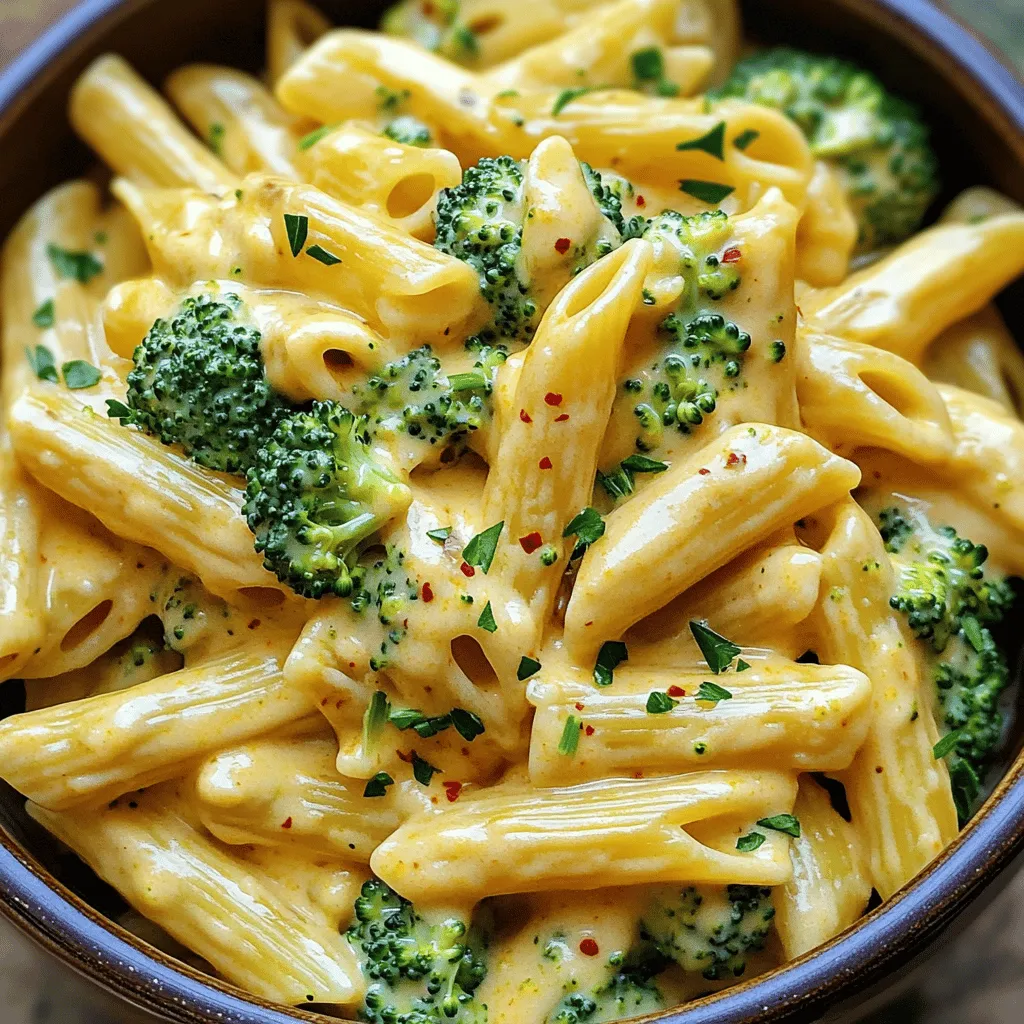 - 8 oz (about 225g) pasta of choice (e.g., penne, fusilli) - 2 cups fresh broccoli florets - 1 cup sharp cheddar cheese, shredded - 1 cup heavy cream - 1/2 cup vegetable broth - 1/2 cup grated Parmesan cheese - 2 cloves garlic, minced - 1 tablespoon olive oil - Salt and pepper to taste - 1/4 teaspoon crushed red pepper flakes (optional) - Fresh parsley for garnish If you don’t have sharp cheddar, use mild cheddar or even gouda. For a lighter dish, swap heavy cream with half-and-half or coconut milk. You can use chicken broth instead of vegetable broth for extra flavor. If you want a gluten-free meal, choose gluten-free pasta. To add more greens, feel free to mix in spinach or peas. Always select fresh broccoli. Look for bright green florets and firm stems. When choosing cheese, pick blocks of cheese over pre-shredded for better melting. High-quality pasta cooks better and holds the sauce well. Use fresh garlic for the best taste. It adds a strong flavor that elevates the dish. Start by boiling salted water in a large pot. Add 8 oz of your favorite pasta. Cook it until it is al dente, which usually takes about 8-10 minutes. With just 3 minutes left, toss in 2 cups of fresh broccoli florets. This cooks the broccoli perfectly without losing its bright color. When done, drain the pasta and broccoli. Save 1/2 cup of the pasta water for later. In the same pot, heat 1 tablespoon of olive oil over medium heat. Add 2 cloves of minced garlic and sauté them for about 1 minute. The garlic should smell amazing, but be careful not to burn it. Next, pour in 1/2 cup of vegetable broth and 1 cup of heavy cream. Stir the mixture and bring it to a gentle simmer. Gradually add the reserved pasta water until it reaches the creaminess you like. Now, lower the heat. Stir in 1 cup of sharp cheddar cheese and 1/2 cup of grated Parmesan cheese. Mix until it melts and becomes smooth. Season with salt, pepper, and crushed red pepper flakes if you want a little heat. Finally, add the cooked pasta and broccoli to the sauce, tossing gently to coat everything in that creamy goodness. To get that creamy texture, start with heavy cream. This thick cream gives the sauce its rich feel. Add vegetable broth for extra flavor and to thin the sauce. When mixing in the cheeses, turn the heat down. This helps them melt smoothly without clumping. If the sauce is too thick, add a bit of the reserved pasta water. This water helps achieve the right creaminess. Broccoli cooks fast. To keep it bright and crisp, add it to the pasta pot during the last three minutes of cooking. This way, the broccoli stays tender but not mushy. If you cook it too long, it loses its green color and crunch. Keep an eye on the clock to time it just right. For leftovers, let the pasta cool before storing it. Place it in an airtight container. The pasta will keep well in the fridge for up to three days. To reheat, do it slowly on low heat. You can add a splash of heavy cream or pasta water to help restore creaminess. Avoid reheating in the microwave, as it can dry out the dish. {{image_2}} You can make this dish heartier by adding protein. Chicken and shrimp work great. For chicken, use cooked, shredded meat. Add it to the sauce when you mix in the cheese. For shrimp, cook them in the same pot as the garlic. Sauté them until they turn pink. Then, add the sauce and pasta. You’ll have a filling meal that everyone will love. If you want a vegetarian twist, skip the meat. You can add other veggies instead. Peas, bell peppers, or spinach add color and flavor. Just sauté them along with the garlic. Toss them in with the pasta and sauce. This makes the dish fresh and fun while keeping it meat-free. Want to change the flavor? Try different cheeses! Swap the sharp cheddar for gouda or mozzarella. This will give a new taste and texture. You can also mix cheese types for depth. Add a touch of cream cheese for extra creaminess. Each choice brings its own charm, making every meal unique. To store your creamy broccoli cheddar pasta, let it cool first. Place the pasta in an airtight container. This keeps it fresh and prevents drying. You can store it in the fridge for up to three days. Make sure to label the container with the date. This helps you remember when you made it. When you’re ready to enjoy leftovers, reheat them gently. You can use the microwave or a pot on the stove. If using a microwave, place the pasta in a bowl. Add a splash of water or broth to keep it moist. Heat in short bursts, stirring in between. If reheating on the stove, use low heat. Stir often to avoid burning the cheese. You can freeze creamy broccoli cheddar pasta, but it may change texture. To freeze, let it cool completely. Transfer the pasta to a freezer-safe container. Seal tightly to prevent freezer burn. It can last up to three months in the freezer. When ready to eat, thaw it overnight in the fridge. Reheat as mentioned above for the best results. Yes, you can prepare this dish ahead of time. Cook the pasta and broccoli as usual. Then, store them in the fridge. Keep the cheese sauce separate to maintain creaminess. When ready to eat, reheat the sauce and mix everything together. You can use many pasta types for this dish. I suggest penne or fusilli for good sauce clinging. Other shapes like shells or rotini also work well. Just pick your favorite pasta and enjoy! Yes, you can swap heavy cream for half-and-half or whole milk. The sauce will be lighter, but still tasty. If you want a non-dairy option, try cashew cream or coconut milk. Adjust seasonings to balance flavors. To make this dish gluten-free, use gluten-free pasta. Many brands offer great options that taste good. Just check the package for cooking times. The rest of the ingredients are gluten-free, so you’re all set! You learned how to make Broccoli Cheddar Pasta from scratch. We covered key ingredients and helpful tips. You saw how to cook, combine, and store your dish. Remember, you can add proteins or spice things up with different cheeses. Focus on preventing overcooked broccoli and achieving creamy sauce. With these steps, you can enjoy a tasty meal anytime. Now, take this knowledge and create a dish that impresses your family and friends. Your cooking journey just got a whole lot better!