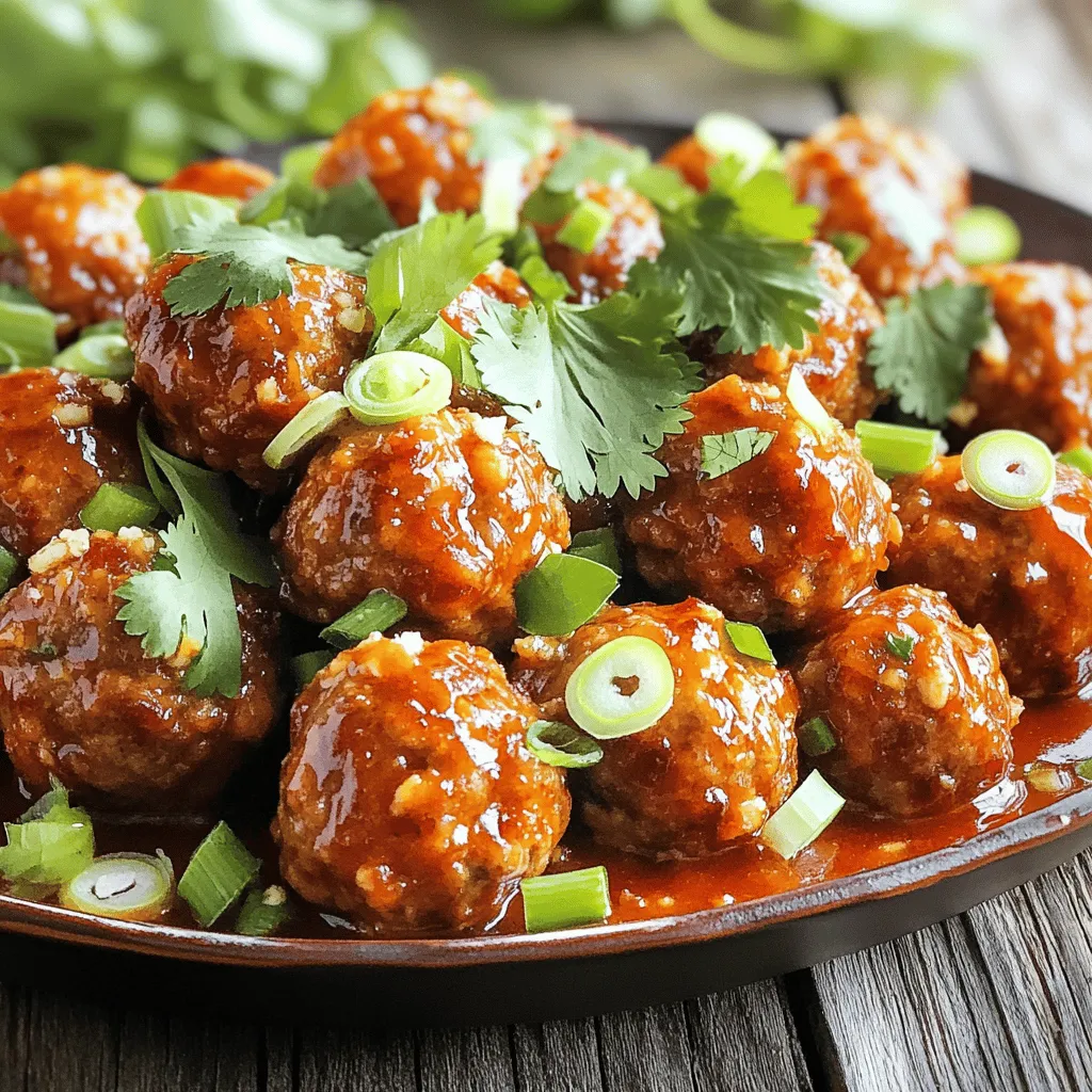 To make these tasty meatballs, you need a few key items: - 1 pound ground beef - ½ pound ground turkey - 1 cup breadcrumbs - 1 large egg - 3 cloves garlic, minced - 1 teaspoon ginger, minced - ½ cup green onions, sliced These meats provide a nice mix of flavor. The breadcrumbs keep them moist and give them a good texture. The garlic and ginger add a nice kick to the dish. To boost the flavor, use: - 1 tablespoon soy sauce - 1 tablespoon sesame oil - 1 cup sweet chili sauce - 1 tablespoon rice vinegar - 1 teaspoon sriracha (optional for extra heat) - Salt and pepper to taste Soy sauce and sesame oil add depth to the meatballs. Sweet chili sauce brings sweetness and heat, while rice vinegar gives brightness. Sriracha is for those who like it hot! To finish off your dish, use: - Fresh cilantro for garnish Garnish with cilantro for a fresh touch. Serve these meatballs with rice or noodles for a complete meal. They also work well as appetizers at parties! To make the meatball mix, start with a large bowl. Add 1 pound of ground beef and ½ pound of ground turkey. Then, toss in 1 cup of breadcrumbs and 1 large egg. Next, add 3 cloves of minced garlic and 1 teaspoon of minced ginger. Include ½ cup of sliced green onions, 1 tablespoon of soy sauce, and 1 tablespoon of sesame oil. Season with salt and pepper to taste. Use your hands to mix everything together. Be gentle; overmixing can make them tough. Roll the mixture into 1-inch meatballs and place them on a baking sheet. Browning the meatballs adds extra flavor. Heat a non-stick skillet over medium heat. Place a few meatballs in the skillet, about 3-4 at a time. Cook them for about 3-4 minutes, turning until they are brown all over. If you prefer a quicker method, you can skip this step and move to the slow cooking. In a separate bowl, mix together 1 cup of sweet chili sauce, 1 tablespoon of rice vinegar, and 1 teaspoon of sriracha for a kick. Once your meatballs are browned, transfer them to the slow cooker. Pour the sweet chili sauce mixture over the meatballs, making sure they are well coated. Cover the slow cooker and set it to low for 4-6 hours or high for 2-3 hours. When the meatballs are cooked through and tender, gently stir them to coat in the sauce. For a fresh touch, garnish with chopped cilantro before serving. To get the best meatball texture, mix your ingredients well. Use your hands, but don’t overmix. Overmixing can make meatballs tough. A good mix binds the meat and keeps them juicy. Aim for a mixture that holds together but is not too dense. For great sauce flavor, balance is key. Combine sweet chili sauce, rice vinegar, and sriracha for a kick. Taste test as you mix; adjust to your liking. Adding soy sauce and sesame oil deepens the flavor. Fresh cilantro at the end adds a burst of freshness. If you're short on time, use the high setting for 2-3 hours. This still gives tender meatballs. For more flavor, cook on low for 4-6 hours. This longer time allows flavors to meld better. Either way, check that your meatballs reach 165°F for safety. {{image_2}} You can switch up the protein in these meatballs. Instead of beef and turkey, try chicken or pork. Ground chicken gives a lighter taste. Ground pork adds richness and flavor. You can also use plant-based meats for a vegan option. The texture and taste may change, but they can still be delicious. You control the heat in your meatballs. If you like spice, add more sriracha. You could also mix in some crushed red pepper flakes. For a mild version, leave out the sriracha entirely. Taste the sauce first and adjust it to your liking. Everyone can enjoy their bowl of meatballs, no matter the heat level. While sweet chili sauce is great, you can try other sauces too. Teriyaki sauce adds a sweet and savory touch. A peanut sauce gives a nutty flavor that pairs well. You can even serve the meatballs with a tangy BBQ sauce. Each sauce brings a new twist to the dish. Experiment to find your favorite! Once you enjoy your sweet chili meatballs, store leftovers in an airtight container. This keeps them fresh. Make sure to let them cool before sealing. They will stay good in the fridge for up to three days. Label your container to remember when you made them. When you are ready to eat your leftovers, you can reheat them in several ways. The microwave is quick and easy. Heat them on medium for about one to two minutes. Stir halfway through for even heat. You can also reheat them on the stove. Just add a splash of water or sauce to keep them moist. If you want to save meatballs for later, freezing is a great option. Place them in a single layer on a baking sheet. Freeze for about an hour until firm. Then, transfer them to a freezer bag. Remove air from the bag to avoid freezer burn. They will last for up to three months in the freezer. When ready to use, thaw them overnight in the fridge. Then, reheat as usual. Yes, you can use pre-made meatballs. They save time and still taste great. Just choose a brand you like. Heat them in your slow cooker with the sweet chili sauce. Cook on low for about 4 hours. This method works well for busy days. To make the recipe gluten-free, swap regular breadcrumbs for gluten-free ones. Also, use gluten-free soy sauce. Many brands offer this option. Check labels to ensure they are safe. This way, you can enjoy the dish without worry. Sweet chili meatballs pair well with several sides. Try serving them with rice or noodles. You can also add steamed broccoli or a fresh salad. These options balance the sweet and spicy flavors nicely. Leftovers can last in the fridge for up to four days. Keep them in an airtight container. Reheat in the microwave or on the stove. Ensure they reach a safe temperature before eating. Enjoy your tasty meatballs again! This blog post covered how to make sweet chili meatballs. We explored the main and extra ingredients that add great flavor. I shared step-by-step instructions for preparing and cooking the meatballs. You also learned tips for the best texture and sauce taste. We discussed variations to customize your meal and how to store leftovers. Remember, sweet chili meatballs are fun and easy to make. Enjoy experimenting with flavors and sharing them with friends!