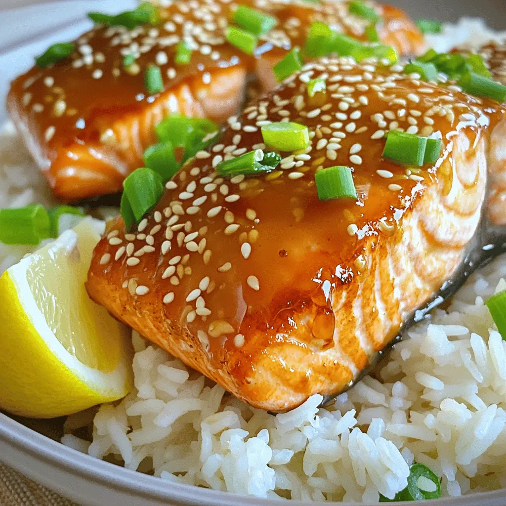 To make Air Fryer Honey Garlic Salmon, you need these main ingredients: - 4 salmon fillets (about 6 oz each) - 3 tablespoons honey - 3 cloves garlic, minced - 2 tablespoons soy sauce (or tamari for gluten-free option) - 1 tablespoon fresh ginger, grated - 1 tablespoon olive oil - Salt and pepper, to taste These garnishes can add a nice touch to your dish: - 1 tablespoon sesame seeds - 2 green onions, sliced You can swap some ingredients if needed. Here are a few ideas: - Use maple syrup instead of honey for a different flavor. - Replace soy sauce with coconut aminos for a soy-free option. - If you don't have fresh ginger, ground ginger can work in a pinch. Feel free to mix it up! Cooking should be fun and easy. To start, you need to make the marinade. In a small bowl, whisk together: - 3 tablespoons honey - 3 cloves garlic, minced - 2 tablespoons soy sauce - 1 tablespoon fresh ginger, grated - 1 tablespoon olive oil This mixture gives the salmon a great flavor. Next, place your 4 salmon fillets in a large resealable plastic bag or a shallow dish. Pour the honey garlic mixture over the fillets. Make sure each piece is well-coated. Seal or cover the dish. Let the salmon marinate for at least 30 minutes. For more flavor, you can refrigerate it for up to 2 hours. While your salmon marinates, preheat your air fryer to 375°F (190°C). This step is important for cooking the salmon evenly. After preheating, take the salmon out of the marinade. Let the excess marinade drip off so it won’t make a mess in the air fryer. Season the fillets lightly with salt and pepper. Now it's time to cook! Arrange the salmon fillets in the air fryer basket. Make sure they are in a single layer and not overcrowded. You may need to cook in batches if your air fryer is small. Air fry the salmon for 8-10 minutes. The salmon is done when it reaches an internal temperature of 145°F (63°C). The top should look golden and slightly caramelized. When done, carefully remove the salmon from the air fryer. If desired, drizzle any leftover marinade on top. Garnish with sesame seeds and sliced green onions before serving. To get crispy salmon, you need to start with dry fillets. Pat each salmon piece with a paper towel before cooking. This helps remove extra moisture. Next, season the fish with salt and pepper. The seasoning adds flavor and helps with crust formation. When placing the salmon in the air fryer, avoid crowding. Give each piece space to cook evenly. Cooking at 375°F (190°C) ensures a perfect cook. Check the salmon after 8 minutes. If it looks golden and flaky, it's ready. One common mistake is not marinating long enough. At least 30 minutes in the marinade is best. If you have time, go for 2 hours. This enhances the flavor. Another mistake is using too much marinade. Let the excess drip off before cooking. This prevents soggy salmon. Also, don't skip the salt and pepper. They add essential taste. Lastly, avoid opening the air fryer too often. This lets heat escape and can slow cooking time. To boost the flavor of your honey garlic salmon, consider adding a splash of lime juice. The acidity brightens the dish. You can also try adding chili flakes for heat. If you like herbs, sprinkle fresh cilantro or parsley on top. For a sweet twist, mix in some orange zest in the marinade. You can also serve the salmon over flavored rice, like coconut or jasmine. This gives a nice touch to your meal. Don’t forget to drizzle leftover marinade on before serving. It’s packed with flavor! {{image_2}} You can easily change the flavor by using different marinades. Try a teriyaki blend for a sweet taste. Or use lemon juice with herbs for a fresh twist. You can even mix in some spicy sriracha for a kick! The key is to balance the flavors. Just remember to keep the base of honey and garlic. This will keep it tasty. Salmon isn't the only fish that works well here. You can use trout or tilapia for a lighter option. Each fish has its own texture and flavor. Adjust the cooking time based on thickness. Thinner fish cook faster, while thicker ones take longer. This way, you can enjoy different fish meals with the same recipe. Adding veggies to your dish makes it even better. You can air fry asparagus or broccoli alongside the salmon. Just season them with olive oil, salt, and pepper. They cook fast and add color to your plate. Serve your salmon on a bed of rice or quinoa for a complete meal. You can also add a side salad for crunch. This makes your dinner fun and healthy! After enjoying your air fryer honey garlic salmon, you might have leftovers. Store any uneaten salmon in an airtight container. This keeps it fresh and tasty. Place the container in the fridge. Leftover salmon stays good for about three days. When you’re ready to eat the leftover salmon, reheating properly is key. I recommend using the air fryer again. It keeps the salmon crispy. Set your air fryer to 350°F (175°C). Heat the salmon for about 5 minutes. Check it to make sure it’s warm all the way through. If you want to save salmon for later, freezing works well. Wrap each piece tightly in plastic wrap. Then, place the wrapped salmon in a freezer bag. Remove as much air as possible. Frozen salmon can last for up to three months. When you’re ready to use it, thaw in the fridge overnight. This keeps the flavor and texture nice. You should cook salmon in an air fryer for 8 to 10 minutes. This timing ensures your salmon cooks through while staying juicy. The ideal internal temperature is 145°F. If you like a crispier top, you can cook it a minute or two longer. Just keep an eye on it to avoid overcooking. Yes, you can use frozen salmon. Just add a few extra minutes to the cooking time. I recommend thawing it first for the best flavor and texture. If you cook it from frozen, ensure it reaches the same internal temperature of 145°F. The marinade will still work well, but fresh salmon absorbs flavors better. Honey garlic salmon pairs wonderfully with many sides. Here are some great options: - Steamed rice or quinoa for a filling base. - Roasted vegetables for added crunch and nutrition. - A fresh salad for a light touch. - Mashed potatoes for a comforting side. Experiment with these options to create a balanced meal that suits your taste! This blog post covered how to make tasty air fryer salmon. We explored key ingredients and cooking steps. You learned tips to get crispy fish and avoid common mistakes. We also shared variations to keep meals exciting and storage tips for leftovers. In summary, cooking salmon in an air fryer is simple and fun. Try different flavors and enjoy your dish!