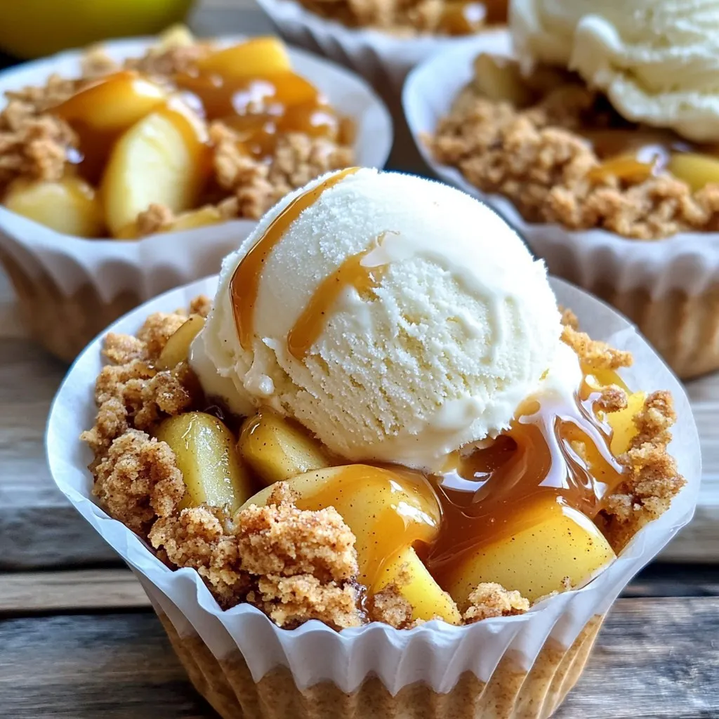 - Apples: - Use 4 medium apples. I like Granny Smith for a tart taste. Honeycrisp adds sweetness. Both work well for this dish. - Other Essential Ingredients: - 1 tablespoon lemon juice - 1 teaspoon ground cinnamon - 1/4 cup brown sugar - 1 cup all-purpose flour - 1/2 cup old-fashioned oats - 1/3 cup granulated sugar - 1/2 cup unsalted butter, melted - 1/4 teaspoon salt - 1/2 cup store-bought salted caramel sauce (plus extra for drizzling) - Optional Ingredients for Serving: - You can add a scoop of vanilla ice cream on top. It pairs well with the warm crumble. An extra drizzle of salted caramel makes it even better! Prepping and Marinating Start by peeling and dicing your apples. I like to use Granny Smith or Honeycrisp apples for their tartness. In a large bowl, mix the diced apples with one tablespoon of lemon juice, one teaspoon of ground cinnamon, and a quarter cup of brown sugar. This mix needs about ten minutes to marinate. The lemon juice brightens the apple flavor. The cinnamon and brown sugar add warmth and sweetness. Key Tips for Flavor Enhancement To enhance the apple flavor, try adding a pinch of nutmeg along with the cinnamon. You can also use other sweeteners like maple syrup. This adds depth and makes the apples even tastier. If you want a stronger taste, let the apples marinate longer. Combining Dry Ingredients In another bowl, combine one cup of all-purpose flour, half a cup of old-fashioned oats, and one-third cup of granulated sugar. Add a quarter teaspoon of salt to balance the sweetness. Then, pour in half a cup of melted unsalted butter. Mix until the mixture looks crumbly. This crumbly texture is key for a delicious topping. The Importance of Consistency The crumble should have a mix of small and bigger pieces. This gives your crumble a nice crunch. If it’s too wet, add more flour. If it’s too dry, a bit more butter can help. The right texture makes every bite enjoyable. Layering in the Muffin Tin Preheat your oven to 350°F (175°C). Line a muffin tin with parchment paper liners. Start by dividing half of the crumble mixture into the cups. Press it down to form a solid base. Next, spoon the marinated apple mixture over the crumble. Fill each cup well to ensure a good apple flavor in every bite. Baking Time and Temperature Guidelines After adding the apple layer, sprinkle the remaining crumble mixture on top. Bake in the preheated oven for 25-30 minutes. Look for golden-brown tops and tender apples. Once done, let the muffin tin cool for about ten minutes. Drizzle salted caramel sauce over each cup just before serving for a sweet finish. - Overloading the Apple Filling It’s easy to add too many apples. This makes the cups soggy. Stick to the recipe. Use just enough apples to cover the crumble base. This helps keep the texture nice. - Baking Time Miscalculations Every oven is a bit different. Check your cups at 25 minutes. If they look golden brown, they are ready. If not, add a few more minutes. Keep an eye on them to avoid burning. - Adding Spices or Flavorings You can boost the flavor with spices. Try adding nutmeg or ginger for warmth. A splash of vanilla extract can also add depth. Just a little can go a long way. - Best Practices for Caramel Drizzling For the best drizzle, warm the salted caramel sauce. This makes it easier to pour. Use a spoon or squeeze bottle for neat lines. Drizzle right before serving for the best look and taste. {{image_2}} When I think about making these salted caramel apple crumble cups healthier, I explore a few options. - Gluten-Free Options: You can swap all-purpose flour for gluten-free flour. This change keeps the taste while making it safe for those with gluten issues. - Reducing Sugar Content: Cut the sugar in the apple filling. You can use just two tablespoons of brown sugar instead of a quarter cup. This way, the apples shine through without too much sweetness. You can be creative with the fruits in this recipe. - Seasonal Fruit Suggestions: Use pears in the fall or fresh berries in the summer. Both will add a nice twist to the flavors. - Mixing with Berries or Pears: Try adding blueberries or raspberries for a burst of flavor. Mixing apples with pears gives a nice, soft texture. Switching up the toppings can make your cups even better. - Crunchy Nut Variations: Try adding chopped pecans or walnuts on top. They add a great crunch and flavor contrast. - Swapping Caramel for Other Sauces: Instead of salted caramel, drizzle chocolate sauce or a homemade berry sauce. This change makes each cup unique and delightful. To keep your Salted Caramel Apple Crumble Cups fresh, let them cool first. Place them in an airtight container. Store them in the fridge at 40°F (4°C) or below. They will stay tasty for up to three days. For best results, use parchment paper or wax paper between layers. This method helps avoid sticking. If you want to enjoy them warm, just reheat them in the microwave. Heat them for about 20-30 seconds. You can freeze your Salted Caramel Apple Crumble Cups. It’s best to freeze them after baking. Make sure they are completely cool. Wrap each cup tightly in plastic wrap, then place them in a freezer-safe bag. They will last for up to three months. To thaw, move them to the fridge for a few hours or overnight. For reheating, warm them in the oven at 350°F (175°C) for about 10 minutes. This way, the crumble stays crunchy, and the apples warm up nicely. To make these tasty cups, follow these steps: 1. Prep the Oven: Preheat your oven to 350°F (175°C). 2. Toss Apples: In a bowl, mix diced apples with lemon juice, cinnamon, and brown sugar. Let it sit for 10 minutes. 3. Make Crumble: In another bowl, combine flour, oats, granulated sugar, melted butter, and salt until crumbly. 4. Layer the Cups: Line a muffin tin with parchment liners. Press half of the crumble mixture into the bottom of each cup. 5. Add Apple Filling: Spoon the marinated apple mixture over the crumble in each cup. 6. Top with Crumble: Sprinkle the rest of the crumble on top of the apples. 7. Bake: Place in the oven and bake for 25-30 minutes, or until golden and soft. 8. Cool and Serve: Let them cool for 10 minutes and drizzle with salted caramel before enjoying. Yes, you can use various apples. Granny Smith apples give a tart taste. Honeycrisp apples offer a sweet crunch. Other good options include Fuji and Gala for sweetness. Mixing apple types can add nice flavor layers. Experiment to find your favorite combo. To keep the crumble crunchy, follow these tips: - Use Fresh Apples: Older apples release more juice. Fresh apples stay firmer. - Don’t Overfill: Avoid adding too many apples. A balanced layer works best. - Bake Until Golden: Make sure the crumble is golden brown. This ensures a nice crisp. - Cool Before Serving: Let the cups cool a bit. This helps set the texture before you dig in. This blog post covered how to make delicious Salted Caramel Apple Crumble Cups. We discussed the key ingredients, including apple types and essential spices. I provided easy steps for prepping, baking, and storing these tasty treats. Remember to avoid common mistakes like overloading the filling. You can also explore variations with different fruits or toppings. Now, you’re ready to impress your friends and family with your new baking skills. Enjoy every bite of your homemade cups!