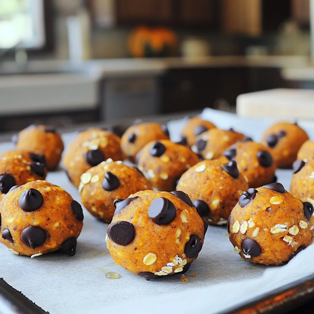 - 1 cup pure pumpkin puree - 1/2 cup almond butter (or nut butter of choice) - 1/4 cup honey or maple syrup The main ingredients give these protein balls a tasty base. Pure pumpkin puree adds moisture and flavor. Almond butter provides healthy fats and protein. You can use any nut butter you like. Honey or maple syrup adds sweetness and binds the mixture together. - 1/2 cup rolled oats - 1/2 cup vanilla protein powder - 1 teaspoon pumpkin pie spice Rolled oats add fiber and texture. They help make the balls filling. Vanilla protein powder boosts the protein content. Pumpkin pie spice brings in that warm, cozy flavor we love. This blend makes each bite special. - 1/2 teaspoon ground cinnamon - 1/3 cup dark chocolate chips - A pinch of salt Cinnamon enhances the autumn flavor. Dark chocolate chips add a sweet touch. A pinch of salt balances the flavors and brings out the sweetness. Together, these flavors make each protein ball a treat to enjoy. - First, take a large mixing bowl. - Combine 1 cup of pure pumpkin puree, 1/2 cup of almond butter, and 1/4 cup of honey or maple syrup. - Mix these ingredients until smooth. This step makes a creamy base for our protein balls. - Now, add 1/2 cup of rolled oats, 1/2 cup of vanilla protein powder, 1 teaspoon of pumpkin pie spice, 1/2 teaspoon of cinnamon, and a pinch of salt. - Stir everything together. Make sure each ingredient is well mixed. This adds flavor and nutrition. - Next, fold in 1/3 cup of dark chocolate chips. Ensure they are evenly spread within the mixture. - Cover the bowl and chill it in the fridge for about 30 minutes. This makes the mixture easier to handle. - After chilling, scoop out tablespoon-sized portions. Roll each portion into a ball using your palms. - Place the protein balls on a baking sheet lined with parchment paper. You can enjoy these right away or store them for later. To make the mixture easier to handle, chill it. After mixing, cover the bowl and place it in the fridge for about 30 minutes. This helps solidify the ingredients. If you find the mixture too thick, add a little more pumpkin puree. This will help with the texture. For sweetness, taste the mix before rolling. If you want it sweeter, add a bit more honey or maple syrup. If you have nut allergies, use sunflower seed butter or soy nut butter. These options work well and taste great too. For a vegan choice, swap honey with agave syrup or maple syrup. Both will keep the flavor rich and sweet. Adding nuts or seeds can give your protein balls a nice crunch. Try chopped walnuts or sunflower seeds. They add protein and healthy fats. You can also experiment with dried fruits like cranberries or raisins. These add natural sweetness and a chewy texture. Just chop them small so they mix well. {{image_2}} You can easily change the flavor of your protein balls. For instance, try adding nutmeg. This spice adds warm notes that pair well with pumpkin. You can also swap in white chocolate chips. They give a sweet twist to each bite. Use milk chocolate or even butterscotch chips for fun flavors. Not all protein powders are the same. You can choose plant-based options like pea protein or brown rice protein. These are great for vegans. If you want flavor, try chocolate or cookie dough protein powder. These choices can boost taste while adding nutrients. You can make your protein balls festive by adding cranberries. This adds a tart flavor and a pop of color. For special occasions, try seasonal spices like ginger or cloves. They bring a holiday warmth that makes these snacks extra special. Store your Pumpkin Chocolate Chip Protein Balls in an airtight container. This keeps them fresh. You can keep them in the fridge for up to one week. Make sure the lid is tight to avoid moisture. If you notice them getting dry, they might need a new container. For long-term storage, freeze the protein balls. Place them in a single layer on a baking sheet first. Once frozen, transfer them to a freezer-safe bag. This prevents them from sticking together. When you want to eat one, just take it out. Thaw the ball in the fridge overnight or at room temperature for a few hours. In the fridge, these protein balls last about seven days. Look for signs that they may no longer be good to eat. If they smell off or look dry, it's best to toss them. Freshness is key for enjoying this healthy snack. Yes, you can easily make these protein balls nut-free. Instead of almond butter, use sunflower seed butter or pumpkin seed butter. These options work well and keep the flavor rich. You can also try soy nut butter as another alternative. Each choice will give your protein balls a great texture and taste. Absolutely! These protein balls are perfect for meal prep. You can make a batch ahead of time and store them in the fridge. They last up to one week in an airtight container. For best results, roll them into balls and chill them first. This helps them hold their shape when stored. You can boost nutrition by adding chia seeds or flaxseeds for fiber and omega-3s. You can also include hemp seeds for extra protein. Mixing in some dried fruit, like cranberries or raisins, adds vitamins and sweetness. Lastly, consider using a plant-based protein powder for added health benefits. The blog covered how to make delicious Pumpkin Chocolate Chip Protein Balls. You learned about key ingredients like pumpkin puree and almond butter, as well as tips for mixing and chilling. We explored various substitutions and variations to suit your taste. These protein balls are not just tasty; they are a fun way to boost your nutrition. Enjoy making them for snacks or meal prep. You can customize them easily too. Happy cooking!