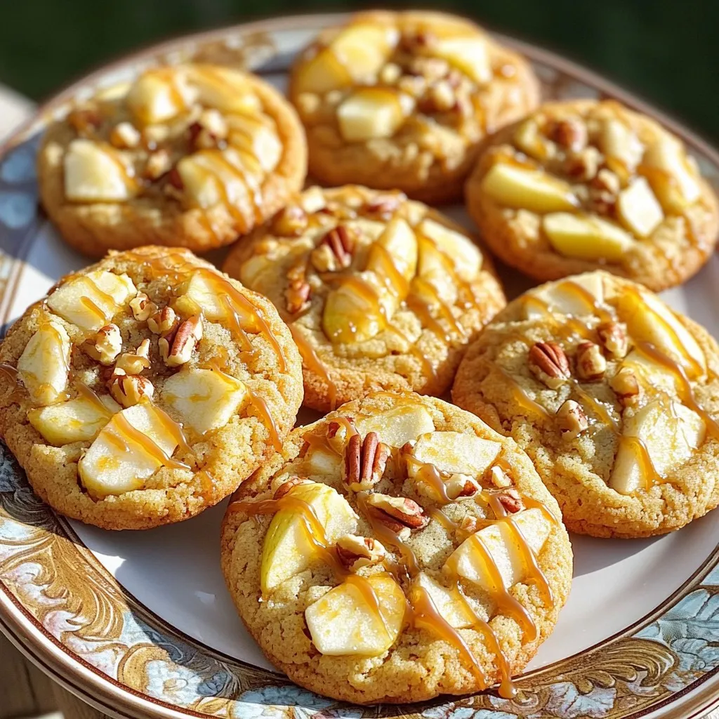 To make these caramel apple cheesecake cookies, gather these key items: - 1 cup unsalted butter, softened - 1 cup cream cheese, softened - 1 cup granulated sugar - 1 cup brown sugar, packed - 1 large egg - 1 teaspoon vanilla extract - 2 ½ cups all-purpose flour - 1 teaspoon baking soda - ½ teaspoon baking powder - ½ teaspoon salt - 1 teaspoon ground cinnamon - 1 cup diced Granny Smith apples - 1 cup caramel sauce, divided (plus extra for drizzling) - ½ cup chopped pecans or walnuts (optional) These ingredients create a rich, soft cookie with a burst of apple flavor and sweet caramel. You can add a few optional ingredients to customize your cookies: - ½ cup chopped pecans or walnuts for a nutty crunch - 1 teaspoon of nutmeg for extra warmth - A pinch of sea salt on top for added contrast These options let you play with flavors and textures, making each batch unique. You can swap some ingredients if needed: - Use light cream cheese for a lower-fat version. - Substitute coconut oil for butter if you want a dairy-free cookie. - Try using gluten-free flour for a gluten-free treat. These substitutions can help you adjust the recipe to fit your diet or preferences. Start by preheating your oven to 350°F (175°C). Line two baking sheets with parchment paper. In a large bowl, mix the softened butter and cream cheese. Add the granulated sugar and brown sugar. Beat until the mixture is light and fluffy. This step helps create a soft texture in your cookies. Next, crack in one large egg and add one teaspoon of vanilla extract. Mix these in until everything is well combined. In a separate bowl, whisk together 2 ½ cups of all-purpose flour, one teaspoon of baking soda, ½ teaspoon of baking powder, ½ teaspoon of salt, and one teaspoon of ground cinnamon. Slowly add the dry mix to the wet mix. Stir until just combined; don’t overmix. Gently fold in one cup of diced Granny Smith apples and ½ cup of caramel sauce. If you like, add ½ cup of chopped pecans or walnuts. This adds a nice crunch. The dough should feel thick and slightly sticky. Scoop tablespoon-sized portions of dough onto the prepared baking sheets. Space them about 2 inches apart. This allows room for spreading while baking. Bake the cookies for 12-15 minutes. Watch for lightly golden edges and soft centers. When done, remove them from the oven and cool on the baking sheets for about 5 minutes. After that, transfer the cookies to a wire rack. Let them cool completely before adding the caramel drizzle. Cooling them properly keeps them soft and chewy. Once your cookies are cool, it’s time to drizzle extra caramel sauce on top. Use the remaining caramel sauce from the recipe for this step. Drizzling adds a sweet finish and makes them look appealing. If you want, sprinkle some chopped nuts over the caramel drizzle for extra flair. Enjoy the cookies fresh or share them with friends and family for a sweet treat! To make soft and chewy cookies, start with room temperature butter and cream cheese. This helps blend them well, creating a rich dough. Use a mix of granulated and brown sugar. Brown sugar adds moisture and chewiness. Don't overmix the dough; mix until just combined. This keeps the cookies soft. Bake them until the edges are lightly golden. The centers may look under-cooked, but they will firm up as they cool. Accurate measuring is key to great cookies. Use dry measuring cups for flour and sugar. Level off the ingredient with a straight edge. For sticky items like brown sugar, pack it tightly into the cup. Use liquid measuring cups for wet ingredients. Pour in the liquid and check at eye level. This ensures you have the right amount. Remember to spoon flour into the cup instead of scooping. This prevents too much flour, which can make cookies dry. Presentation makes cookies even more tempting. Arrange the cookies on a pretty plate. Stack them in layers or fan them out. Drizzle extra caramel sauce over the top for a sweet touch. Add a sprinkle of chopped nuts for crunch and color. You can also place a few apple slices beside the cookies. This adds a nice pop of color and ties in the apple flavor. Enjoy serving these cookies at a gathering or as a special treat! {{image_2}} You can change the nuts in your caramel apple cheesecake cookies. Pecans and walnuts fit nicely. They add crunch and flavor. If you want more variety, try almonds or hazelnuts. Dried fruits also work well. You can add raisins or cranberries for a sweet twist. These choices make the cookies more fun and tasty. Making these cookies gluten-free is easy. Swap the all-purpose flour for a gluten-free blend. Check the blend has a good texture for cookies. For vegan cookies, use plant-based butter and cream cheese. Replace the egg with a flaxseed or chia seed mix. This adaption keeps the cookies soft and chewy. You still get the yummy caramel and apple flavor. You can spice up your cookies with seasonal flavors. Add a pinch of nutmeg or ginger for a warm taste. Pumpkin spice is great in fall. For winter, consider adding a bit of cardamom. These spices bring out the apple and caramel flavors. You can even add a splash of maple syrup for extra sweetness. Try these ideas to make your cookies fit any season. To keep your caramel apple cheesecake cookies fresh, start by letting them cool completely. Once cooled, place them in an airtight container. This helps keep them soft and chewy. I like to add a slice of bread in the container. The bread adds moisture, keeping the cookies from drying out. If you want to save some cookies for later, freezing is a great idea. You can freeze the cookies either baked or unbaked. For baked cookies, let them cool, then wrap them tightly in plastic wrap. Place them in a freezer-safe bag. For unbaked dough, scoop the dough onto a baking sheet and freeze until firm. Then, transfer the dough balls to a bag. You can bake them directly from the freezer. Just add a couple of minutes to the baking time. Choosing the right container is key to keeping your cookies fresh. Use airtight containers made of plastic or glass. Make sure they are clean and dry before adding your cookies. You can also use cookie tins for a fun touch. Just line the tin with parchment paper to keep the cookies from sticking. Storing them this way ensures you enjoy every bite of your delicious treats! Yes, you can use different apples. I prefer Granny Smith for their tartness. They balance well with the sweet caramel. Other good choices are Honeycrisp or Fuji. Just make sure to chop them small. This helps them mix well in the dough. These cookies last about a week at room temperature. Store them in an airtight container. If you want them to last longer, try freezing them. They freeze well for about three months. Just thaw them before serving for the best taste. These cookies pair nicely with vanilla ice cream. A warm cup of cider or coffee also works. You can even serve them with extra caramel sauce for dipping. A sprinkle of chopped nuts can add a nice crunch to your dessert spread. You learned about key ingredients and how to mix them for great cookies. I shared tips for soft, chewy results and fun variations to try. Storing your cookies right keeps them fresh longer. Remember, you can always adapt flavors and ingredients to match your taste. Enjoying these cookies with friends or family can make any day special. Baking is fun, and I hope you feel ready to dive in!