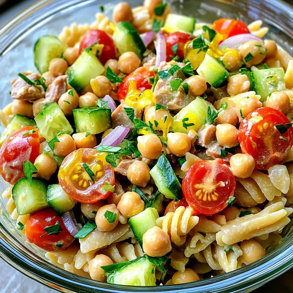 For this Minute Protein Packed Tuna Pasta Salad, gather the following items: - 2 cups whole wheat pasta (your choice of shape) - 1 can (5 oz) tuna in water, drained - 1 cup cherry tomatoes, halved - 1 cup canned chickpeas, rinsed and drained - ½ cup diced cucumber - ¼ cup red onion, finely chopped - ¼ cup fresh parsley, chopped - 3 tablespoons olive oil - 2 tablespoons lemon juice - 1 teaspoon garlic powder - Salt and pepper to taste This salad is rich in protein and fiber. Tuna adds lean protein, while chickpeas bring more plant-based protein and fiber. Whole wheat pasta provides complex carbs, giving you energy. The fresh veggies add vitamins and minerals. Each serving offers a balanced mix of nutrients. It is a great meal for lunch or dinner. You can switch the whole wheat pasta for any pasta you prefer. If you want more protein, add cooked chicken or beans. For a vegetarian option, use tofu or tempeh instead of tuna. You can also replace red onion with green onion for a milder taste. If you want a zestier kick, try using lime juice instead of lemon juice. First, bring a large pot of water to a boil. Add salt to the water for flavor. Once boiling, add 2 cups of whole wheat pasta. Cook it for about 8 to 10 minutes. You want it to be al dente, which means it should still have a little bite. After cooking, drain the pasta and rinse it with cold water. This stops the cooking and cools it down fast. In a large mixing bowl, add the drained tuna, halved cherry tomatoes, and rinsed chickpeas. Then, add diced cucumber, red onion, and fresh parsley. Each ingredient adds color and texture. Make sure to mix them well so every bite is full of flavor. In a small bowl, whisk together 3 tablespoons of olive oil and 2 tablespoons of lemon juice. Next, add 1 teaspoon of garlic powder, and sprinkle in salt and pepper to taste. Mixing these together creates a bright and zesty dressing. It will pull all the ingredients together. Now, add the cooled pasta to the bowl with the tuna and veggies. Drizzle the dressing over the top. Toss everything gently to coat. You want the pasta and veggies to be evenly covered in that tasty dressing. This step is key to a flavorful salad. You can serve the salad right away, but I recommend chilling it for about 15 to 20 minutes. This helps the flavors blend better. When ready to serve, scoop the salad into bowls. Garnish with extra parsley or whole cherry tomatoes for a nice touch. Enjoy your colorful, protein-packed dish! To cook whole wheat pasta, start with a large pot. Fill it with water and add a pinch of salt. Bring the water to a boil. Once bubbling, add the pasta. Check the package for cooking time, usually 8-10 minutes. You want it to be al dente, which means firm but not hard. Stir it occasionally to keep it from sticking together. When done, drain the pasta and rinse it under cold water. This stops the cooking and cools it for your salad. Meal prepping makes life easier. Cook a big batch of pasta on the weekend. Store it in an airtight container in the fridge. You can also prep your veggies. Chop the cherry tomatoes, cucumber, and onion ahead of time. Rinse and drain the chickpeas too. Keep everything separate until you are ready to eat. This keeps your salad fresh and tasty all week long. Presentation can make a dish shine. Use a clear glass bowl to show off the colors. Spoon the pasta salad in and top it with whole cherry tomatoes for fun. Sprinkle extra parsley on top for a fresh look. If you want, serve it with lemon wedges on the side. This adds a pop of color and lets people add more lemon juice if they like. Enjoy your beautiful and tasty salad! {{image_2}} To boost the protein in your tuna pasta salad, consider adding: - Hard-boiled eggs: Chop and mix them in for a creamy texture. - Greek yogurt: Swap some olive oil for Greek yogurt. It adds creaminess and protein. - Edamame: Toss in shelled edamame for a nutty flavor and extra protein. - Quinoa: Mix in cooked quinoa to add texture and protein. These add-ons not only increase protein but also add fun flavors and textures. You can use many pasta shapes for this salad. Here are some great options: - Rotini: Its spirals hold more dressing and flavors. - Fusilli: Similar to rotini, it adds a fun twist. - Penne: These tubes trap ingredients inside. - Orzo: This small rice-shaped pasta gives a different look. Choosing different shapes can make your dish visually appealing and fun to eat. You can easily make this salad vegetarian or vegan. Here are some swaps: - Tuna: Use chickpeas or tofu for protein. - Greek yogurt: Replace it with vegan yogurt or mashed avocado for creaminess. - Olive oil: Use flaxseed oil or avocado oil for a unique flavor. These swaps keep the taste delicious while meeting dietary needs. Store your tuna pasta salad in an airtight container. It keeps well in the fridge. Make sure to cool it down first. This helps keep the flavors fresh. If you have leftovers, it’s best to eat them within a few days. The salad can last up to three days in the fridge. After that, the taste and texture may change. Keep an eye on the ingredients, especially the tomatoes and cucumbers. They tend to lose their crunch over time. Reheating is simple. You can use the microwave for quick warming. Just place a portion in a bowl and heat for 30 seconds. Stir and check the temperature. If you prefer, you can enjoy it cold. The flavors still shine through, even chilled! Yes, you can use canned tuna in oil. It adds extra flavor and richness. Just remember that it might make the salad a bit more oily. If you want a lighter dish, stick to tuna in water. You can store this salad in the fridge for up to three days. Keep it in a sealed container to maintain freshness. The flavors get better as it sits, so enjoy it cold! To make your salad more filling, consider adding extra protein. You could include cooked chicken, hard-boiled eggs, or even tofu. Adding more veggies like bell peppers or spinach can also boost the nutrition. The salad is not gluten-free due to the whole wheat pasta. If you need a gluten-free option, use gluten-free pasta made from rice or corn. This way, you can enjoy the salad without worry. Freezing is not recommended for this salad. The pasta and veggies won’t hold up well when thawed. It’s best to enjoy this salad fresh or store it in the fridge for a few days. This recipe yields four servings. It’s perfect for a quick lunch or a light dinner. You can easily double the recipe if you’re feeding more people! This blog post detailed a simple tuna pasta salad recipe. We covered the key ingredients, cooking steps, and tips for success. Meal prepping is easy with the right know-how. You can switch ingredients for different tastes, and storage tips keep it fresh. Finally, our FAQs answer your common questions. Enjoy creating a quick and tasty meal anytime!