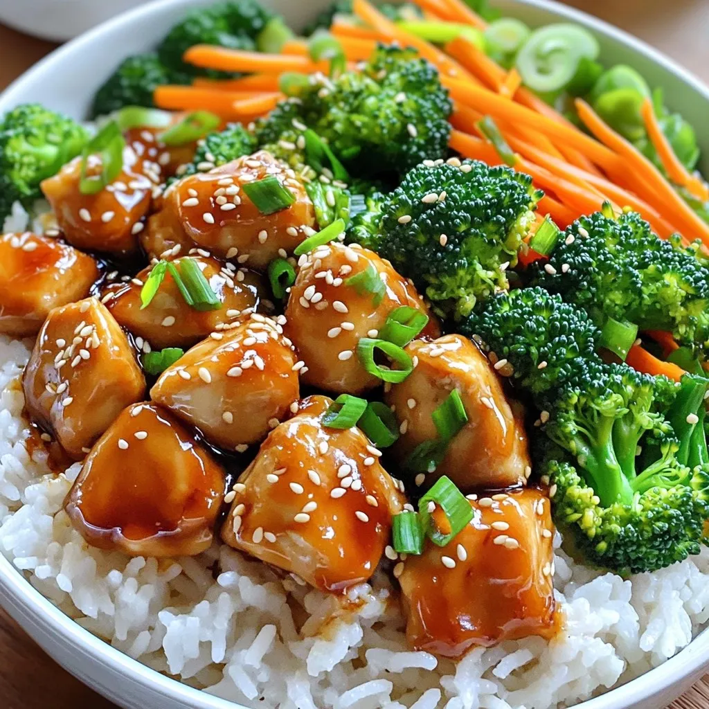 - 1 lb boneless, skinless chicken thighs - 1/4 cup soy sauce or tamari - 1/4 cup honey - 2 tablespoons rice vinegar - 1 tablespoon sesame oil - 3 cloves garlic, minced - 1 inch ginger, grated - 2 cups jasmine rice - 4 cups chicken broth - 2 cups broccoli florets - 1 carrot, thinly sliced - 1 green onion, chopped - Sesame seeds - Optional toppings For these Instant Pot Teriyaki Chicken Rice Bowls, the ingredients play a key role in flavor. I love using boneless, skinless chicken thighs. They stay juicy and tender during cooking. The soy sauce or tamari adds umami, while honey gives that sweet kick. Rice vinegar brightens the dish, while sesame oil brings a nutty aroma. Fresh garlic and ginger give depth to the marinated chicken. Jasmine rice is my favorite for its fragrant, fluffy texture. Chicken broth enhances the rice and adds more flavor. Broccoli and carrots provide color and crunch. Green onions sprinkle a fresh taste on top. Finally, sesame seeds not only look pretty but add a nice crunch. You can add other toppings like sliced radishes or pickled ginger if you want. Gather these ingredients, and you’re on your way to making a simple delight! To start, I mix the marinade. In a bowl, combine: - 1/4 cup soy sauce (or tamari for gluten-free) - 1/4 cup honey - 2 tablespoons rice vinegar - 1 tablespoon sesame oil - 3 cloves garlic, minced - 1 inch ginger, grated I stir until it blends well. Next, I add 1 pound of cubed chicken thighs. I coat the chicken well in the marinade. It’s best to let it marinate for at least 15 minutes. This step adds great flavor. While the chicken marinates, I rinse the jasmine rice. I place 2 cups of rice in a fine-mesh strainer. I run cold water over it until the water runs clear. This step is key for fluffy rice. It removes excess starch. If I skip this, the rice can become sticky. Now, I turn on the Instant Pot and select the Sauté function. I add the marinated chicken to the pot, saving some marinade for later. I cook the chicken for about 4-5 minutes, stirring often. I want the chicken to be lightly browned. After that, I pour in the remaining marinade, rice, and 4 cups of chicken broth. I stir to mix everything together. Next, I layer 2 cups of broccoli florets and 1 thinly sliced carrot on top. I don’t stir this layer. It helps the veggies stay fresh and crisp. I then close the lid and set the valve to sealing. I select the Pressure Cook function and set the timer for 10 minutes. While it cooks, I can relax. Once the timer goes off, I let the pot release naturally for about 5 minutes. After that, I carefully switch the valve to venting to release any remaining pressure. I open the lid and use a fork to fluff the rice gently. This mixes the chicken and veggies nicely. I serve the dish hot in bowls. I like to garnish with chopped green onions and a sprinkle of sesame seeds for some extra flair. To make your teriyaki chicken even better, think about adding some spices. A sprinkle of red pepper flakes can bring heat. You might try some ground ginger for a bold kick. If you want a sweet touch, add a bit more honey. Start with a teaspoon and taste. Adjust until you find your perfect mix. Rinsing rice is key for fluffy texture. Use cold water and rinse until it runs clear. This step removes extra starch. For fluffy rice, use the right water ratio. For jasmine rice, stick with 1 cup rice to 2 cups broth. Keep an eye on the timer too. Ten minutes under pressure is perfect. If your Instant Pot does not come to pressure, check the seal. Make sure it’s clean and placed well. For rice that’s too sticky, you may have added too much water. If your chicken is dry, cook it for less time next time. Always remember, practice makes perfect! {{image_2}} You can easily swap the chicken thighs for chicken breast. Chicken breast cooks faster and is leaner. For a plant-based option, try using tofu. Firm tofu absorbs marinades well and adds protein to your bowl. Other meat alternatives include tempeh or seitan. These options bring unique textures and flavors. Feel free to mix in seasonal vegetables. Bell peppers, snap peas, or zucchini work well. Adding greens like spinach or kale boosts nutrients. You can also use frozen veggies for convenience. Just toss them in with the chicken and rice during cooking. You can experiment with different teriyaki sauces. Some recipes use pineapple juice, giving a sweet twist. Try adding chili paste for a spicy kick. Marinades like hoisin sauce or a simple soy sauce blend can add unique flavors. Adjust these for your taste to keep things exciting. To store leftovers, let your teriyaki chicken rice bowls cool completely. Place them in airtight containers. This helps keep the dish fresh. You can store them in the fridge for up to three days. After that, the chicken may lose flavor and texture. If you want to freeze this dish, portion it into freezer-safe containers. Make sure to leave some space at the top for expansion. Teriyaki chicken rice bowls can last for up to three months in the freezer. For reheating, thaw overnight in the fridge. Then, you can heat it in the microwave or on the stove. Add a splash of broth to keep it moist. To make this dish ahead of time, marinate the chicken the night before. This allows the flavors to soak in well. Cook the rice and veggies on the day you plan to eat. You can also prepare the chicken and marinade in advance. Store them separately in the fridge until you are ready to cook. This way, you can enjoy fresh teriyaki chicken rice bowls quickly. Jasmine rice works best for teriyaki chicken rice bowls. It is soft and fragrant. You can also use short-grain rice for a stickier texture. Brown rice is a healthy option, but it takes longer to cook. Rinsing your rice helps remove starch and gives you fluffier grains. Yes, you can make this recipe ahead of time. Cook the chicken and rice, then store them in separate containers. Keep them in the fridge for up to three days. You can reheat them in the microwave or on the stove. Just add a splash of water to keep it moist. To make the chicken less sweet, cut down on the honey. You can use just one tablespoon or omit it entirely. Adding more soy sauce can help balance the flavors. You can also add a splash of rice vinegar for a tangy kick. Yes, you can make this recipe on the stove. Start by sautéing the chicken in a large pot. Then, add the rice and broth. Cover and simmer for about 20 minutes. Add the veggies in the last five minutes. This method takes a bit longer but works well. Serve your teriyaki chicken rice bowls with a side of steamed veggies. You can also add sliced avocado or cucumber for freshness. Top with sesame seeds and green onions for crunch. Try serving with pickled ginger for a pop of flavor. This blog showed you how to make teriyaki chicken rice bowls step by step. We covered the main ingredients like chicken, soy sauce, and honey, plus tips for perfect rice. You learned how to enhance flavors and swap proteins or veggies. Storing and reheating tips help you enjoy leftovers easily. Simple and fun, this dish is great for any meal. Try it out and enjoy!