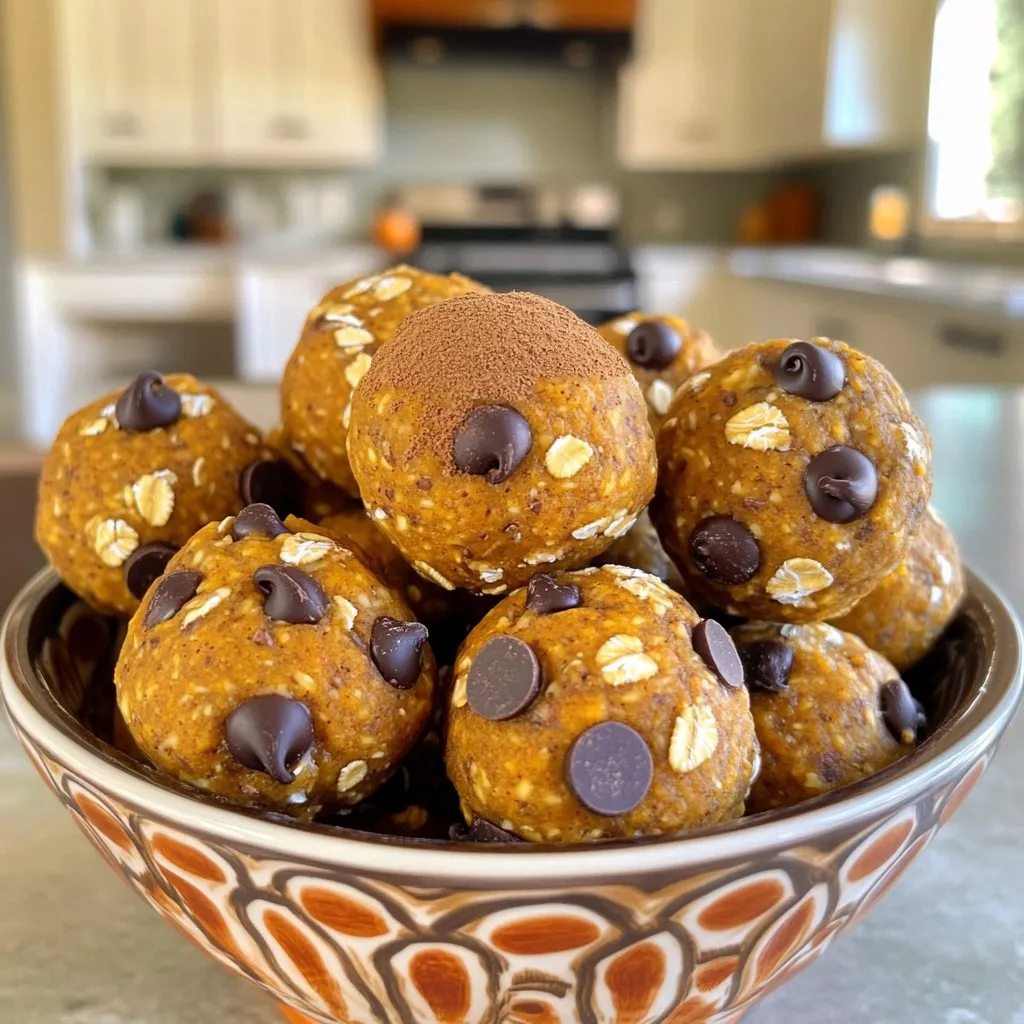 To make these tasty energy balls, you need simple, wholesome ingredients. Here’s what you’ll gather: - 1 cup rolled oats - 1/2 cup pumpkin puree - 1/4 cup honey (or maple syrup) - 1/4 cup almond butter (or peanut butter) - 1/2 teaspoon vanilla extract - 1 teaspoon ground cinnamon - 1/2 teaspoon ground nutmeg - 1/4 teaspoon salt - 1/2 cup mini chocolate chips - 1/4 cup chopped walnuts or pecans (optional) Each of these ingredients plays a vital role. The oats give structure, while the pumpkin adds moisture and flavor. Honey or maple syrup sweetens the mix, and nut butter binds it all together. You can customize these energy balls in fun ways. Here are some optional ingredients you might try: - 1/4 cup dried cranberries or raisins - 1 tablespoon chia seeds or flaxseeds - 1/4 cup coconut flakes These add extra texture and flavor. Feel free to mix and match based on your taste! If you have dietary needs, you can easily adjust the recipe. Here are some swaps: - Use maple syrup instead of honey for a vegan option. - Swap almond butter for sunflower seed butter if you need a nut-free option. - Omit the chocolate chips for a lower sugar version. These substitutions help everyone enjoy this recipe without worry. Just remember to keep the basic ratios the same for the best results. Start by gathering all your ingredients. In a large bowl, combine 1 cup of rolled oats, 1/2 cup of pumpkin puree, 1/4 cup of honey, and 1/4 cup of almond butter. Add 1/2 teaspoon of vanilla extract to the mix. Use a spoon or spatula to blend everything together. Make sure it is smooth and well-mixed. Next, sprinkle in 1 teaspoon of ground cinnamon, 1/2 teaspoon of ground nutmeg, and 1/4 teaspoon of salt. Stir again until all flavors are combined. Lastly, gently fold in 1/2 cup of mini chocolate chips and any optional 1/4 cup of chopped walnuts or pecans. Once your mixture is ready, it’s time to form the energy balls. Scoop out about 1 tablespoon of the mixture with your hands. Roll it into a ball shape. Place each ball on a parchment-lined baking sheet or plate. Repeat this step until you have rolled all the mixture into balls. They will be about the size of a golf ball. Now, your energy balls need to chill. Put the baking sheet in the fridge for at least 30 minutes. This helps them firm up and hold their shape. After chilling, store the energy balls in an airtight container. They can stay fresh in the fridge for up to one week. Enjoy your tasty, no-bake treats! To get the best texture for your energy balls, use rolled oats. They provide a chewy base. If you want a smoother bite, you can pulse the oats in a blender. This makes them finer. Next, make sure your pumpkin puree is not too watery. Too much liquid will make the balls fall apart. Chill the energy balls for at least 30 minutes. This helps them firm up nicely. Mixing is key to great energy balls. Start with a large mixing bowl and combine the wet ingredients first. This includes pumpkin puree, almond butter, honey, and vanilla extract. Stir until smooth. Then, add in the dry spices like cinnamon and nutmeg. This ensures even flavor. When you fold in the chocolate chips, do it gently. You want a good mix without breaking the chips. Serving your energy balls can be fun and creative! Place them in a cute mason jar for a lovely look. You can also use a decorative bowl. Sprinkle extra chocolate chips on top to make them pop. These energy balls are great for snacks or quick breakfasts. Pair them with a hot drink or yogurt for a tasty combo. Enjoy them as part of a healthy meal or on their own! {{image_2}} To make these energy balls vegan, you can swap honey for maple syrup. Use almond butter or peanut butter, depending on your taste. The pumpkin puree stays the same, and all other ingredients work well. These small changes keep the flavor rich and tasty. If you want a nut-free treat, skip the almond or peanut butter. Instead, try using sunflower seed butter. It gives the same creamy texture without nuts. Ensure the chocolate chips are also nut-free. This way, everyone can enjoy these delicious bites. Want to jazz up your energy balls? You can add a pinch of ginger for spice. Dried fruits like cranberries or raisins can add chewiness. You can also mix in seeds like chia or flax. These additions boost flavor and nutrition. Just remember to keep the balance right, so the pumpkin shines through. Store your no-bake pumpkin chocolate chip energy balls in an airtight container. This keeps them fresh and helps prevent any drying out. Place parchment paper between layers if you stack them. It stops them from sticking together. These tasty treats stay good in the fridge for up to a week. After that, they may lose their flavor and freshness. If you want to enjoy them longer, freezing is a great option. To freeze, first place the energy balls in a single layer on a baking sheet. Freeze them for about an hour until firm. Once frozen, transfer them to a freezer bag or container. They will last for up to three months in the freezer. When you want one, just take it out and let it thaw in the fridge. Enjoy a quick, healthy snack anytime! Yes, you can use any nut butter you like. Almond butter and peanut butter work best. You might also try cashew or sunflower seed butter. Each will change the taste a bit, but they all pair well with pumpkin. If you want a nut-free option, sunflower seed butter is great. To adjust sweetness, simply add more honey or maple syrup. If you want less sweetness, cut back on the honey. You can also use a sugar substitute, like stevia or monk fruit. Taste the mixture before rolling it into balls. This way, you can find the right level for your liking. Yes, adding protein powder is easy! Just mix in a scoop when you combine the other ingredients. This will give your energy balls a nice protein boost. Choose your favorite flavor, but vanilla or chocolate works best with pumpkin. Adjust the other ingredients slightly to keep the right texture. In this blog post, we explored how to make tasty no-bake pumpkin chocolate chip energy balls. We covered key ingredients, options for customization, and substitutions for different diets. I shared easy steps to prepare, form, chill, and store your energy balls. We included tips for the best texture, mixing, and serving ideas. You can also try fun variations, storage tips, and answers to common questions. Making these treats can be quick, fun, and healthy. Enjoy crafting your own energy balls, and share them with friends!