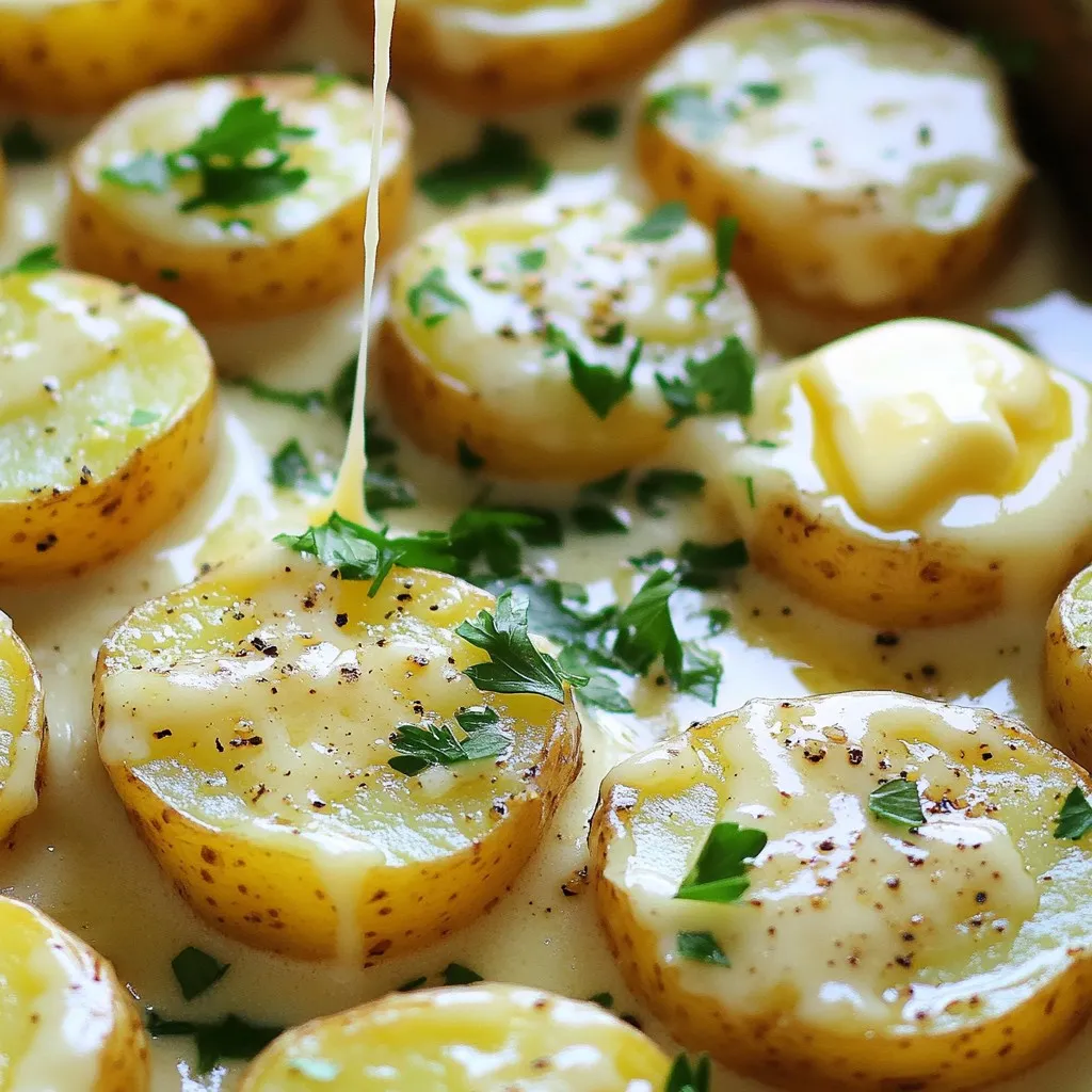- 2 pounds baby potatoes, halved - 1 cup heavy cream - ¾ cup grated Parmesan cheese - 4 cloves garlic, minced - 1 teaspoon dried thyme - 1 teaspoon dried rosemary - ½ teaspoon salt - ½ teaspoon black pepper - 2 tablespoons butter, cut into small pieces - Fresh parsley, chopped (for garnish) You need fresh baby potatoes for a nice texture. Their small size cooks evenly and looks great on the plate. Heavy cream gives that smooth, rich flavor you want. For flavor, use fresh garlic—minced helps release its taste. Dried thyme and rosemary add a warm, earthy note. Salt and pepper enhance all the flavors. The butter melts into the dish, creating a dreamy sauce. Lastly, parsley adds freshness and color as a garnish. - For heavy cream, try coconut milk or cashew cream. - Instead of Parmesan, use Pecorino or a dairy-free cheese. - Swap thyme and rosemary for Italian seasoning or fresh herbs. These substitutions can help if you have dietary needs or preferences. Coconut milk gives a hint of sweetness, while cashew cream keeps it rich. Pecorino has a sharper taste than Parmesan, which can be nice. Fresh herbs like basil or oregano can brighten up the dish. - Slow cooker - Mixing bowl - Knife and cutting board Using a slow cooker makes this dish easy and hands-off. A mixing bowl is great for combining the creamy sauce. A sharp knife and cutting board make it safe and quick to prep the potatoes and garlic. This simple equipment helps keep the focus on creating delicious food. - First, wash 2 pounds of baby potatoes. - Halve each potato and place them in the slow cooker. - In a mixing bowl, combine 1 cup of heavy cream and 4 minced garlic cloves. - Add 1 teaspoon of dried thyme, 1 teaspoon of dried rosemary, ½ teaspoon of salt, and ½ teaspoon of black pepper. - Mix all ingredients well until smooth and creamy. - Pour the cream mixture over the halved potatoes in the slow cooker. - Sprinkle ¾ cup of grated Parmesan cheese evenly over the top. - Add 2 tablespoons of butter, cut into small pieces, on top of the mixture. - Cover the slow cooker with the lid, set it on low heat, and cook for about 4-5 hours. - Check for tenderness; the potatoes should be soft and creamy. - Once cooked, gently stir the potatoes to blend all the flavors. - Taste and adjust the seasoning if needed. - Garnish with fresh chopped parsley for a pop of color. To get creamy potatoes, pay attention to cooking time. Slow cookers can vary. If yours cooks fast, check the potatoes at 3 hours. For slow cookers that take longer, 5 hours may be best. The potatoes should be fork-tender. This ensures they soak up all the flavors. For the best texture, cut the baby potatoes in half. This allows the cream and seasonings to coat each piece. Combining heavy cream with the garlic and herbs adds richness. Make sure all potatoes are evenly coated. Stir gently before serving to mix the flavors without mashing them. A common error is overcrowding the slow cooker. If you pack too many potatoes, they will not cook evenly. Leave space for heat to circulate. This way, every potato gets tender and creamy. Another mistake is not seasoning enough. The cream and cheese provide flavor, but salt and pepper are key. Taste the mixture before cooking. Adjust the seasoning so each bite is full of flavor. Creamy garlic parmesan potatoes pair well with many dishes. They make a great side for roasted chicken or grilled steak. The rich flavors balance nicely with meats. For a fresh touch, serve them with a simple green salad. The crisp greens contrast with the creamy potatoes. You can also add steamed vegetables for a colorful plate. Enjoy these potatoes as a comforting side at any meal. {{image_2}} You can change the taste of your creamy garlic parmesan potatoes easily. Adding bacon or pancetta gives a nice, salty crunch. Just cook the bacon until crisp, chop it, and mix it in before serving. For a fresher taste, try adding spinach or kale. These greens add color and nutrition. Stir them in during the last hour of cooking for the best results. If you need gluten-free options, this recipe is already safe! Just check that your cheese and cream are gluten-free. For vegan adaptations, swap heavy cream with coconut cream or cashew cream. Use nutritional yeast instead of Parmesan for a cheesy flavor. This makes the dish creamy and plant-based. You can also change your dish with the seasons. In spring, add asparagus or peas for a vibrant touch. In fall, try sweet potatoes or butternut squash for a cozy flavor. For holiday-themed variations, mix in cranberries or pecans for a festive twist. These changes keep your creamy garlic parmesan potatoes exciting and fresh. To store leftovers, use airtight containers. Glass or plastic work well. Let the potatoes cool before sealing. This helps keep them fresh longer. Place the containers in the fridge. They should stay good for about three days. Freezing creamy potatoes is easy. First, let them cool completely. Then, place them in freezer-safe bags. Remove as much air as possible. This prevents freezer burn. When you’re ready to eat, thaw them in the fridge overnight. Reheat in the microwave or on the stove until hot. In the fridge, cooked creamy garlic parmesan potatoes last for three days. If you see any mold or off smells, it’s best to throw them away. Always check for signs of spoilage before enjoying your leftovers. Yes, you can use other potatoes. The best choices are Yukon Gold or red potatoes. These types stay firm during cooking. They also absorb flavors well. Avoid using starchy potatoes like Russets. They may turn mushy in the slow cooker. To add heat, try these suggestions: - Add a pinch of red pepper flakes. - Mix in some diced jalapeños. - Use spicy garlic or herb blends. - Top with hot sauce before serving. These options will give your dish a warm kick. You can serve these potatoes with many dishes. Here are some great pairings: - Grilled chicken or steak for protein. - Roasted vegetables for a colorful side. - A simple salad for freshness. - Baked fish for a lighter option. These sides will create a balanced meal. You can create creamy garlic Parmesan potatoes easily with the right ingredients and tools. Remember to wash and cut the potatoes first. Use the suggested substitutions and tips to make it your own. Get creative with flavors or dietary needs. Store leftovers properly for later use. You can enjoy this dish with many meals. Follow these steps for a tasty side dish that everyone will love. Happy cooking!