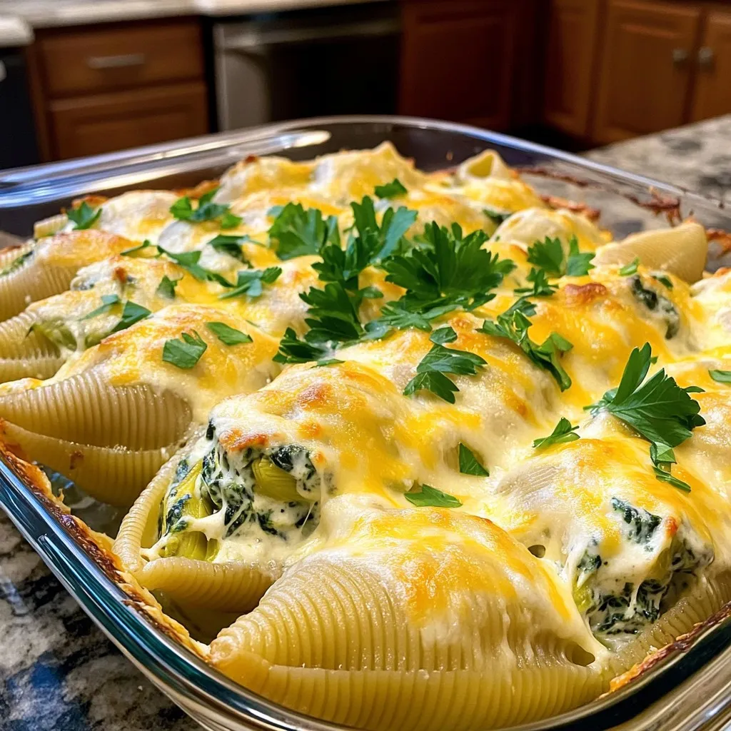 - 1 package large pasta shells (12-16 shells) - 1 cup ricotta cheese - 1 cup mozzarella cheese, shredded - 1/2 cup Parmesan cheese, grated - 1 cup frozen spinach, thawed and drained - 1 cup canned artichoke hearts, chopped - 2 cloves garlic, minced - 1/2 teaspoon onion powder - 1/2 teaspoon red pepper flakes (optional) - 1 cup Alfredo sauce (store-bought or homemade) - Salt and pepper to taste - Fresh parsley for garnish (optional) Start by cooking the large pasta shells. Boil them in salted water. This step makes them soft but firm enough to hold the filling. Drain them and let them cool. Next, thaw the frozen spinach and squeeze it dry. You want to remove any extra water to keep the filling thick. Chop the artichoke hearts into bite-sized pieces. Mince the garlic finely for a strong flavor. In a big bowl, mix the ricotta cheese, half of the mozzarella, and the Parmesan. Add in the drained spinach, chopped artichokes, minced garlic, onion powder, and red pepper flakes if you want some heat. Season it all with salt and pepper. Stir it until everything combines well. If you don’t have ricotta, cream cheese works well too. You can swap mozzarella for any cheese you like, such as cheddar or gouda. If you want a lighter dish, use low-fat cheese options. For a vegan choice, try cashew cheese or tofu blended until smooth. You can also skip the artichokes and add mushrooms or bell peppers instead. This way, you can make this dish fit your taste and needs! To start, gather all your ingredients. You will need large pasta shells, ricotta cheese, mozzarella cheese, Parmesan cheese, frozen spinach, canned artichoke hearts, garlic, onion powder, red pepper flakes, Alfredo sauce, salt, and pepper. 1. First, preheat your oven to 375°F (190°C). This makes sure your dish cooks evenly. 2. Next, cook the pasta shells according to the package. Aim for al dente. Drain them and let them cool. 3. In a mixing bowl, combine the ricotta cheese, half of the mozzarella, Parmesan, drained spinach, chopped artichokes, minced garlic, onion powder, and red pepper flakes if you like a bit of heat. 4. Season with salt and pepper. Mix everything well until blended. Now, it’s time to assemble your dish. 1. Spread half of the Alfredo sauce on the bottom of a 9x13 inch baking dish. This prevents the shells from sticking. 2. Carefully stuff each shell with your creamy spinach and artichoke mix. Place them seam-side up in the dish. 3. Pour the rest of the Alfredo sauce over the shells. Make sure they are well-coated. 4. Sprinkle the remaining mozzarella cheese on top. 5. Cover the dish with aluminum foil and bake it for 25 minutes. This keeps the moisture in. 6. After 25 minutes, remove the foil. Bake for another 10 minutes. Look for bubbly, lightly golden cheese. Once your dish is done baking, let it cool for a few minutes. This helps the filling set a bit. 1. Serve the stuffed shells on plates. 2. If you want, garnish with fresh parsley for a pop of color. 3. Enjoy your creamy, cheesy creation! To make the best stuffed shells, start by cooking the pasta just right. Cook the large pasta shells until they are al dente. This means they should still have a slight bite. Drain them well and let them cool. This helps prevent them from tearing when you stuff them. Mix the filling well. Use ricotta, spinach, chopped artichokes, and garlic. Add a pinch of salt and pepper for flavor. If you like heat, toss in some red pepper flakes. This adds a nice kick! When you stuff the shells, be gentle. Fill each shell generously but avoid overstuffing. Place them seam-side up in the baking dish. This keeps the filling inside while baking. Pour Alfredo sauce on top to keep everything moist. If you have extra stuffed shells, store them in an airtight container. They will stay fresh in the fridge for about three to four days. Make sure they cool down before sealing the container. You can also freeze stuffed shells. Wrap them tightly in plastic wrap and then in foil. This prevents freezer burn. They can last up to three months in the freezer. One common mistake is not draining the spinach well. If you leave too much water, the filling gets runny. Always squeeze out excess moisture before mixing. Another mistake is baking without covering the dish. If you bake uncovered for too long, the cheese can burn. Cover the dish with foil for the first part of baking. Remove the foil later to brown the cheese. Lastly, don’t skip the seasoning. A dish without salt and pepper can taste bland. Always taste the filling before stuffing the shells. Adjust the seasoning as needed for the best flavor. {{image_2}} You can make these stuffed shells vegetarian by using all plant-based products. For the cheese, choose vegan ricotta and mozzarella. Nutritional yeast can add a cheesy flavor without dairy. Use almond or coconut milk in your Alfredo sauce to keep it creamy. This way, everyone can enjoy the dish! To boost the flavor, think about adding more veggies. Chopped bell peppers or mushrooms fit well. You can also mix in some sun-dried tomatoes for a sweet touch. If you want a kick, add more red pepper flakes. Fresh herbs like basil or thyme can brighten up the dish too. Mix and match to find your favorite flavor! If you need a gluten-free option, swap regular pasta shells for gluten-free shells. Many brands offer great choices that hold up well. Make sure to check the Alfredo sauce for gluten. Most store-bought sauces are safe, but always read the label. Your stuffed shells can still be creamy and delicious without gluten! After you enjoy your Creamy Spinach Artichoke Stuffed Shells, let them cool. Place them in an airtight container. You can keep them in the fridge for up to four days. This method helps keep the shells fresh and tasty. To reheat, preheat your oven to 350°F (175°C). Place the stuffed shells in a baking dish. Cover with foil to keep them moist. Bake for about 20 minutes, or until heated through. You can also microwave them for a quick fix. Just heat in short bursts, checking often. For freezing, first, cool the stuffed shells completely. Then, wrap them tightly in plastic wrap. Place them in a freezer-safe bag or container. They can last in the freezer for up to three months. When ready to eat, thaw in the fridge overnight before reheating. Creamy Spinach Artichoke Stuffed Shells last about 3 to 5 days in the fridge. To ensure they stay fresh, keep them in an airtight container. Always check for any signs of spoilage before eating. Yes, you can make this recipe ahead of time. Prepare the stuffed shells and place them in your baking dish. Cover with foil and store in the fridge for up to 24 hours. When ready to bake, you may need to add a few extra minutes to the cooking time. These stuffed shells pair well with a fresh salad or garlic bread. A simple green salad with a light vinaigrette adds a nice crunch. Garlic bread complements the creamy dish perfectly. You can also serve them with a side of steamed veggies for extra nutrition. In this blog post, we explored making creamy spinach artichoke stuffed shells. We covered the list of ingredients, how to prepare them, and tasty substitutions. I shared clear steps for cooking and serving. You learned helpful tips to avoid mistakes and store your leftovers properly. We also discussed variations for different diets. Creating this dish can delight your friends and family. Enjoy trying new flavors and making it your own!