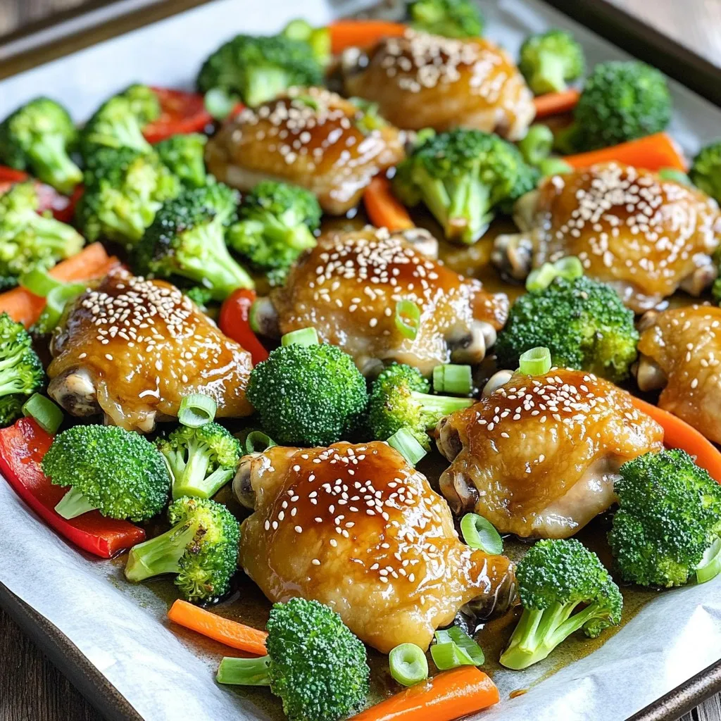 - 1.5 lbs chicken thighs, boneless and skinless - 2 cups broccoli florets - 1 red bell pepper, sliced - 1 medium carrot, thinly sliced You need chicken thighs for this dish. They are juicy and full of flavor. Broccoli florets bring a nice crunch and bright color. The red bell pepper adds sweetness, while the carrot gives a tender bite. Together, these ingredients create a tasty and colorful meal. - 1/4 cup soy sauce (low sodium) - 2 tablespoons honey - 1 tablespoon sesame oil - 2 cloves garlic, minced - 1 tablespoon ginger, grated - 1 tablespoon cornstarch - 2 tablespoons water For the teriyaki sauce, you need soy sauce as the base. Honey adds sweetness and balances the saltiness. Sesame oil gives a rich flavor. Garlic and ginger add depth. Cornstarch thickens the sauce, and water helps mix it all together. This sauce coats the chicken and veggies perfectly. - 1 tablespoon sesame seeds (optional, for garnish) - Green onions, chopped (for garnish) - Salt and pepper to taste Garnishes like sesame seeds and green onions enhance the dish. They add a nice crunch and fresh flavor. A sprinkle of salt and pepper can boost the overall taste. These optional garnishes make your meal look and taste even better. First, preheat your oven to 400°F (200°C). This ensures your dish cooks evenly. Line a large baking sheet with parchment paper. This helps with easy cleanup later. Next, let’s make the teriyaki sauce. In a bowl, mix 1/4 cup of low-sodium soy sauce, 2 tablespoons of honey, and 1 tablespoon of sesame oil. Add 2 minced garlic cloves and 1 tablespoon of grated ginger. Then, stir in 1 tablespoon of cornstarch and 2 tablespoons of water. Whisk until everything is well mixed. This tasty sauce will coat your chicken and veggies. Now, we arrange our chicken and vegetables. Place 1.5 pounds of boneless, skinless chicken thighs on the prepared baking sheet. Sprinkle with salt and pepper for flavor. Pour half of the teriyaki sauce over the chicken. Make sure it coats well. Next, add 2 cups of broccoli florets, 1 sliced red bell pepper, and 1 thinly sliced carrot around the chicken. Drizzle the remaining teriyaki sauce over the vegetables. Use your hands to toss them gently. Ensure they are well coated with sauce. Spread everything into a single layer on the sheet pan. Bake your dish in the oven for 25 to 30 minutes. The chicken should reach an internal temperature of 165°F. This means it’s cooked through and safe to eat. The veggies should be tender but still bright. If you want a nice caramelized finish, broil for 2 to 3 minutes. Keep an eye on it to avoid burning. Once done, take it out and let it rest for a few minutes. This helps the juices settle. Before serving, garnish with sesame seeds and chopped green onions for an extra touch of flavor and color. Enjoy your delicious Sheet Pan Teriyaki Chicken & Broccoli! To ensure even cooking for your chicken and vegetables, cut them into similar sizes. This helps them cook at the same rate. When you place them on the sheet pan, don't overcrowd them. Give each piece space to roast. To achieve caramelization, make sure your oven is hot enough. The heat helps create that delicious golden-brown crust. If you like a bit more color, broil the dish for a couple of minutes at the end. Watch closely to avoid burning. Pairing sides with this dish can elevate your meal. Serve it with fluffy rice or quinoa for added texture. A simple green salad can also balance the flavors nicely. For additional toppings, consider adding crushed peanuts or cashews. They add a nice crunch and flavor contrast. You can also sprinkle fresh herbs like cilantro for a fresh touch. The best sheet pans to use are heavy-duty ones. They resist warping and distribute heat well. A rimmed pan is ideal, as it holds juices from the chicken and veggies. Other helpful kitchen tools include a whisk for mixing the sauce. A good knife helps with chopping the veggies evenly. A reliable meat thermometer ensures your chicken is cooked perfectly, reaching 165°F. {{image_2}} You can easily change up the veggies in this dish. Try snap peas, carrots, or bell peppers. Feel free to mix your favorites. If you want a protein swap, you can use shrimp or tofu instead of chicken. Both options work well with the teriyaki sauce. Just adjust the cooking time to make sure everything cooks perfectly. To spice things up, add chili flakes to the teriyaki sauce. You can also try sriracha for a kick. If you prefer it sweeter, add more honey or a splash of pineapple juice. Play around with flavors to find what you like best! You don’t have to stick to the oven! You can grill the chicken and veggies for a smoky flavor. Just prepare the sauce as usual. If you want, you can also use a stovetop method. Heat a pan and cook the chicken and veggies until tender. For a slow cooker, mix the chicken and veggies with sauce. Cook on low for 4-6 hours for a tender meal. Store your leftovers in the fridge. Use airtight containers for best results. This keeps the chicken and veggies fresh. Make sure to cool the dish before sealing it. You can store it for up to three days. To reheat, use the oven or microwave. If using the oven, preheat to 350°F. Place the dish in for about 15 minutes. This keeps the chicken juicy and the veggies crisp. If using the microwave, heat in short bursts. Stir and check every minute to avoid overcooking. Add a splash of water for extra moisture. You can freeze this dish for later. Portion it into single servings for easy meals. Use freezer-safe containers or bags. Make sure to label them with the date. When ready to eat, thaw in the fridge overnight. For quick thawing, place the sealed bag in cold water. What can I serve with Sheet Pan Teriyaki Chicken & Broccoli? You can serve this dish with rice or noodles. Both soak up the sauce well. You might also enjoy a light salad on the side. It adds a fresh touch to your meal. Can I make this recipe ahead of time? Yes! You can prep the chicken and veggies the night before. Just store them in the fridge. When you're ready, pour the sauce and bake it. It saves you time on busy days. What’s a good substitute for soy sauce? For a soy sauce swap, try coconut aminos. It has a similar taste and is a bit sweeter. You can also use tamari for a gluten-free option. How do I know when the chicken is done? Check the internal temperature of the chicken. It should reach 165°F. You can use a meat thermometer for accuracy. The chicken should also look golden and juicy. Can I use frozen vegetables? Yes, you can use frozen vegetables. They may need a bit longer to cook. Just ensure they are heated through and tender. Fresh veggies add a nice crunch, but frozen works too. Is this recipe gluten-free? This recipe is not gluten-free due to soy sauce. You can use gluten-free soy sauce or tamari instead. It keeps all the flavors while making it safe for gluten-free diets. How many calories are in Sheet Pan Teriyaki Chicken & Broccoli? This dish has about 350 calories per serving. It’s a satisfying meal that gives you protein and veggies. Enjoy it without guilt! In this article, we explored making a delicious sheet pan teriyaki chicken with broccoli. We covered the main ingredients like chicken thighs, vegetables, and teriyaki sauce components. You learned step-by-step instructions for preparation and baking. We also shared helpful tips, variations, and storage info. Enjoy trying this recipe at home. It’s simple and flexible. You can mix and match ingredients. This dish is tasty, so share it with friends and family!