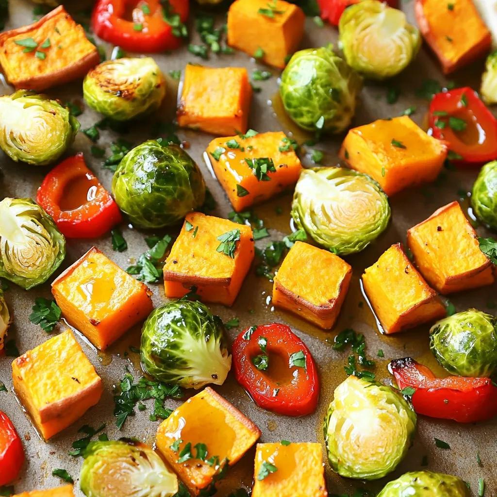 To make this tasty dish, gather these fresh ingredients: - 2 medium sweet potatoes, peeled and cubed - 1 small butternut squash, peeled and cubed - 1 large red onion, cut into wedges - 2 cups Brussels sprouts, halved - 1 red bell pepper, sliced - 3 tablespoons olive oil - 2 teaspoons maple syrup - 1 teaspoon garlic powder - 1 teaspoon dried thyme - 1 teaspoon smoked paprika - Salt and pepper to taste - Fresh parsley for garnish You can easily swap some ingredients if you want. Use regular potatoes instead of sweet potatoes. Carrots or zucchini can replace butternut squash. If you don’t like Brussels sprouts, try green beans or cauliflower. For the red onion, yellow or white onions work too. If you lack maple syrup, honey or agave syrup can work. You can skip the garlic powder and use fresh garlic if you prefer. Dried basil, oregano, or rosemary can replace thyme. Fresh vegetables make a big difference in taste. Look for bright colors and firm textures. Avoid any bruises or soft spots. Choose sweet potatoes that feel heavy and firm. For butternut squash, pick one with a matte skin. When buying Brussels sprouts, choose ones that are compact and green. The red bell pepper should be shiny, with no wrinkles. Fresh herbs, like parsley, should smell strong and look vibrant. Always wash your veggies before cooking to remove dirt. Start by washing your veggies. I use two medium sweet potatoes and one small butternut squash. Peel them and cut them into even cubes. This helps them cook at the same rate. Next, take one large red onion and cut it into wedges. For some color and crunch, slice one red bell pepper. Finally, halve two cups of Brussels sprouts. In a small bowl, whisk together three tablespoons of olive oil and two teaspoons of maple syrup. This mix adds a sweet touch. Then, add one teaspoon of garlic powder, one teaspoon of dried thyme, and one teaspoon of smoked paprika. Don't forget to season with salt and pepper to taste. Mixing these flavors creates a tasty coating for the veggies. Preheat your oven to 425°F (220°C). Once ready, place all the veggies in a large bowl. Pour the olive oil mixture over them. Toss well so every piece gets coated. Spread the veggies in a single layer on a large baking sheet. Roast them in the oven for about 25 to 30 minutes. Make sure to toss them halfway through. This helps them cook evenly. They should be tender and slightly caramelized when done. After roasting, let them cool for a couple of minutes. Garnish with fresh parsley before serving. Enjoy this colorful dish! To get the best roasted veggies, you need a few tricks. First, cut your veggies into even pieces. This helps them cook at the same rate. Sweet potatoes and butternut squash take longer, so cut them smaller. Next, spread the veggies out on the sheet pan. They should not touch. This allows air to flow and helps them brown nicely. Toss them halfway through roasting for even cooking. Finally, keep an eye on the time. Roasting for 25 to 30 minutes usually gives great results. Fall veggies shine with simple seasonings. Olive oil adds richness. Maple syrup brings natural sweetness. Garlic powder gives a warm flavor. Dried thyme and smoked paprika add depth. Salt and pepper are essential for balance. You can mix these up based on your taste. Try adding rosemary or sage for a cozy touch. Fresh herbs, like parsley, add brightness when served. Leftover roasted veggies are a gift! You can turn them into a tasty soup. Just blend them with broth and seasonings. Add them to salads for extra flavor. Toss them into pasta dishes or grain bowls. You can even use them in omelets. Always store leftovers in an airtight container in the fridge. They stay fresh for about three days. This way, you can enjoy your hard work again! {{image_2}} You can mix your veggies for more fun flavors. Try using carrots, parsnips, or cauliflower. These add sweetness and texture. You can also use zucchini or eggplant for a twist. Just make sure to cut them to similar sizes. This helps them cook evenly. To spice up your dish, think about adding fresh herbs. Rosemary or sage can bring warmth to your meal. A splash of balsamic vinegar adds zing too. You may also want to try adding chili flakes for some heat. If you love citrus, a bit of lemon zest can brighten the dish. You can easily keep this dish vegan and gluten-free. All the ingredients in the recipe are already plant-based. Make sure your seasonings are gluten-free if you use packaged ones. You can also swap the maple syrup for agave nectar. This keeps it sweet and tasty while staying vegan. After you enjoy your sheet pan roasted fall veggies, let them cool completely. Store leftovers in an airtight container. This keeps them fresh. Place the container in the fridge. Use them within 3-5 days for the best taste. You can also separate the veggies into smaller containers for easy grab-and-go meals. To reheat, you can use an oven or microwave. For the oven, preheat it to 350°F (175°C). Spread the veggies on a baking sheet. Roast them for about 10-15 minutes. This keeps them crispy. If using a microwave, place the veggies in a safe dish. Heat for about 1-2 minutes, stirring halfway through. You can freeze these roasted veggies if you want to save them longer. Let the veggies cool completely first. Spread them out on a baking sheet, then freeze until solid. After that, transfer them to freezer bags or containers. Label them with the date. Use within 3 months for the best flavor. When ready to eat, thaw in the fridge overnight and reheat as needed. Yes, you can use frozen vegetables for roasting. However, fresh veggies work best. Frozen veggies often have more water. This extra moisture can make them soggy. If you use frozen veggies, thaw them first. Pat them dry with a towel. This helps keep them crisp while roasting. You will know the veggies are done when they are tender. They should be easy to pierce with a fork. Look for a nice golden color on the outside. Some caramelization is a good sign. Toss the veggies halfway through cooking for even roasting. This helps them cook well and look great. Roasted fall veggies go well with many dishes. Try serving them with grilled chicken or fish for a complete meal. They also pair nicely with grains like quinoa or rice. You can add them to a salad for extra flavor. Mixing them into pasta dishes adds a nice touch too. This article covered everything you need for perfect sheet pan roasted fall veggies. We discussed ingredient choices, substitutions, and how to pick fresh veggies. I shared step-by-step instructions for prepping, seasoning, and roasting. You learned tips for achieving ideal texture and flavor, including using leftover veggies creatively. Variations offered new ideas with different vegetable mixes and seasonings. Finally, I provided storage tips for keeping your leftovers fresh. Enjoy experimenting with your own roasted veggie dishes! You'll love the flavors and ease of this healthy meal.