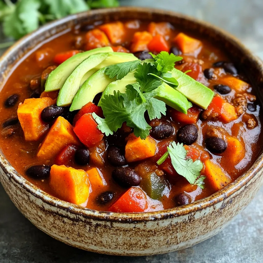 - 2 medium sweet potatoes, peeled and diced - 1 can (15 oz) black beans, drained and rinsed - 1 can (14 oz) diced tomatoes with green chilies - 1 medium onion, diced - 2 cloves garlic, minced - 2 cups vegetable broth - 1 red bell pepper, diced - 1 green bell pepper, diced - 1 tablespoon chili powder - 1 teaspoon cumin - 1 teaspoon smoked paprika - Salt and pepper to taste - 1 tablespoon olive oil - Fresh cilantro, for garnish - Avocado slices, for garnish (optional) If you don't have sweet potatoes, try using regular potatoes. They will work well too. You can swap black beans for kidney beans or pinto beans. Canned tomatoes can be replaced with fresh tomatoes if you have them. If you need a vegan option, skip the garnish with sour cream. Instead, add a dollop of Greek yogurt for creaminess. When picking sweet potatoes, look for smooth skin and no blemishes. They should feel heavy for their size. For peppers, choose ones that are firm and bright in color. Make sure the onions are dry and have no soft spots. Fresh garlic should feel firm and have tight skin. Always wash your produce before cooking to remove dirt and pesticides. First, gather all your ingredients. You will need: - 2 medium sweet potatoes, peeled and diced - 1 can (15 oz) black beans, drained and rinsed - 1 can (14 oz) diced tomatoes with green chilies - 1 medium onion, diced - 2 cloves garlic, minced - 2 cups vegetable broth - 1 red bell pepper, diced - 1 green bell pepper, diced - 1 tablespoon chili powder - 1 teaspoon cumin - 1 teaspoon smoked paprika - Salt and pepper to taste - 1 tablespoon olive oil - Fresh cilantro, for garnish - Avocado slices, for garnish (optional) Peel and dice the sweet potatoes. Chop the onion and bell peppers. This step is key for even cooking and flavor. In a small saucepan, heat the olive oil over medium heat. Add the diced onion and minced garlic. Sauté until the onion turns translucent, about 3-5 minutes. This step brings out the sweet, rich flavors of the onion and garlic. You want them soft but not browned. Now, grab a large slow cooker. Add the diced sweet potatoes, rinsed black beans, and diced tomatoes with their juice. Next, include the sautéed onion and garlic, red bell pepper, and green bell pepper. Pour in the vegetable broth. Sprinkle in the chili powder, cumin, smoked paprika, salt, and pepper. Stir all the ingredients well until they mix together. Cover the slow cooker and set it to cook on low for 6-8 hours or high for 3-4 hours. The sweet potatoes should be tender, and the flavors will blend beautifully. After cooking, taste your chili. Adjust the seasoning with more salt and pepper if needed. When serving, ladle the chili into bowls. Garnish with fresh cilantro and avocado slices for an extra touch. Enjoy your hearty, delicious meal! To boost the taste of your chili, try these tips: - Use fresh produce: Fresh sweet potatoes and peppers give great flavor. - Sauté aromatics: Always sauté onion and garlic before adding them to the slow cooker. This step adds depth. - Add herbs: Toss in some fresh cilantro or parsley just before serving for a burst of freshness. - Finish with lime: A squeeze of lime juice at the end brightens the dish and enhances the flavors. Avoid these common pitfalls for a better chili: - Don’t skip the sautéing step: This can make your chili taste raw or bland. - Watch your salt: Add salt gradually. You can always add more later. - Keep the lid on: Resist the urge to lift the lid while cooking. This can let heat escape and slow cooking. - Don’t overcook: Cooking too long can make the sweet potatoes mushy. Aim for tender but not falling apart. To control the heat in your chili, follow these tips: - Start mild: Use less chili powder if you’re unsure about spice. You can always add more later. - Add fresh peppers: If you like heat, add diced jalapeños or serrano peppers. - Use hot sauce: A few dashes can really bring up the heat without overwhelming the dish. - Serve with toppings: Offer spicy toppings like jalapeños or hot sauce on the side for those who want more kick. {{image_2}} You can change up this recipe with different veggies. Try adding corn for sweetness. Zucchini or carrots work well, too. Consider using fire-roasted tomatoes for a smoky flavor. If you want more heat, add diced jalapeños or cayenne. Swap sweet potatoes for butternut squash if you prefer. This gives a slightly different taste but stays delicious. This chili is already vegan and gluten-free. All ingredients fit well in these diets. Use vegetable broth to keep it plant-based. Check labels on canned goods to ensure they are gluten-free. You can add more beans or lentils for extra protein while keeping it vegan. If you want more protein, add cooked quinoa or lentils. These ingredients blend well and keep it hearty. For meat lovers, consider ground turkey or chicken. Brown it before adding to the slow cooker for best results. This adds flavor and texture to your chili. I love making a big batch of chili. It tastes even better the next day! To store leftovers, let the chili cool down first. Place it in an airtight container. Make sure to get out as much air as possible. This keeps your chili fresh and tasty. You can keep it in the fridge for up to 4 days. If you want it to last longer, freezing is a great option. To freeze your chili, use freezer-safe containers. Leave some space at the top of the container. Chili expands when it freezes. You can also use freezer bags. Just remove as much air as you can. Label the bag with the date. This helps you keep track of how long it's been in the freezer. Your chili will stay fresh for up to 3 months in the freezer. When you're ready to eat it, just thaw it overnight in the fridge. Reheating chili is easy. You can do it on the stove or in the microwave. For the stove, pour your chili into a pot. Heat it over medium heat, stirring often until it's hot. This usually takes about 5-10 minutes. If you use a microwave, put your chili in a microwave-safe bowl. Heat it in 1-minute intervals, stirring in between. This keeps it from getting too hot in some spots. Always check the temperature before serving. Add a bit of water or broth if the chili is too thick. Enjoy your delicious meal! Yes, you can make this chili on the stove. Just use a large pot. Start by sautéing the onion and garlic in olive oil over medium heat. Then add the sweet potatoes, black beans, diced tomatoes, and broth. Stir in your spices. Cook for about 30-40 minutes. Keep it covered, and stir often. To thicken your chili, you have a few options. You can mash some of the sweet potatoes with a fork. This adds creaminess. Another option is to add more beans or corn. If you want a quick fix, mix a tablespoon of cornstarch with water and stir it in. You can serve this chili with many sides. Some great options include cornbread, rice, or tortilla chips. A fresh salad can also add a nice crunch. For extra flavor, top with avocado, cilantro, or a dollop of sour cream. Leftovers of this chili will last about 4-5 days in the fridge. Make sure to store it in an airtight container. If you want to keep it longer, you can freeze it for up to 3 months. Just thaw before reheating. In this blog post, I discussed how to create a delicious slow cooker sweet potato black bean chili. We explored key ingredients, simple steps for preparation, and helpful tips to avoid mistakes. I also shared techniques for storing leftovers and answered common questions. Overall, this chili is versatile and easy to make. Enjoy experimenting with different ingredients to find your favorite blend. With these tips, you’ll create a dish everyone loves.