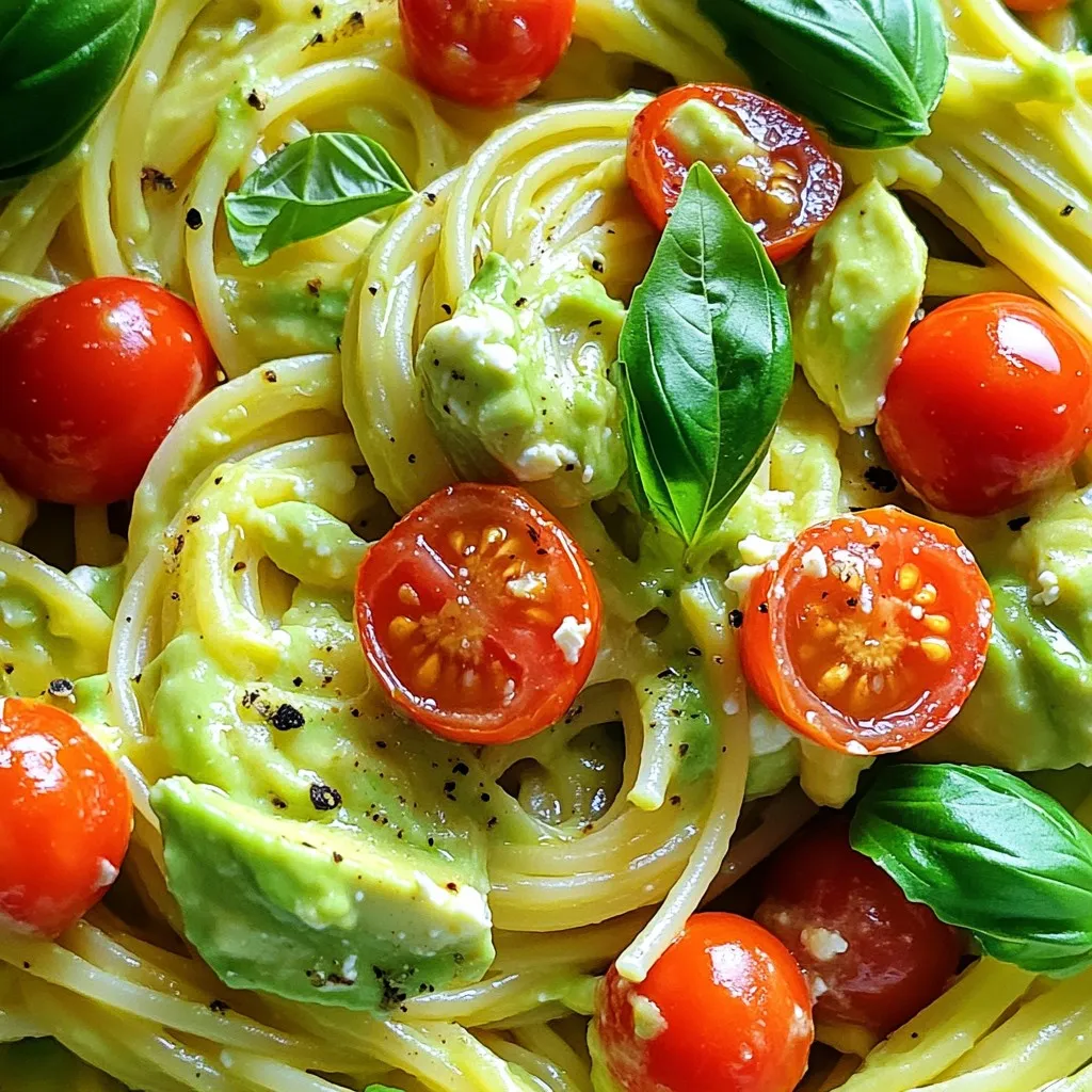 To make Minute Avocado Feta Pasta, gather these simple items: - 8 oz pasta (spaghetti or penne) - 1 ripe avocado, halved and pitted - 1 cup feta cheese, crumbled - 2 cloves garlic, minced - 1/4 cup olive oil - 1 tablespoon lemon juice - Salt and pepper to taste - 1/4 teaspoon red pepper flakes (optional) - Fresh basil leaves for garnish - Cherry tomatoes, halved (optional) You can swap some ingredients to suit your taste or needs: - Pasta: Use any pasta you like. Gluten-free pasta works well too. - Feta Cheese: Try goat cheese if you want a different flavor. - Olive Oil: Avocado oil is a great substitute for olive oil. - Garlic: Garlic powder can replace fresh garlic in a pinch. - Lemon Juice: Lime juice can add a fun twist to the flavor. Fresh ingredients make a big difference in taste. Here are my tips: - Avocado: Look for avocados that yield slightly to pressure. That means they are ripe. - Feta Cheese: Choose high-quality feta from a deli for the best flavor. - Basil: Fresh basil adds a nice aroma. Look for vibrant green leaves with no brown spots. - Tomatoes: Use ripe cherry tomatoes for sweetness. They should feel firm but not hard. Using fresh ingredients enhances the dish and makes it even more delicious! Start by boiling water in a large pot. Add salt to the water. This step adds flavor to your pasta. Once it boils, add 8 oz of your chosen pasta. I like using spaghetti or penne. Cook it until it is al dente, which means it should still be firm. Check the package for the time, usually around 8-10 minutes. When done, save 1/2 cup of the pasta water. This water helps make your sauce creamy. Drain the pasta and set it aside. In a large bowl, take 1 ripe avocado. Cut it in half and remove the pit. Use a fork to mash the avocado until it is creamy. This will be your base. Next, add 1 cup of crumbled feta cheese to the bowl. Then, mix in 2 cloves of minced garlic, 1/4 cup of olive oil, and 1 tablespoon of lemon juice. If you want a bit of spice, add 1/4 teaspoon of red pepper flakes. Don’t forget to sprinkle in some salt and pepper. Mix everything well until it is smooth and combined. Now it’s time to bring everything together. Gradually add the reserved pasta water to the avocado-feta mixture. Stir it slowly to create a creamy sauce. You can add more water if you want a thinner sauce. Next, toss the drained pasta into the bowl with the sauce. Make sure every noodle is coated in that delicious mixture. Serve it right away. For a nice touch, add halved cherry tomatoes and fresh basil leaves on top. This makes the dish look pretty and adds extra flavor. Enjoy your quick and tasty meal! To pick ripe avocados, look for a firm feel that has a slight give. When you gently press the skin, it should feel soft but not mushy. Check the color, too. A dark green or almost black skin often means it is ready. Avoid any avocados with dark spots or deep dents. These signs mean the fruit may be overripe. You can also buy them a bit firm and let them ripen at home. Just store them in a bowl at room temperature for a few days. For a creamy sauce, mash the avocado well. I use a fork to break it down. Aim for a smooth and fluffy consistency. If it feels too thick, add some reserved pasta water. This will help create a light and silky sauce. Mix in the feta cheese gently. This adds a nice texture and flavor. If you want a little more creaminess, try adding a splash of cream. You can boost the flavor of your avocado feta pasta in many ways. Consider adding fresh herbs like parsley or dill. This adds a bright taste. You could also toss in some cherry tomatoes for a sweet touch. If you enjoy a bit of heat, use red pepper flakes or a dash of cayenne. Mixing in some lemon zest can also brighten up the dish. Don't be afraid to try different ingredients to find your favorite flavor combinations! {{image_2}} You can switch up the pasta type in this dish. Spaghetti and penne work well. But you can also try farfalle or fusilli for fun shapes. Using whole wheat pasta adds more fiber. Gluten-free pasta is another great choice. It keeps the dish light and delicious. Just remember to adjust cooking times based on your choice. To make this dish vegan, swap feta cheese for a plant-based version. Look for brands that mimic feta well. You can also use silken tofu blended with lemon juice and nutritional yeast. This gives a creamy texture without dairy. Avocado is already vegan, so you're good there. Just make sure your pasta is egg-free. Get creative with your toppings! Cherry tomatoes add a fresh burst of flavor. You can also toss in spinach or arugula for extra greens. Nuts like pine nuts or walnuts give a nice crunch. For a spicy kick, add more red pepper flakes. Fresh herbs like cilantro or parsley brighten the dish. The options are endless, so have fun! You can store leftover Minute Avocado Feta Pasta in the fridge. Use an airtight container to keep it fresh. It stays good for up to two days. The avocado may brown, so eat it quickly. Stir it well before serving to mix the flavors again. Freezing this dish is not recommended. The avocado and feta may change in texture. If you must freeze it, pack it tightly in a freezer-safe container. It can last for about a month. Thaw it in the fridge overnight before using. Expect some change in taste and texture. To reheat, use a microwave-safe bowl. Heat it in short bursts to avoid cooking it further. Stir it every 30 seconds to ensure even warming. You can also add a splash of olive oil or reserved pasta water to bring back the creamy texture. Enjoy it warm with fresh toppings! This dish can last up to three days in the fridge. Make sure to store it in an airtight container. As time goes by, the pasta may absorb the sauce. It might get dry. You can add a bit of olive oil and water to revive it. Yes, you can make this dish ahead of time. It’s best to keep the pasta and sauce separate until you are ready to serve. This way, the pasta stays creamy and fresh. You can mix them together just before serving for the best taste. If you want a substitute for feta cheese, try goat cheese or ricotta. Both can give a nice creamy texture. For a dairy-free option, use tofu blended with lemon juice and salt. This will create a similar taste and texture without dairy. This blog post covered key steps for making a tasty avocado feta pasta. We explored all ingredients, substitutions, and tips for fresh picks. The cooking section gave you clear steps for perfect pasta and sauce. We also shared tricks for choosing ripe avocados and enhancing flavors. Variations offered fun ideas for different pasta and vegan swaps. Lastly, we provided storage info to keep your dish fresh. Now, you can enjoy this meal and impress others with your skills!