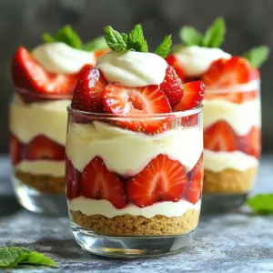 - 1 cup graham cracker crumbs - 1/4 cup melted butter - 1 cup cream cheese, softened - 1/2 cup powdered sugar - 1 teaspoon vanilla extract - 1 cup heavy whipping cream - 1 1/2 cups fresh strawberries, hulled and sliced - 2 tablespoons sugar (for strawberries) - Fresh mint leaves for garnish (optional) - Mixing bowls - Serving glasses - Electric mixer or whisk - Spatula To make perfect No-Bake Strawberry Cheesecake Parfaits, you need a few key ingredients. The graham cracker crumbs and melted butter form a tasty base. You will also need cream cheese, powdered sugar, and vanilla extract for the rich filling. Heavy whipping cream adds a light texture. The fresh strawberries bring sweetness and color to each layer. A bit of sugar helps enhance the fruit's natural flavor. Gathering the right tools is just as important. Mixing bowls help keep things organized. You will need serving glasses to show off your parfaits. An electric mixer or whisk will make it easy to beat the cream cheese and whip the cream. A spatula is great for folding the whipped cream into the filling. With these ingredients and tools, you are ready to create a delightful treat. The easy steps will help you assemble these parfaits quickly. Enjoy the process and the delicious result! - First, combine 1 cup of graham cracker crumbs with 1/4 cup of melted butter. - Mix until the crumbs are evenly coated. - Next, spoon about 1 tablespoon of this mixture into each serving glass. - Press down gently to form a firm base. - In a mixing bowl, beat 1 cup of softened cream cheese until smooth. - Gradually mix in 1/2 cup of powdered sugar and 1 teaspoon of vanilla extract. - Keep mixing until the filling is creamy and well combined. - In a separate bowl, whip 1 cup of heavy cream until stiff peaks form. - Gently fold the whipped cream into the cheesecake mixture. - Be careful not to deflate the whipped cream. This step makes the filling light and fluffy. - Toss 1 1/2 cups of sliced strawberries with 2 tablespoons of sugar. - Let the strawberries sit for about 10 minutes. - This helps them release their delicious juices. - In each glass, start with a layer of the cheesecake mixture. - Then, add a layer of the sweetened strawberries. - Repeat these layers until the glasses are filled. - Finish with a dollop of cheesecake mixture on top. - Refrigerate the parfaits for at least 2 hours before serving. - This chilling time helps meld the flavors. - Just before serving, garnish each parfait with fresh mint leaves for a bright touch. To make a smooth filling, start with softened cream cheese. If it’s cold, it can clump. Beat it until creamy before adding the sugar. For the whipped cream, whip it until stiff peaks form. This gives the parfait a light and airy texture. Be gentle when folding it into the cream cheese. You want to keep that fluffiness. When layering, use a clear glass to show off the beautiful layers. Start with the graham cracker base, then add the cheesecake filling, followed by strawberries. Repeat these layers. This makes a pretty dessert. Use glasses that are not too wide. Smaller glasses help keep layers neat and attractive. One common mistake is making the cheesecake mixture too runny. Ensure you whip the cream enough. If the cream is too soft, it won’t hold its shape. Also, be careful not to over-sweeten the strawberries. The sugar should enhance the fruit’s natural taste, not mask it. A little can go a long way! {{image_2}} You can switch up the fruit in these parfaits. Blueberries or raspberries work great! They add a pop of color and flavor. If you want something unique, swap strawberries for seasonal fruits. Peaches or mangoes make delightful choices in summer. Want a twist? Add citrus zest like lemon or lime. It brightens the taste and adds freshness. You can also mix in chocolate or nut toppings. Chopped almonds or hazelnuts add crunch and richness. You can adjust this recipe for special diets too. Use gluten-free graham crackers for a gluten-free crust. For a vegan option, replace cream cheese with a plant-based alternative. You can also find low-sugar options for the filling or sweeten the strawberries with a sugar substitute. This way, everyone can enjoy the parfaits! To store your no-bake strawberry cheesecake parfaits, place them in the fridge. I recommend covering each glass with plastic wrap. This keeps them fresh and prevents any odors from the fridge affecting the parfaits. You can store them in the fridge for about three days. After that, the strawberries may start to lose their texture. Can you freeze no-bake parfaits? Yes, you can! However, freezing may change the texture a bit. If you want to freeze them, do this before adding fresh strawberries. This way, you keep the flavors intact. Once frozen, let them thaw in the fridge overnight before serving. This slow thawing helps maintain the best taste and texture. Got leftover layers? No problem! You can use them to create mini desserts. Layer the filling and crust in a small bowl for a quick treat. If you have extra filling, it makes a great dip for fruit or graham crackers. You can also blend leftover strawberries into a smoothie for a refreshing drink. No-Bake Strawberry Cheesecake Parfaits stay fresh for up to three days in the fridge. To keep them at their best, cover each parfait with plastic wrap or a lid. This prevents air from drying them out. If you notice any moisture on the wrap, it may mean the parfaits are losing their texture. Yes, you can make these parfaits a day ahead. Just layer them and chill. This allows the flavors to blend well. If you do make them early, add the mint garnish right before serving. This keeps the mint looking fresh and bright. If you want a different taste, you can use mascarpone cheese or Greek yogurt. Both options give a nice creaminess. If you need a dairy-free choice, try using cashew cream or coconut cream. These options add a unique flavor while keeping the texture light. For a richer flavor, add some melted chocolate to the cheesecake filling. You could also layer in crumbled cookies or chocolate chips for crunch. Drizzling chocolate sauce on top adds a nice touch. Don't forget to use fresh berries for a pop of color and freshness. Chilling is key for these parfaits. It helps the flavors mix and makes the texture smooth. If you skip this step, the parfaits may taste flat. I recommend chilling for at least two hours, but overnight is even better if you can wait! These No-Bake Strawberry Cheesecake Parfaits are easy to make and delicious. We combined simple ingredients to create a delightful treat. You learned how to prepare the crust, make the filling, and assemble everything. Remember to chill them for the best flavor. Feel free to customize with different fruits or flavors. These parfaits are perfect for a snack or dessert. Enjoy your creation and share it with friends and family!