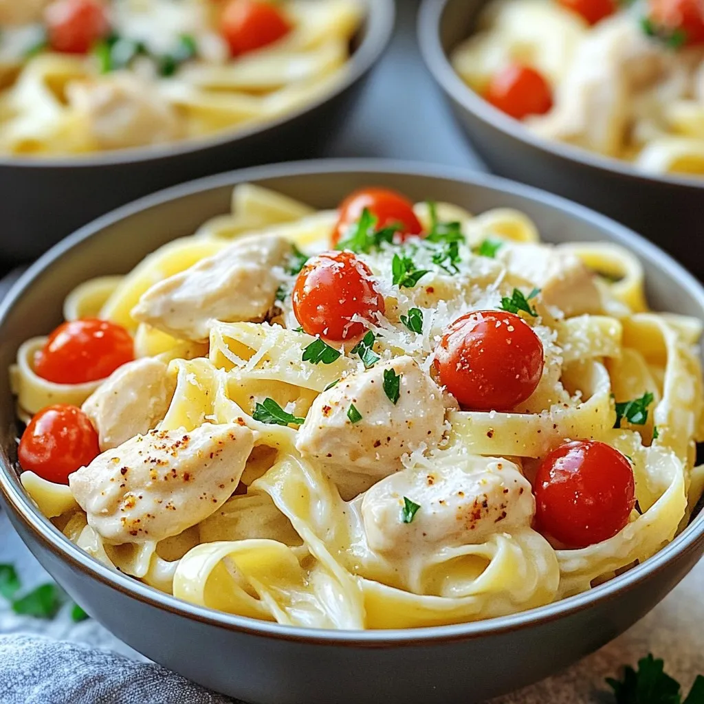 - Chicken and Seasoning - 2 boneless, skinless chicken breasts, diced - 1 tablespoon Cajun seasoning - Salt and pepper to taste - Dairy and Liquids - 2 tablespoons olive oil - 3 cloves garlic, minced - 1 cup heavy cream - 1 cup chicken broth - 1 cup grated Parmesan cheese - Pasta and Vegetables - 8 oz fettuccine pasta - 1 cup cherry tomatoes, halved - 2 tablespoons chopped fresh parsley Each ingredient plays a big role in this dish. The chicken gives protein and heartiness. Cajun seasoning brings a spicy kick. Heavy cream and Parmesan create a rich, creamy sauce. Fettuccine pasta soaks up all the flavors well. Cherry tomatoes add a burst of freshness. The parsley is a nice touch for color and taste. Gather these ingredients before you start cooking. It makes the process smooth and fun. Now, let’s make this creamy one-pot Cajun chicken Alfredo together! Initial Preparation of Chicken Start by heating 2 tablespoons of olive oil in a large pot over medium heat. Once hot, add 2 diced chicken breasts. Sprinkle 1 tablespoon of Cajun seasoning over the chicken. Season it with salt and pepper. Cook for 5 to 7 minutes. You want the chicken to cook through and turn slightly brown. Once done, remove the chicken from the pot and set it aside. Cooking the Sauce and Pasta In the same pot, add 3 cloves of minced garlic. Sauté the garlic for about 1 minute until it smells great. Next, pour in 1 cup of chicken broth and 1 cup of heavy cream. Stir the mixture well and bring it to a simmer. Once simmering, add 8 ounces of fettuccine pasta. Make sure the pasta is fully submerged in the liquid. Cover the pot and cook for 10 to 12 minutes. Stir it occasionally. The pasta should be al dente, and the sauce will thicken. Final Steps and Garnishing After the pasta is cooked, stir in 1 cup of grated Parmesan cheese and the cooked chicken. Mix everything until it becomes creamy and well coated. Next, add 1 cup of halved cherry tomatoes. Cook for another 2 to 3 minutes until the tomatoes are warmed through. Remove the pot from heat. Garnish your dish with 2 tablespoons of chopped fresh parsley. Adjust salt and pepper to your taste. Enjoy! How to Achieve Creamy Sauce To make the sauce creamy, use heavy cream. This adds richness. Stir the cream in slowly. After that, add the cheese. Mix until it melts. This step creates a smooth texture. Keep the heat low to avoid burning. Best Techniques for Cooking Chicken Start with diced chicken breasts for even cooking. Season well with Cajun spice. Cook them until golden brown. This should take about 5-7 minutes. Ensure the chicken reaches 165°F inside. Remove it from the pot to keep it juicy. Timing and Stirring Tips Timing is key for pasta. Add the fettuccine after the sauce simmers. Cover the pot to retain heat. Stir the pasta occasionally for even cooking. This will help it absorb the flavors. Cook until it's al dente, usually 10-12 minutes. After adding the chicken, give it a gentle stir to coat everything evenly. {{image_2}} Meat Substitutions You can swap out the chicken for shrimp or sausage. Shrimp cooks fast, adding a nice touch. Sausage gives a hearty flavor. Just make sure to adjust cooking times. For shrimp, cook until pink. For sausage, cook until browned before adding to the pot. Vegan or Vegetarian Adjustments To make this dish vegan, use plant-based chicken or mushrooms. Use coconut cream instead of heavy cream. Vegetable broth can replace chicken broth. For cheese, try nutritional yeast. It adds a cheesy flavor without dairy. Flavor Enhancements with Other Ingredients Add bell peppers or spinach for extra color and nutrients. You can also use sun-dried tomatoes for more depth. A squeeze of lemon juice brightens the dish. If you love spice, add diced jalapeños or extra Cajun seasoning. Mixing in fresh herbs like basil or thyme can elevate the taste. To keep your creamy one-pot Cajun chicken Alfredo fresh, follow these steps: - Best Practices for Refrigeration: Allow the dish to cool completely. Transfer it into an airtight container. Store it in the fridge for up to three days. This will help keep the flavors intact and prevent spoilage. - How to Reheat Properly: When you’re ready to enjoy the leftovers, reheat them on the stove. Add a splash of chicken broth or cream to loosen the sauce. Heat over low to medium heat, stirring gently. This keeps the pasta from clumping and the sauce creamy. - Freezing Instructions: If you want to freeze your dish, let it cool first. Use a freezer-safe container. It can last for up to three months. To reheat, thaw overnight in the fridge and then warm on the stove. Add a bit of liquid while reheating for best results. Following these steps ensures your creamy Cajun chicken Alfredo stays delicious, even after cooking! Can I use other types of pasta? Yes, you can use other pasta shapes like penne or rotini. Just adjust the cooking time based on the pasta you choose. Remember, thinner pasta cooks faster. So, watch it closely to avoid mushiness. How can I make it spicier? To add more heat, increase the Cajun seasoning. You can also add red pepper flakes for an extra kick. If you want a hotter flavor, try adding diced jalapeños or hot sauce. Taste as you go to find your perfect spice level. Is this recipe freezer-friendly? Yes, this dish is freezer-friendly. Cool it completely before packing it in an airtight container. It will last up to three months in the freezer. To reheat, thaw overnight in the fridge and warm it on the stove, adding a splash of cream to restore its creaminess. In this blog post, we covered all you need for a great chicken Alfredo. We listed key ingredients, shared step-by-step cooking instructions, and offered tips to make your sauce creamy. We explored variations to fit your taste and provided storage info for leftovers. Remember, cooking can be fun and easy. Experiment with flavors and make this dish your own! Enjoy every bite and share your experience with others. Happy cooking!