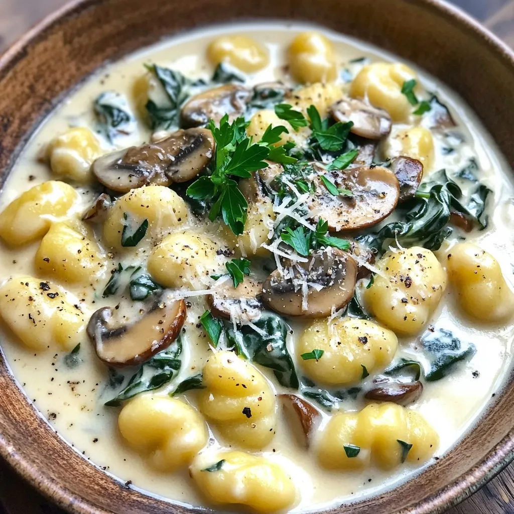 To make One-Pan Creamy Mushroom Spinach Gnocchi, gather these simple ingredients: - 1 pound potato gnocchi - 2 tablespoons olive oil - 8 ounces mushrooms, sliced (such as cremini or button) - 3 cloves garlic, minced - 1 cup fresh spinach - 1 cup heavy cream - 1 cup vegetable or chicken broth - ½ cup grated Parmesan cheese - 1 teaspoon Italian seasoning - Salt and pepper to taste - Fresh parsley for garnish (optional) Each ingredient plays a key role in the dish. The gnocchi acts as a soft base. Olive oil adds richness and helps cook the mushrooms. Mushrooms bring umami and texture. Garlic gives a fragrant kick. Spinach adds color and nutrients. Heavy cream creates that dreamy sauce. Broth adds depth, while Parmesan cheese enhances flavor. Italian seasoning ties it all together. Finish with salt, pepper, and parsley for a fresh touch. Feel free to mix and match ingredients based on what you have. This dish is flexible, and you can use different mushrooms or greens if you like. Just keep the core ingredients to maintain the creamy texture and taste. Sautéing Mushrooms First, heat 2 tablespoons of olive oil in a large skillet over medium heat. Once hot, add 8 ounces of sliced mushrooms. I prefer using cremini or button mushrooms. Sauté them for about 5-7 minutes. You want them golden brown, and the water should mostly evaporate. Adding Garlic Now it’s time to add 3 minced garlic cloves. Stir them into the mushrooms and cook for 1 more minute. You’ll smell the garlic becoming fragrant, which is a good sign! Creating the Creamy Sauce Next, pour in 1 cup of heavy cream and 1 cup of vegetable or chicken broth. Stir everything together until well mixed. Bring this mixture to a gentle simmer. This will form the base of your creamy sauce. Cooking the Gnocchi Add 1 pound of potato gnocchi to the pan. Sprinkle in 1 teaspoon of Italian seasoning. Stir well to coat the gnocchi with the creamy sauce. Cover the skillet and cook for 3-4 minutes. The gnocchi will soften and soak up some sauce. Combining Spinach and Cheese After the gnocchi has cooked, add 1 cup of fresh spinach and ½ cup of grated Parmesan cheese. Stir until the cheese melts and the spinach wilts. This adds flavor and a pop of color to the dish. Final Touches Lastly, season with salt and pepper to taste. Adjust according to your preference. Remove the pan from heat and let it sit for a couple of minutes. This helps the dish thicken slightly before serving. Enjoy your creamy mushroom spinach gnocchi! - Ensuring Perfect Gnocchi Texture To get the best gnocchi, use fresh ones. Cook them just until they float. This shows they are done. Overcooking makes them mushy, which we don't want. - Flavor Enhancements For more flavor, add a pinch of nutmeg to the cream. This small touch makes a big difference. You can also try adding a splash of white wine for depth. - Best Mushrooms to Use Cremini or button mushrooms work great here. They have a mild taste that blends well. If you like stronger flavors, shiitake mushrooms can add a nice twist. - Garnishing Options Sprinkle fresh parsley on top for color. You can also add more grated Parmesan for a richer look. A drizzle of olive oil can add shine and flavor. - Serving Suggestions Serve the gnocchi in shallow bowls. This makes it easier to enjoy every bite. Pair with a crisp salad or crusty bread for a complete meal. {{image_2}} - Dairy-Free Options: You can swap heavy cream with coconut milk or almond milk. Both will keep the dish creamy. Use nutritional yeast instead of Parmesan for a cheesy taste without dairy. - Vegetable Variations: Try adding different veggies! Peas, kale, or bell peppers work great. They add color and nutrition. You can also use frozen spinach if fresh is not available. - Protein Additions: Want to boost protein? Add cooked chicken, shrimp, or tofu. Just toss them in when you add the spinach. This makes the dish heartier and more filling. - Pairing Suggestions: This creamy gnocchi pairs well with a light salad. A simple arugula salad with lemon dressing adds freshness. A glass of white wine also complements the flavors nicely. - Side Dishes: Garlic bread is a classic choice. It soaks up the creamy sauce well. Roasted vegetables, like carrots and broccoli, add a nice crunch. They balance the soft texture of the gnocchi. - How Long They Last You can store leftover gnocchi in the fridge for up to three days. After that, the dish may lose its taste and texture. - Proper Storage Methods To keep your gnocchi fresh, place it in an airtight container. Make sure the lid fits tightly to keep air out. If you have extra sauce, store it separately to prevent the gnocchi from getting soggy. - Best Methods for Reheating The best way to reheat gnocchi is on the stove. Heat a small amount of olive oil in a pan over medium heat. Add the gnocchi and stir gently until warmed through. You can also use the microwave if you're in a hurry. Just cover the bowl loosely to avoid splatters. - Flavor Retention Strategies To keep the flavors fresh, add a splash of broth or cream while reheating. This helps maintain the creamy sauce and prevents it from drying out. Always taste before serving to see if it needs more seasoning. Can I use frozen gnocchi? Yes, you can use frozen gnocchi. Just add it directly to the sauce. Cook it for a few extra minutes until it is soft and heated through. How do I make this dish vegetarian? To make this dish vegetarian, simply use vegetable broth instead of chicken broth. All other ingredients are already vegetarian. What can I substitute for heavy cream? You can use coconut milk or cashew cream instead of heavy cream. These will give you a creamy texture without the dairy. Is this dish kid-friendly? Yes! This dish is very kid-friendly. Kids usually love gnocchi, creamy sauces, and mild flavors. It’s a great way to sneak in some greens too! This blog post covered a delicious gnocchi dish, sharing ingredients and prep steps. I provided tips for cooking and enhancing flavor. You also learned about variations, storage, and reheating your leftovers. Remember, gnocchi can be versatile and fun to make. Don't hesitate to try new ingredients or serving ideas. Enjoy this dish as a comforting meal for any occasion. Happy cooking!