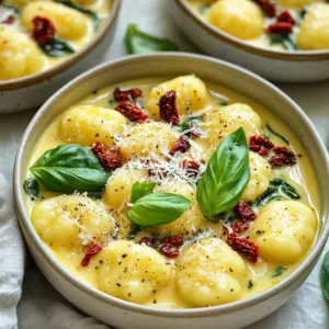 - Gnocchi options: You can choose store-bought gnocchi for speed or make your own for freshness. Store-bought saves time, but homemade offers a unique touch. Both bring a soft, pillowy texture to your dish. - Types of sun-dried tomatoes: Use sun-dried tomatoes packed in oil for the best flavor. They add a rich, tangy taste to the creamy sauce. You can find them in jars at the store. Just drain and chop them before adding. - Dairy vs. dairy-free options: Heavy cream gives a rich taste, but you can swap it for a dairy-free cream. Nutritional yeast can replace cheese for a vegan option. Both keep the dish creamy and satisfying. - Importance of fresh herbs versus dried: Fresh herbs, like basil, offer bright flavors. Dried herbs, like oregano, are handy but less vibrant. Use fresh when possible. They enhance the dish's overall taste. - Best alternatives for Italian seasoning: If you lack Italian seasoning, mix dried basil, oregano, and thyme. This combo gives you the same herbal notes. You can adjust the amounts to your liking. - Adding garlic and its health benefits: Garlic adds depth and aroma. It’s also great for your health. Garlic can boost your immune system and add flavor. Always use fresh garlic for the best taste. - Side dishes that complement the dish: A simple green salad pairs well. It adds a crisp contrast to the creamy gnocchi. You might also serve garlic bread for a comforting touch. - Suggested salads or bread for pairing: Try a mixed greens salad with a lemon vinaigrette. The bright flavors balance the richness of the gnocchi. Crusty bread is also perfect for soaking up any extra sauce. This blend of ingredients and flavors makes your One-Pot Creamy Sun-Dried Tomato Gnocchi a delightful meal. Start by heating olive oil in your pot over medium heat. This step is crucial. Heating the oil first helps release its rich flavor. Once warm, add minced garlic. Sauté it for about one minute until it smells good. Be careful not to burn it. Burnt garlic tastes bitter and can ruin your dish. Next, stir in the sun-dried tomatoes and Italian seasoning. This mix gives your dish a lovely flavor. Cook them together for about two minutes. Then, pour in the vegetable broth and cream. Stir well to combine everything. Bring this mixture to a simmer. This is when the magic begins, as all the flavors meld together. Now it’s time for the star of the show: gnocchi. Add the gnocchi to the pot. Cover it and cook for about three to five minutes. Keep an eye on it and stir occasionally. You’ll know they are done when they float to the top. This floating is a good sign that they are ready to eat. Once your gnocchi is cooked, add the chopped spinach and grated Parmesan cheese. Stir gently for one to two minutes. You want the spinach to wilt and the cheese to melt into the sauce. Taste your dish and add salt and pepper as needed. Adjusting the seasoning ensures your meal is perfect before serving. - Overcooking gnocchi: To prevent mushy gnocchi, keep an eye on the cooking time. Gnocchi should float to the top when done. Stir gently and remove them as soon as they rise. This keeps them firm and delicious. - Proper sautéing techniques for spices: Always heat your olive oil before adding garlic. Cook it for just a minute. If you cook garlic too long, it will burn, making the dish taste bitter. - Best pots or skillets to use for this recipe: A large pot or a deep skillet works best. Choose one with a heavy bottom to distribute heat evenly. This helps cook the gnocchi perfectly without sticking. - Essential utensils for easier preparation and serving: Use a wooden spoon to stir the gnocchi and sauce. A set of measuring cups and spoons will help you get the right amounts. A spatula is handy for serving. - Adding a zing with lemon or red pepper flakes: A squeeze of lemon juice brightens the dish. For some heat, add red pepper flakes. This gives your gnocchi a delightful kick. - Incorporating different cheese types for variations in flavor: Try using goat cheese or feta for a tangy twist. You can also mix in some mozzarella for extra creaminess. Each cheese adds its own unique flavor to the dish. {{image_2}} You can make this dish heartier by adding protein. Chicken, sausage, or tofu are great options. - Chicken: Cook diced chicken in the pot first. Add it after sautéing garlic. - Sausage: Use Italian sausage for more flavor. Remove the casing and crumble it in. - Tofu: For a vegetarian option, use firm tofu. Cube it and sauté it until golden. If you want plant-based proteins, consider chickpeas or lentils. They add great texture and nutrition. To make this dish vegan, swap out the cheese and cream. - Cream Substitute: Use coconut cream or cashew cream. They give a rich taste. - Cheese Substitute: Nutritional yeast works well for a cheesy flavor. You can also add more vegetables. Mushrooms or bell peppers add depth. - Mushrooms: Sauté them with garlic for extra umami. - Bell Peppers: Add chopped peppers for sweetness and crunch. Feel free to change the greens in this recipe. Spinach is great, but other veggies work too. - Kale: Use chopped kale for a hearty green. - Broccoli: Add small broccoli florets for a nice crunch. - Zucchini: Diced zucchini gives a fresh taste. Seasonal vegetables can change the flavor. Use asparagus in spring or butternut squash in fall. To keep your One-Pot Creamy Sun-Dried Tomato Gnocchi fresh, store leftovers in the fridge. Use an airtight container to avoid moisture loss. Let the dish cool before sealing it. This helps keep the flavors intact. Enjoy your gnocchi within three to four days for the best taste. If you want to freeze it, portion the gnocchi into freezer-safe bags. Remove as much air as possible before sealing. This helps prevent freezer burn. When ready to eat, thaw the gnocchi overnight in the fridge. Reheat it gently on the stove or in the microwave. In the fridge, your creamy gnocchi lasts about three to four days. After that, it may lose flavor and texture. Look for these signs of spoilage: - Off smells or sour odors - Changes in color or texture - Mold or visible spoilage If you notice any of these signs, it's best to discard the dish. It’s always better to be safe than sorry! You can prepare some parts of this dish in advance. Chop the sun-dried tomatoes and garlic ahead of time. Store them in small containers for easy access. You can also measure out the broth and cream. This saves you time when you're ready to cook. For storage, use glass or BPA-free plastic containers. They keep your ingredients fresh and make it easy to see what you have. Label each container with the date. This way, you know when to use them. Meal prep makes cooking fun and less stressful! If you cannot find gnocchi, there are tasty options. You can use small pasta like farfalle or orzo. Another choice is potato dumplings, which give a similar texture. In a pinch, you can even use rice or quinoa for a different twist. Each alternative will change the dish a bit, but it will still be delicious! Yes, you can prepare this dish ahead of time. Cook the gnocchi, then let it cool. Store it in the fridge for up to two days. To reheat, place it in a pot with a splash of broth or cream. Stir gently over low heat until warm. This keeps the flavors fresh and creamy. Absolutely! Look for gluten-free gnocchi at your local store. You can also make your own using gluten-free flour. To keep it gluten-free, check the labels on vegetable broth and cheese. Adjust the recipe to use gluten-free options, and you will enjoy a tasty meal without worry. In this article, we explored how to create a delicious one-pot gnocchi meal. You learned about key ingredients, including gnocchi choices, sun-dried tomato types, and dairy options. I shared tips for cooking and serving, along with helpful tricks to avoid common mistakes. Finally, we discussed variations, storage, and answered key FAQs. These insights should help you make this dish easily and enjoyably. Now, it’s time to gather your ingredients and get cooking!
