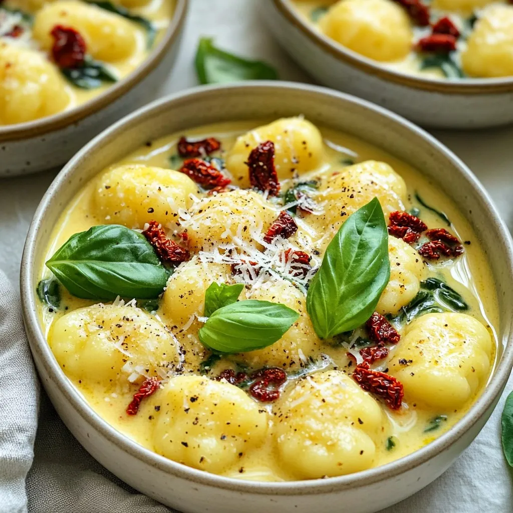 - Gnocchi options: You can choose store-bought gnocchi for speed or make your own for freshness. Store-bought saves time, but homemade offers a unique touch. Both bring a soft, pillowy texture to your dish. - Types of sun-dried tomatoes: Use sun-dried tomatoes packed in oil for the best flavor. They add a rich, tangy taste to the creamy sauce. You can find them in jars at the store. Just drain and chop them before adding. - Dairy vs. dairy-free options: Heavy cream gives a rich taste, but you can swap it for a dairy-free cream. Nutritional yeast can replace cheese for a vegan option. Both keep the dish creamy and satisfying. - Importance of fresh herbs versus dried: Fresh herbs, like basil, offer bright flavors. Dried herbs, like oregano, are handy but less vibrant. Use fresh when possible. They enhance the dish's overall taste. - Best alternatives for Italian seasoning: If you lack Italian seasoning, mix dried basil, oregano, and thyme. This combo gives you the same herbal notes. You can adjust the amounts to your liking. - Adding garlic and its health benefits: Garlic adds depth and aroma. It’s also great for your health. Garlic can boost your immune system and add flavor. Always use fresh garlic for the best taste. - Side dishes that complement the dish: A simple green salad pairs well. It adds a crisp contrast to the creamy gnocchi. You might also serve garlic bread for a comforting touch. - Suggested salads or bread for pairing: Try a mixed greens salad with a lemon vinaigrette. The bright flavors balance the richness of the gnocchi. Crusty bread is also perfect for soaking up any extra sauce. This blend of ingredients and flavors makes your One-Pot Creamy Sun-Dried Tomato Gnocchi a delightful meal. Start by heating olive oil in your pot over medium heat. This step is crucial. Heating the oil first helps release its rich flavor. Once warm, add minced garlic. Sauté it for about one minute until it smells good. Be careful not to burn it. Burnt garlic tastes bitter and can ruin your dish. Next, stir in the sun-dried tomatoes and Italian seasoning. This mix gives your dish a lovely flavor. Cook them together for about two minutes. Then, pour in the vegetable broth and cream. Stir well to combine everything. Bring this mixture to a simmer. This is when the magic begins, as all the flavors meld together. Now it’s time for the star of the show: gnocchi. Add the gnocchi to the pot. Cover it and cook for about three to five minutes. Keep an eye on it and stir occasionally. You’ll know they are done when they float to the top. This floating is a good sign that they are ready to eat. Once your gnocchi is cooked, add the chopped spinach and grated Parmesan cheese. Stir gently for one to two minutes. You want the spinach to wilt and the cheese to melt into the sauce. Taste your dish and add salt and pepper as needed. Adjusting the seasoning ensures your meal is perfect before serving. - Overcooking gnocchi: To prevent mushy gnocchi, keep an eye on the cooking time. Gnocchi should float to the top when done. Stir gently and remove them as soon as they rise. This keeps them firm and delicious. - Proper sautéing techniques for spices: Always heat your olive oil before adding garlic. Cook it for just a minute. If you cook garlic too long, it will burn, making the dish taste bitter. - Best pots or skillets to use for this recipe: A large pot or a deep skillet works best. Choose one with a heavy bottom to distribute heat evenly. This helps cook the gnocchi perfectly without sticking. - Essential utensils for easier preparation and serving: Use a wooden spoon to stir the gnocchi and sauce. A set of measuring cups and spoons will help you get the right amounts. A spatula is handy for serving. - Adding a zing with lemon or red pepper flakes: A squeeze of lemon juice brightens the dish. For some heat, add red pepper flakes. This gives your gnocchi a delightful kick. - Incorporating different cheese types for variations in flavor: Try using goat cheese or feta for a tangy twist. You can also mix in some mozzarella for extra creaminess. Each cheese adds its own unique flavor to the dish. {{image_2}} You can make this dish heartier by adding protein. Chicken, sausage, or tofu are great options. - Chicken: Cook diced chicken in the pot first. Add it after sautéing garlic. - Sausage: Use Italian sausage for more flavor. Remove the casing and crumble it in. - Tofu: For a vegetarian option, use firm tofu. Cube it and sauté it until golden. If you want plant-based proteins, consider chickpeas or lentils. They add great texture and nutrition. To make this dish vegan, swap out the cheese and cream. - Cream Substitute: Use coconut cream or cashew cream. They give a rich taste. - Cheese Substitute: Nutritional yeast works well for a cheesy flavor. You can also add more vegetables. Mushrooms or bell peppers add depth. - Mushrooms: Sauté them with garlic for extra umami. - Bell Peppers: Add chopped peppers for sweetness and crunch. Feel free to change the greens in this recipe. Spinach is great, but other veggies work too. - Kale: Use chopped kale for a hearty green. - Broccoli: Add small broccoli florets for a nice crunch. - Zucchini: Diced zucchini gives a fresh taste. Seasonal vegetables can change the flavor. Use asparagus in spring or butternut squash in fall. To keep your One-Pot Creamy Sun-Dried Tomato Gnocchi fresh, store leftovers in the fridge. Use an airtight container to avoid moisture loss. Let the dish cool before sealing it. This helps keep the flavors intact. Enjoy your gnocchi within three to four days for the best taste. If you want to freeze it, portion the gnocchi into freezer-safe bags. Remove as much air as possible before sealing. This helps prevent freezer burn. When ready to eat, thaw the gnocchi overnight in the fridge. Reheat it gently on the stove or in the microwave. In the fridge, your creamy gnocchi lasts about three to four days. After that, it may lose flavor and texture. Look for these signs of spoilage: - Off smells or sour odors - Changes in color or texture - Mold or visible spoilage If you notice any of these signs, it's best to discard the dish. It’s always better to be safe than sorry! You can prepare some parts of this dish in advance. Chop the sun-dried tomatoes and garlic ahead of time. Store them in small containers for easy access. You can also measure out the broth and cream. This saves you time when you're ready to cook. For storage, use glass or BPA-free plastic containers. They keep your ingredients fresh and make it easy to see what you have. Label each container with the date. This way, you know when to use them. Meal prep makes cooking fun and less stressful! If you cannot find gnocchi, there are tasty options. You can use small pasta like farfalle or orzo. Another choice is potato dumplings, which give a similar texture. In a pinch, you can even use rice or quinoa for a different twist. Each alternative will change the dish a bit, but it will still be delicious! Yes, you can prepare this dish ahead of time. Cook the gnocchi, then let it cool. Store it in the fridge for up to two days. To reheat, place it in a pot with a splash of broth or cream. Stir gently over low heat until warm. This keeps the flavors fresh and creamy. Absolutely! Look for gluten-free gnocchi at your local store. You can also make your own using gluten-free flour. To keep it gluten-free, check the labels on vegetable broth and cheese. Adjust the recipe to use gluten-free options, and you will enjoy a tasty meal without worry. In this article, we explored how to create a delicious one-pot gnocchi meal. You learned about key ingredients, including gnocchi choices, sun-dried tomato types, and dairy options. I shared tips for cooking and serving, along with helpful tricks to avoid common mistakes. Finally, we discussed variations, storage, and answered key FAQs. These insights should help you make this dish easily and enjoyably. Now, it’s time to gather your ingredients and get cooking!