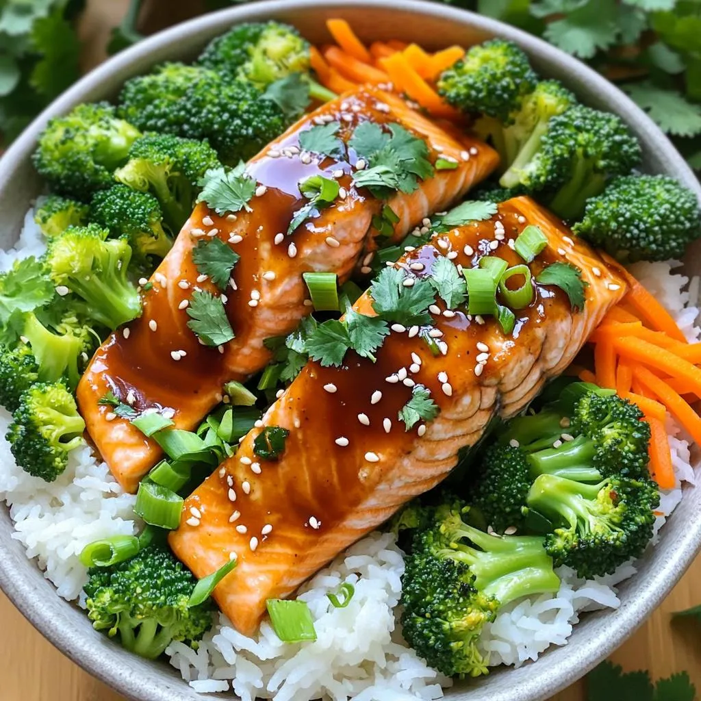 To make the teriyaki salmon rice bowls, you need: - 2 salmon fillets - 1 cup jasmine rice - 2 cups water - 1/4 cup low-sodium soy sauce - 2 tablespoons honey or maple syrup - 1 tablespoon rice vinegar - 1 teaspoon sesame oil - 2 green onions, chopped - 1 tablespoon sesame seeds - 1 cup steamed broccoli florets - 1 carrot, julienned - Salt and pepper to taste - Fresh cilantro for garnish (optional) These ingredients bring bold flavors and great texture. Salmon gives a rich taste. Jasmine rice adds a fragrant base. The soy sauce and honey blend for a sweet and salty sauce. This recipe uses quick-cook ingredients. The jasmine rice cooks in about 15-18 minutes. Salmon cooks fast in a skillet. You can prepare the teriyaki sauce in just a few minutes. This means you can enjoy this meal in about 30 minutes! For garnishes, I recommend using chopped green onions and sesame seeds. They add crunch and flavor. Fresh cilantro can also brighten your dish. If you want more veggies, add bell peppers or snap peas. These choices make your bowl colorful and tasty! To start, rinse 1 cup of jasmine rice under cold water. Keep rinsing until the water runs clear. This step helps remove extra starch. Next, add the rinsed rice to a saucepan with 2 cups of water. Bring this mixture to a boil. Once it boils, lower the heat to low. Cover the saucepan and let it simmer for 15 to 18 minutes. When all the water is gone, fluff the rice with a fork and set it aside. Making teriyaki sauce is easy and quick. In a small bowl, mix together 1/4 cup of low-sodium soy sauce, 2 tablespoons of honey or maple syrup, 1 tablespoon of rice vinegar, and 1 teaspoon of sesame oil. Whisk these ingredients until well combined. This sauce adds a sweet and savory flavor to the salmon. Set the sauce aside for later. For the salmon, use 2 fillets. Heat a non-stick skillet over medium heat. Season the salmon with salt and pepper. Once the skillet is hot, place the fillets skin-side down. Cook them for about 4 to 5 minutes. Flip the fillets, then pour the teriyaki sauce over them. Cook for another 3 to 4 minutes. Baste the salmon with the sauce to keep it moist. The salmon is done when it flakes easily with a fork. To cook salmon well, start with fresh, high-quality fillets. Make sure they are thawed if frozen. Season them with salt and pepper just before cooking. Heat your skillet on medium. Use a non-stick pan to prevent sticking. Cook the salmon skin-side down first. This gives it a nice texture. Watch for the edges to turn pink. Flip the fillets gently when they are ready. Pour the teriyaki sauce over the salmon to add flavor. Cook until the fish flakes easily. This should take about 7-9 minutes total. You can add more flavor to your teriyaki salmon in simple ways. Try ginger or garlic for a zesty kick. A sprinkle of red pepper flakes adds heat. For a fresh touch, squeeze some lime juice over the top. You can also mix in a little orange zest in the teriyaki sauce. This gives a sweet and citrusy twist. Experiment with these extras to find your favorite blend. Sometimes cooking salmon can be tricky. If the fish sticks to the pan, it may not be hot enough. Make sure to preheat your skillet well. If your salmon is overcooked, it will be dry. Keep a close eye on the cooking time. If you notice your teriyaki sauce is too thick, add a splash of water to thin it out. If the flavor is too salty, adding a bit of honey can balance it. Remember, practice makes perfect! {{image_2}} If you want a change from salmon, try different proteins. Chicken works great here. Just grill or pan-sear it until cooked. Shrimp is another fast option. Sauté shrimp in the teriyaki sauce for a quick meal. Tofu can also be used for a vegetarian twist. Press and cube the tofu, then fry until golden. This gives you great texture and flavor. For a vegan rice bowl, swap the salmon for tempeh or more tofu. Use the same teriyaki sauce on these proteins. Instead of honey, use maple syrup to keep it vegan. You can add more veggies like bell peppers or snap peas. They add color and crunch. This way, you still enjoy a hearty bowl without animal products. Don’t be afraid to get creative with your rice bowls. You can serve them in a lettuce wrap for a fresh twist. Use large lettuce leaves to hold the rice and toppings. Try adding pickled ginger for a zesty kick. Crispy nori strips can also add great flavor. You can mix and match your favorite toppings for a unique meal each time. To store leftover salmon rice bowls, let them cool first. Place them in an airtight container. Make sure to separate the salmon, rice, and veggies if you can. This keeps the texture nice. Store in the fridge for up to three days. For best taste, eat them sooner rather than later. When you are ready to eat, take the salmon rice bowl from the fridge. If you stored the ingredients separately, combine them back together. Place the bowl in the microwave. Heat it in short bursts, about 30 seconds at a time. Stir between each burst to ensure even heating. You can also reheat it on the stove. Just use medium heat until warm. Add a splash of water for steam. This keeps the rice moist. If you want to freeze your salmon rice bowls, pack them in freezer-safe containers. Allow the bowls to cool before sealing. You can freeze them for up to three months. When you’re ready to eat, thaw them in the fridge overnight. Reheat them in the microwave or on the stove as mentioned earlier. This way, you have a quick meal ready when you need it! Yes, you can use brown rice. Brown rice has more fiber and nutrients. It takes longer to cook, about 40-50 minutes. You may need more water too, so adjust your cooking time and liquid. The taste is nuttier, which adds a nice twist to your bowl. Cooked salmon lasts 3 to 4 days in the fridge. Store it in an airtight container. Always check for any off smells or changes in texture before eating. If it looks or smells bad, it's better to toss it out for safety. You can use coconut aminos as a soy sauce alternative. It’s lower in sodium and has a mild taste. If you need a gluten-free option, look for tamari sauce. For a lighter flavor, try a mix of broth with a bit of vinegar. In this article, we explored how to make Teriyaki Salmon Rice Bowls. We discussed essential ingredients, quick-cook options, and suggested garnishes. I shared steps for cooking jasmine rice, making teriyaki sauce, and perfectly cooking salmon. You learned tips for enhancing flavors and fixing common issues. We also covered tasty variations and storage methods. Now, you have all the tools to create a delicious meal. Enjoy your cooking and get creative with it!