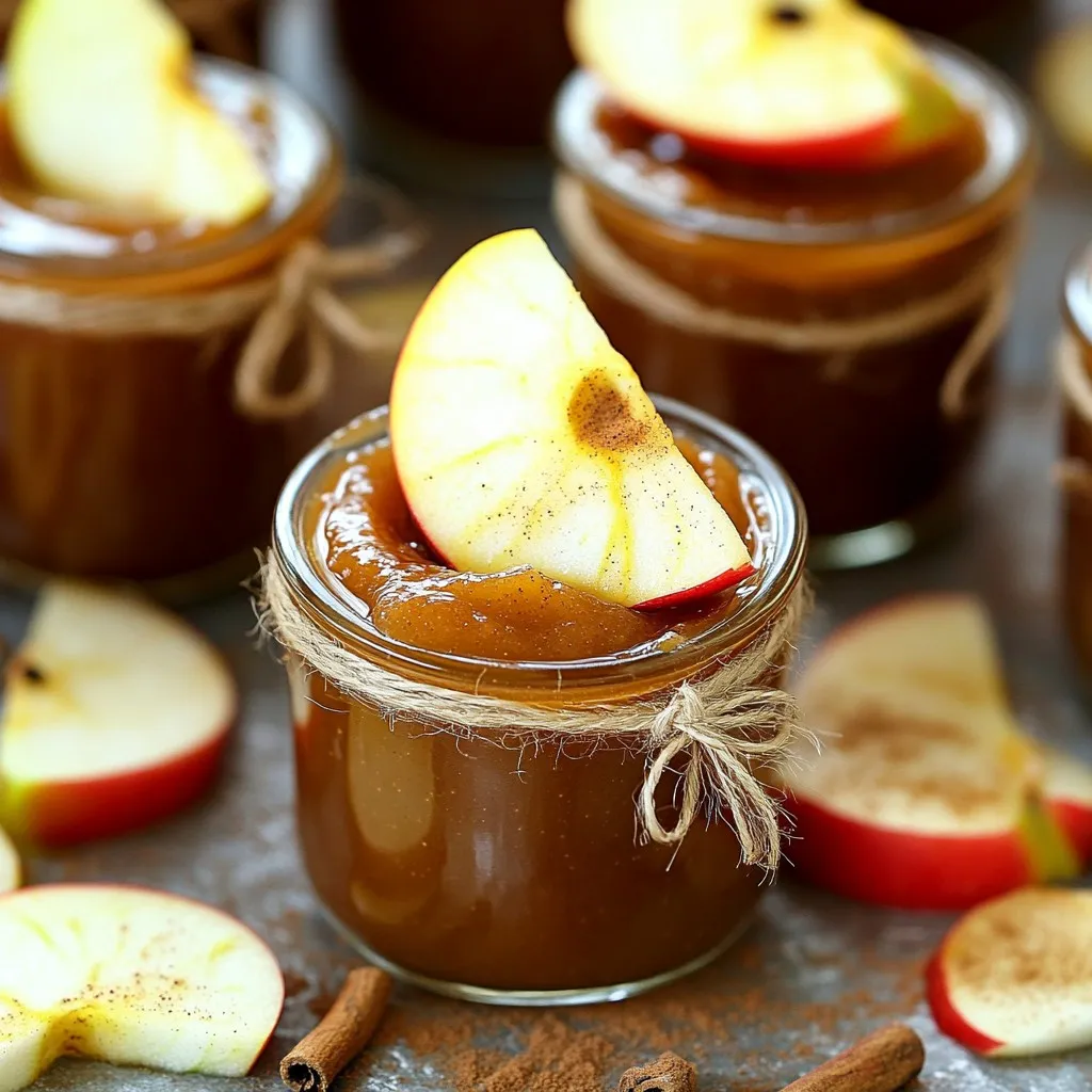 To make slow cooker cinnamon apple butter, you’ll need these simple ingredients: - 6 large apples (such as Fuji or Honeycrisp), peeled, cored, and chopped - 1 cup brown sugar - 1/2 cup granulated sugar - 2 teaspoons ground cinnamon - 1/2 teaspoon ground nutmeg - 1/4 teaspoon ground allspice - 2 tablespoons lemon juice - 1/4 teaspoon salt - 1/2 cup water or apple cider Choosing the right apples makes a big difference. I love using Fuji and Honeycrisp apples. They are sweet, juicy, and have good texture. You can also try Granny Smith for a tart flavor. Mixing different apples adds depth to your apple butter. Don’t worry if you’re missing an ingredient. You can swap out some items. If you don’t have brown sugar, use all granulated sugar. For the spices, feel free to adjust them based on your taste. If you want a sweeter mix, add more sugar. You can replace lemon juice with apple cider vinegar if needed. Lastly, if you don’t have water, just use apple cider for extra flavor. First, you need to peel, core, and chop the apples. I like using Fuji or Honeycrisp apples. Their sweetness adds great flavor. Aim for about six large apples. Place the chopped apples directly into your slow cooker. This is where the magic will happen. Next, grab a bowl to mix your sugars and spices. Combine 1 cup of brown sugar and 1/2 cup of granulated sugar. Then add 2 teaspoons of ground cinnamon, 1/2 teaspoon of nutmeg, and 1/4 teaspoon of allspice. Don’t forget to add 2 tablespoons of lemon juice and 1/4 teaspoon of salt. Stir the mixture well until it is evenly combined. This mix will bring out the best in your apples. Now, pour the sugar mixture over the apples in the slow cooker. Add 1/2 cup of water or apple cider to help everything cook down. Stir it all together to coat the apples. Cover the slow cooker and set it to low for 8 hours or high for 4 hours. If you can, stir occasionally to mix the flavors. After the apples are soft and thick, use an immersion blender to puree the mixture. If you want a chunkier texture, you can skip blending or pulse it a few times. Cook the apple butter uncovered on low for another 1-2 hours to reach your desired thickness. Stir it now and then. This will help it thicken nicely. To get the best texture, you want to blend the apples well. After cooking, use an immersion blender. This tool makes it easy to create a smooth apple butter. If you like it chunkier, blend just a bit or leave it as is. Cooking it down uncovered helps thicken the mix. Stir it now and then, and keep an eye on it. You can boost the flavor of your apple butter easily. Try adding a splash of vanilla extract for a sweet twist. A bit of ginger can add a warm kick. If you like a deeper taste, consider using dark brown sugar. Adding a pinch of cloves or cardamom can also elevate it. Each tweak can make your apple butter unique. Avoid using too many types of apples. Stick to one or two for a balanced flavor. Don’t skip the lemon juice; it brightens the mix and helps with preservation. Watch the cooking time. Overcooking can lead to burnt flavors. Finally, remember to stir occasionally for even cooking. These small tips can make a big difference! {{image_2}} To make spiced apple butter, you can add more spices. Try using ginger or cloves. Both spices bring warmth and depth. Adjust the amount to match your taste. I often add a teaspoon of ground ginger. It gives a nice kick that pairs well with apples. Cloves can be strong, so start with just a pinch. You will enjoy how these spices transform the flavor. If you want a low-sugar version, reduce the sugars. Use just half a cup of brown sugar. You can also use sugar alternatives like stevia. These swaps lower the sweetness but keep the apple flavor. Remember to taste as you go. You may want to adjust the spices to balance the flavors. This way, you can enjoy the apple butter without the extra sugar. Adding other fruits can enhance your apple butter. Try mixing in pears or cranberries for a twist. Make sure to chop them small so they cook well. If using cranberries, add them with the apples. They will break down and add a tart flavor. With pears, mix them in with the apples. This combination creates a unique taste that surprises your family and friends. Once your apple butter is cool, transfer it to clean jars. Seal them tightly. You can store the apple butter in the fridge. It stays fresh for up to three weeks. Make sure to label the jars with the date. This helps you track how long it has been stored. If you want to keep your apple butter longer, consider canning it. First, prepare your jars by sterilizing them in boiling water. Fill the hot jars with apple butter, leaving about half an inch of space at the top. Seal the jars with lids and bands. Process them in a water bath for about 10 minutes. Once done, let them cool on a towel. Check the seals to ensure they are tight. Properly canned apple butter can last for up to a year in your pantry. Freezing is another great option for storage. Use freezer-safe containers or bags. Leave a little space at the top, as the apple butter will expand when frozen. Label the bags with the date. When you want to use it, just thaw it in the fridge overnight. Frozen apple butter can last for up to six months. Slow cooker cinnamon apple butter can last up to three weeks in the fridge. Store it in sterilized jars. Make sure to seal the jars well. If you want to keep it longer, consider canning. Canning can extend the shelf life to a year or more if done correctly. Yes, you can make this apple butter on the stove. Cook the apples in a large pot over low heat. Stir often to prevent sticking. It may take less time than in a slow cooker. Cook until the apples are soft and the mixture thickens. Use an immersion blender to get the right texture. Apple butter is so versatile! You can spread it on toast or pancakes. It also makes a great filling for pastries. Try adding it to oatmeal for extra flavor. You can even use it in marinades for meats. The options are endless, so get creative! In this article, we covered how to make apple butter from fresh apples. You learned about the best apple types and substitutions. I shared step-by-step instructions for preparing and cooking ingredients. We also explored tips to achieve the right consistency and flavor. Variations like spiced or low-sugar options add fun twists. Finally, we discussed proper storage methods to keep your apple butter fresh. With this guide, you can create delicious apple butter and share it with friends and family. Enjoy your cooking!