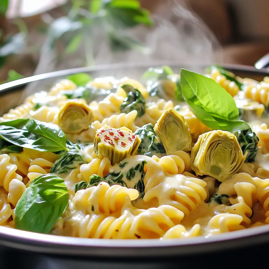 - 12 ounces pasta (fusilli or penne) - 1 tablespoon olive oil - 3 cloves garlic, minced - 1 can (14 ounces) artichoke hearts, drained and quartered - 4 cups fresh spinach - 4 cups vegetable broth - 1 cup heavy cream or coconut cream - 1 cup grated parmesan cheese (or nutritional yeast for a vegan option) - 1/2 teaspoon crushed red pepper flakes (optional) - Salt and pepper to taste - Fresh basil leaves for garnish - Crushed red pepper flakes add heat. - Nutritional yeast works for a vegan cheese taste. - Fresh herbs can boost flavor. - Large pot for cooking - Wooden spoon for stirring - Measuring cups and spoons - Knife and cutting board for prep This dish is simple and fun to make. Gathering these ingredients will set you up for success. You can easily swap or add items based on what you love. Enjoy the process and make it your own! Start by heating a large pot on medium heat. Add 1 tablespoon of olive oil. Once the oil is warm, add 3 cloves of minced garlic. Sauté the garlic for about 1 minute. You want it fragrant, not browned. Next, add 1 can of drained and quartered artichoke hearts. Stir and cook for 2 to 3 minutes to warm them up. Now, add 12 ounces of your chosen pasta, like fusilli or penne. Pour in 4 cups of vegetable broth and 1 cup of heavy cream. Stir this mixture well. Increase the heat to bring it to a boil. After it boils, reduce the heat and cover the pot. Cook according to the pasta package, usually about 10 to 12 minutes. Stir occasionally to keep the pasta from sticking. Once the pasta is tender and most liquid is absorbed, add 4 cups of fresh spinach. Then, mix in 1 cup of grated parmesan cheese. If you like spice, add 1/2 teaspoon of crushed red pepper flakes. Stir until the spinach wilts and the cheese melts. Season with salt and pepper to taste. Remove the pot from the heat and let it sit for a few minutes. This will help thicken the sauce. Serve hot, garnished with fresh basil leaves for a lovely finish. To boost the taste of your Spinach Artichoke One-Pot Pasta, use fresh herbs. Fresh basil adds a bright touch. You can also sprinkle in a little lemon juice. This gives a fresh flavor that complements the dish. If you enjoy spice, add more crushed red pepper flakes. This will give your pasta a warm kick. One common mistake is overcooking the pasta. Follow the package time closely. Stir often to stop it from sticking. Another mistake is not using enough salt. Salt helps bring out the flavors. Always taste before serving. Adjust with more salt or pepper if needed. Using a large pot helps cook everything evenly. Start with medium heat to sauté garlic and artichokes. This keeps them from burning. Be sure to stir when you add the pasta and liquid. This helps avoid clumps. Let the dish sit after cooking to let the sauce thicken. This makes each bite creamy and rich. {{image_2}} You can make this dish vegan by swapping a few ingredients. Instead of heavy cream, use coconut cream. It adds a rich, creamy texture. For cheese, use nutritional yeast. It gives a cheesy flavor without dairy. This option keeps the dish tasty and plant-based. If you need a gluten-free version, choose gluten-free pasta. Brands like brown rice or quinoa pasta work well. They cook just like regular pasta. Ensure your vegetable broth is gluten-free too. This way, you can enjoy the dish without worry. Want to boost the protein? Add cooked chicken or shrimp. They mix well with the flavors. You can also use chickpeas or white beans for a plant-based protein. They add texture and nutrients. Just stir them in when you add the spinach and cheese. After making your Spinach Artichoke One-Pot Pasta, let it cool down first. Store leftovers in an airtight container. This keeps the pasta fresh and tasty. Place the container in the fridge. It will last for about three to four days. Remember to label the container with the date. This way, you won’t forget when you made it. To reheat your pasta, you can use the stove or microwave. If using the stove, add a splash of water or broth to the pot. Heat it on low, stirring often. This will help keep it from sticking. If using the microwave, place the pasta in a bowl. Cover it with a damp paper towel. Heat for one minute, then stir. Repeat until it's hot. If you want to save some for later, freezing works well. First, let the pasta cool completely. Then, portion it into freezer-safe bags or containers. Squeeze out any air before sealing. You can freeze it for up to three months. To eat, thaw it in the fridge overnight. Reheat it on the stove or microwave as mentioned earlier. Enjoy your pasta even after a few months! Yes, you can use frozen spinach. Just remember to thaw and drain it first. Frozen spinach is easy to use and saves time. It also works well in this dish. Add it in place of fresh spinach at the end. Make sure to mix it in until it's heated through. If you need a substitute for heavy cream, try coconut cream or cashew cream. Both options give a rich taste. You can also use half-and-half or whole milk for a lighter dish. Just remember, using alternatives may change the flavor slightly. Adjust seasonings if needed to keep the taste balanced. To make your pasta spicier, add more crushed red pepper flakes. Start with an extra 1/4 teaspoon. You can also mix in fresh chopped chili peppers. If you want a kick, try hot sauce or sriracha. Always taste as you go to find your perfect heat level. This blog post covered key ingredients, cooking steps, and helpful tips. You learned how to cook pasta perfectly and enhance its taste. We discussed a vegan option and gluten-free substitutes. Storing leftovers and reheating them properly ensures great meals later. With these insights, you can now create delicious dishes every time. Enjoy experimenting with flavors and techniques that suit your taste. Happy cooking!