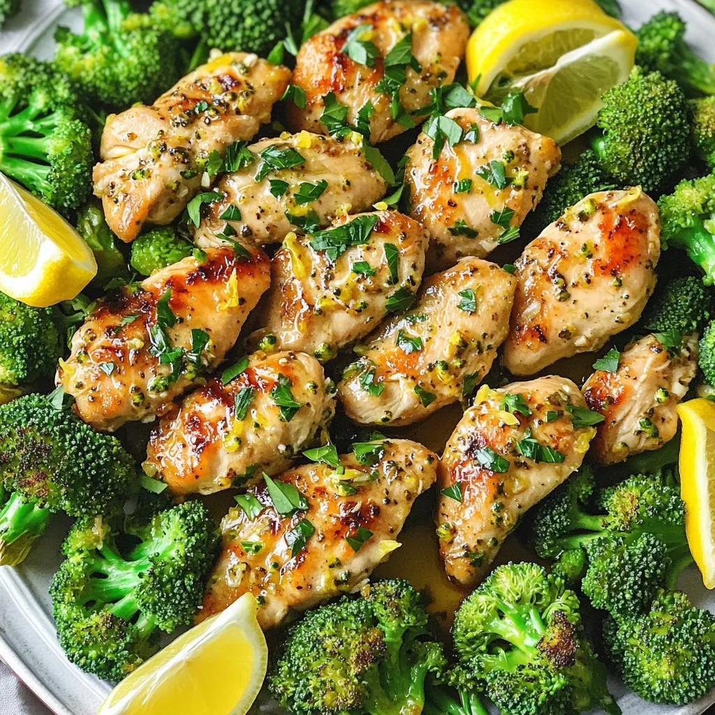 - 4 boneless, skinless chicken breasts - 2 cups broccoli florets - 3 tablespoons olive oil - 4 cloves garlic, minced - Zest of 1 lemon - 2 tablespoons lemon juice - 1 teaspoon dried oregano - 1 teaspoon paprika - Salt and pepper to taste - Fresh parsley, chopped (for garnish) The main ingredients create a lovely base. Boneless, skinless chicken breasts are easy to cook and absorb flavors well. Broccoli florets add a great crunch and nutrition. Olive oil helps the chicken stay juicy while adding flavor. Now, let's talk about flavor enhancers. Garlic brings a rich taste that makes this dish special. The zest and juice of the lemon give a bright, fresh flavor that lifts the entire meal. Dried oregano and paprika add depth, making each bite exciting. For seasoning, salt and pepper are key. They bring out the natural flavors of the chicken and broccoli. Adding fresh parsley as a garnish adds a pop of color and a hint of freshness. All these ingredients work in harmony. Together, they create a dish that is not only tasty but also visually appealing. You will enjoy making and sharing this meal. To start, you need to marinate the chicken. This step adds big flavor. In a bowl, mix together the olive oil, minced garlic, lemon zest, lemon juice, oregano, paprika, salt, and pepper. Place the chicken breasts in the bowl and coat them well. Let the chicken marinate for at least 15 minutes. This time helps the flavors soak in. If you have more time, letting it marinate longer can make it even better. Next, it's time to arrange the food on the sheet pan. Spread the marinated chicken breasts evenly on the pan. Make sure they have space between them. This helps them cook evenly and get nice and crispy. Now, toss the broccoli florets in any leftover marinade. Then, place them around the chicken on the sheet pan. This way, the broccoli will soak up some of the chicken's flavor. Before cooking, preheat your oven to 400°F (200°C). This heat is perfect for roasting. Once the oven is ready, place the sheet pan inside. Cook the chicken and broccoli for 25 to 30 minutes. You should check for doneness. The chicken is ready when it reaches 165°F. The broccoli should be tender and have crispy edges, adding a nice texture. After cooking, remove the sheet pan from the oven. Let it rest for a few minutes before serving. This resting time helps the juices settle. Enjoy your meal! To get the most taste from your chicken, marinate it well. Use the marinade made from olive oil, minced garlic, lemon zest, lemon juice, oregano, paprika, salt, and pepper. Coat the chicken breasts fully, then let them sit for at least 15 minutes. For even better flavor, you can marinate them for a few hours in the fridge. Taste your marinade before adding the chicken. If you want more zing, add more lemon juice or salt. Adjust to your liking for the best flavor. To keep your broccoli crisp, roast it for about 25-30 minutes with the chicken. Check it halfway through. If you want it crunchier, cook it for less time. When the edges turn slightly brown, it’s perfect! If you prefer, you can steam the broccoli first. This gives it a bright green color and keeps it tender. After steaming, toss it in the marinade and then roast it with the chicken. For a beautiful presentation, serve the chicken and broccoli on a large platter. Drizzle any leftover juices from the sheet pan over the top for extra flavor. Sprinkle freshly chopped parsley for a pop of color. Add lemon wedges on the side. They not only look good but also give a fresh burst of flavor when squeezed over the dish. For side dishes, consider rice or a fresh salad to balance the meal. {{image_2}} You can swap chicken breasts for thighs. Thighs are juicier, adding more flavor. They also stay tender even if cooked longer. If you want a meat-free dish, try tofu or chickpeas. Both options soak up the marinade well. This way, you still enjoy a tasty meal. Feel free to add more veggies. Carrots, bell peppers, or zucchini work great. They add color and crunch. You can also play with spices. Try adding cumin or crushed red pepper for heat. This can change the dish's flavor profile. For gluten-free needs, this recipe is already safe. All ingredients are naturally gluten-free. If you're watching calories, reduce the olive oil. You can use half the amount and still get good results. Another option is to use skinless chicken thighs for more flavor without many calories. To keep your Lemon Garlic Chicken and Broccoli fresh, follow these steps: - Refrigeration: Place leftovers in an airtight container. They stay fresh for 3-4 days in the fridge. - Freezing: For longer storage, freeze chicken and broccoli. Use freezer-safe bags or containers. They last for about 2-3 months in the freezer. When you're ready to enjoy your leftovers, use these methods: - Optimal Methods: The best way to reheat is in the oven. Preheat to 350°F (175°C). Heat for about 15-20 minutes. This keeps the chicken juicy and the broccoli crisp. - Ensuring Food Safety: Always check that the chicken reaches 165°F (74°C) before eating. This ensures it’s safe to enjoy. Make your week easier with these meal prep tips: - Portioning for Quick Meals: Divide leftovers into single servings. Store them in grab-and-go containers. This helps you save time during busy days. - Using Leftovers Creatively: Chop leftover chicken and mix it into salads or wraps. You can also add it to pasta dishes for a quick meal. You should marinate the chicken for at least 15 minutes. This gives the flavors time to soak in. For best results, marinate for up to 2 hours. Longer marination adds more flavor. However, avoid marinating for more than 24 hours. This can make the chicken too soft. Yes, you can grill this recipe! Start by marinating the chicken as usual. Preheat your grill to medium-high heat. Grill the chicken for about 6-7 minutes per side. Check for an internal temperature of 165°F to ensure it's cooked. For the broccoli, use a grill basket or skewers. Grill until tender and slightly charred. This dish pairs well with many sides. Here are some ideas: - Rice or quinoa for a hearty base. - Garlic bread for a tasty crunch. - A fresh salad to add color and crunch. - Mashed potatoes for comfort food vibes. Feel free to mix and match these sides to create your perfect meal! This blog post covers a simple yet delicious lemon garlic chicken and broccoli recipe. We explored key ingredients like chicken breasts, broccoli, and flavor enhancers like garlic and lemon. You learned how to prepare the chicken, arrange it on the sheet pan, and ensure perfect cooking. Remember, marinating is key for flavor. Feel free to try different proteins or veggies to switch things up. With the right tips, your meals will be tasty and fun. Enjoy your cooking and share your results!
