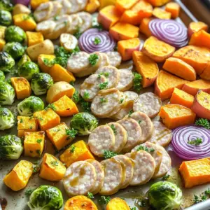 - 1 pound chicken or turkey sausage links - 2 cups Brussels sprouts, halved - 2 sweet potatoes, cubed - 1 red onion, cut into wedges - 1 cup carrots, sliced - 1/4 cup pure maple syrup - 2 tablespoons olive oil - 1 teaspoon dried thyme - 1 teaspoon garlic powder - Salt and pepper to taste - 1/4 cup chopped fresh parsley for garnish Gather these ingredients for a tasty dish. The chicken or turkey sausage offers lean protein. Brussels sprouts add a great crunch, while sweet potatoes bring sweetness. Carrots and red onions add color and flavor. The maple syrup gives a warm glaze. Olive oil helps everything roast well. Thyme and garlic powder give depth. Don’t forget salt and pepper to bring out all the tastes. Finally, fresh parsley adds a lovely finish. This mix of ingredients makes for a satisfying meal. 1. Preheating the oven: First, set your oven to 425°F (220°C). This high heat helps the food roast and caramelize nicely. 2. Preparing the vegetables: Take 2 cups of Brussels sprouts and slice them in half. Cube 2 sweet potatoes into bite-sized pieces. Cut 1 red onion into wedges and slice 1 cup of carrots. 3. Mixing the maple glaze: In a small bowl, whisk together 1/4 cup of pure maple syrup, 2 tablespoons of olive oil, 1 teaspoon of dried thyme, and 1 teaspoon of garlic powder. Add salt and pepper to taste. This glaze brings a sweet and savory flavor. 1. Tossing the ingredients: In a large bowl, combine the sliced chicken or turkey sausage, Brussels sprouts, sweet potatoes, red onion, and carrots. Pour the maple glaze over this mixture. Toss everything well so that all the ingredients are coated. 2. Spreading on the baking sheet: Take a large baking sheet and spread the mixture evenly. Make sure the ingredients lie in a single layer. This helps them roast evenly. 3. Roasting time and techniques: Place the baking sheet in the preheated oven. Roast for 25-30 minutes. Stir the mixture halfway through. This helps to brown the sausages and tenderize the veggies perfectly. 1. Allowing to cool briefly: When the roasting time is up, take the pan out of the oven. Let it cool for a couple of minutes. This makes it easier to serve. 2. Garnishing with parsley: Finally, sprinkle 1/4 cup of chopped fresh parsley over the dish. This adds color and a fresh taste to your meal. Enjoy your sheet-pan delight! To ensure even roasting, spread the sausage and veggies in a single layer. This way, hot air can reach all parts. Stir the mix halfway through cooking. This helps things brown nicely. For cooking time, it matters what type of sausage you use. Chicken or turkey sausages need less time than pork. Always check the sausage for doneness with a meat thermometer. It should read 165°F (74°C) for safety. To boost flavor, think about adding herbs like rosemary or sage. They pair well with sweet potatoes and sausage. You can also try spices like smoked paprika for a kick. If you want a different glaze, consider using honey or balsamic vinegar. Both add a sweet touch. Maple syrup can be mixed with mustard for a tangy twist. Serving directly from the baking sheet is easy and charming. The colors of the veggies and sausage pop when served this way. It makes for a cozy, rustic meal. For a more polished look, transfer the dish to a large platter. Arrange the veggies and sausage in a way that showcases their vibrant colors. A sprinkle of fresh parsley on top adds a nice touch. {{image_2}} You can change the protein in this dish. If you want a different taste, try pork sausage. It adds a nice, rich flavor. You can also use beef sausage for a heartier dish. For those who prefer plant-based options, use veggie sausage. Many brands offer great vegan choices. You can also try chickpeas or lentils for protein. These options make the meal healthy and tasty. Feel free to mix up the vegetables based on what you have. Seasonal veggies like butternut squash or parsnips work well. You can also use green beans or cauliflower if you prefer. Mixing different root vegetables adds texture and flavor. Just aim for a mix of colors for a beautiful dish. This keeps it fun and fresh every time you make it. You can change the glaze to suit your taste. For a spicy kick, add red pepper flakes or hot sauce. This gives the dish a nice heat. If you want a different sweetness, use honey or agave syrup. Both options add a unique twist. You can even mix maple syrup with mustard for a tangy flavor. These changes keep the dish exciting and tasty! Store your leftovers in an airtight container. This helps keep the flavors fresh. You can place them in the fridge for up to three days. If you want to keep them longer, freezing is a good choice. For the best taste, reheat in the oven. Preheat your oven to 350°F (175°C). Spread the leftovers on a baking sheet. Heat for about 15-20 minutes or until warmed through. You can also use a microwave, but this may make the veggies soft. To keep texture, add a splash of water to the dish before microwaving. To freeze leftovers, let them cool first. Then, place them in a freezer-safe container. Label with the date and use within three months for best quality. To thaw, move the container to the fridge overnight. Reheat in the oven or microwave as mentioned above. Enjoy your meal again later! Yes, you can use regular pork sausage. It adds great flavor. Pork sausage is juicy and savory. Just keep in mind that it may cook slightly differently. You might need to adjust the cooking time. Check for browning and doneness. Feel free to try different types, such as Italian or spicy sausage, for a twist. You will know the veggies are done by their look and feel. The Brussels sprouts should be tender and slightly browned. The sweet potatoes need to be soft when pierced with a fork. The carrots should be bright and cooked through. The sausage should be browned on the outside and hot in the middle. Stir halfway through cooking to ensure even roasting. This dish pairs well with simple sides. Consider a light salad with greens and a vinaigrette. A crusty bread would also be great for soaking up the glaze. Rice or quinoa can add a nice base too. If you want a warm side, try mashed potatoes or a creamy polenta. These options keep the meal cozy and satisfying. This recipe combines hearty sausages with seasonal veggies for a tasty meal. You learned how to prep, cook, and serve this dish perfectly. We shared tips to enhance flavors and store leftovers safely for future meals. Remember, you can swap proteins and veggies to fit your taste. Experiment with glazes for an extra kick. Enjoy creating this dish and feel free to share your results! Cooking should be fun and rewarding. Your kitchen is a canvas, so let your creativity shine through every bite!