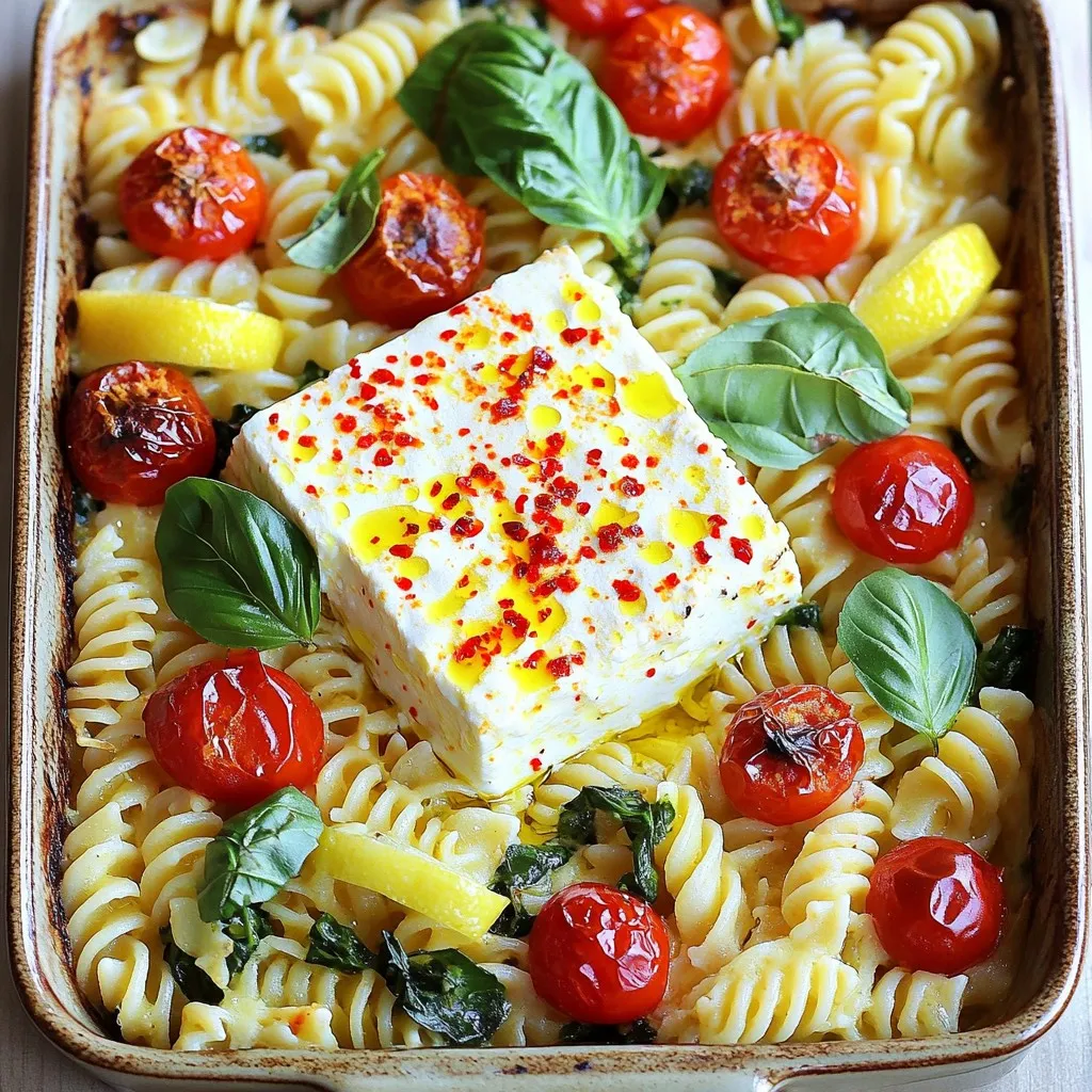 To make this dish, you need some key items. Here’s what you will need: - 250g pasta (fusilli or penne) - 200g block of feta cheese - 250g cherry tomatoes, halved - 3 cloves garlic, minced - 3 tablespoons olive oil - 1 teaspoon dried oregano - Salt and pepper to taste - Fresh basil leaves for garnish - Zest and juice of 1 lemon You can add more taste with these extras: - 1 teaspoon red chili flakes (for a spicy kick) - 1 cup baby spinach (for added greens) These options can help you customize the dish to your liking. If you don’t have an ingredient, here are some swaps: - Use any pasta shape you like. - You can try goat cheese if feta is not available. - Cherry tomatoes can be replaced with regular tomatoes, just chop them up. - For a milder flavor, skip the chili flakes. These substitutions will keep your dish tasty while using what you have at home. Start by gathering all your ingredients. You need pasta, feta, cherry tomatoes, garlic, and spices. Measure out 250g of your choice of pasta, like fusilli or penne. Next, grab a 200g block of feta cheese. Then, halve 250g of cherry tomatoes. Mince three cloves of garlic. Get your teaspoon ready for red chili flakes, olive oil, and dried oregano. Don't forget salt and pepper for taste. If you want greens, set aside 1 cup of baby spinach. Lastly, zest and juice one lemon for a fresh kick. Preheat your oven to 200°C (400°F). In a large baking dish, place the block of feta in the center. Surround the feta with the halved cherry tomatoes and minced garlic. Drizzle three tablespoons of olive oil over everything. Sprinkle on the red chili flakes, oregano, salt, and pepper. Toss the tomatoes slightly to mix the flavors. Bake this in the oven for about 25 to 30 minutes. Look for the feta to be soft and slightly golden, and the tomatoes to be blistered. While the feta and tomatoes bake, cook the pasta. Bring a large pot of salted water to a boil. Add the pasta and cook according to the package instructions. When it's done, save 1/2 cup of pasta water, then drain the rest. After baking, take the dish out of the oven. Add the cooked pasta directly to the baking dish. If you like, toss in the baby spinach for some added greens. Stir gently to combine everything, breaking the feta into a creamy sauce. If it seems dry, add reserved pasta water slowly until you reach the creaminess you want. Finally, mix in the lemon zest and juice to brighten the dish. Adjust the seasoning with salt and pepper as needed. Serve hot, topped with fresh basil leaves for a colorful finish. To get a creamy sauce, choose the right pasta. Fusilli or penne works best. Cook the pasta in salted water until al dente. This means it should still have a slight bite. When mixing, break the feta gently. This helps create a smooth sauce. If the sauce is too thick, add reserved pasta water a little at a time. The heat will help blend the flavors. Store leftover baked feta pasta in an airtight container. It stays fresh for up to three days in the fridge. When reheating, add a splash of water or olive oil. This keeps the pasta moist. Microwave it in short bursts, stirring in between. You can also reheat it on the stove over low heat. For a vegetarian option, this recipe already fits! If you want it gluten-free, use gluten-free pasta. For a dairy-free version, swap feta with tofu or a nut-based cheese. You can also reduce the oil if you're watching calories. Adjust the spices to suit your taste. Feel free to add more veggies like bell peppers or zucchini for extra nutrients. {{image_2}} You can easily make this dish vegetarian. Simply skip the meat and load up on veggies. Try adding zucchini, bell peppers, or mushrooms. These veggies add great flavor and texture. You can also toss in some artichoke hearts for a unique twist. They blend well with the creamy feta and sweet tomatoes. For a hearty meal, consider adding protein. Grilled chicken works well and adds a nice flavor. Cook it separately, then mix it into the baked feta pasta. Shrimp is another great option. Just sauté it briefly before adding. If you prefer plant-based options, tofu is a solid choice. Press and cube it, then bake it alongside the feta for a tasty addition. Spice up your dish with different herbs and spices. Fresh thyme or rosemary can add depth. For added heat, toss in more chili flakes or some diced jalapeños. You can also mix in olives or capers for a salty bite. Finally, a splash of balsamic vinegar can enhance the flavors beautifully. Experiment to find your favorite combo! To keep leftover baked feta pasta fresh, place it in an airtight container. Make sure to cool it to room temperature before sealing. This helps prevent moisture buildup. Store it in the fridge for up to three days. If you want to enjoy it later, consider freezing it. When it's time to reheat, use a microwave or oven. If using a microwave, heat in short bursts. Stir the pasta to warm it evenly. If using an oven, preheat it to 180°C (350°F). Place the pasta in an oven-safe dish and cover with foil. Heat for about 15-20 minutes until warm. You can add a splash of water or olive oil to keep it moist. You can freeze baked feta pasta for longer storage. Allow it to cool completely. Then, portion it into freezer-safe containers. Seal tightly to avoid freezer burn. It will last for about two months in the freezer. When you’re ready to eat, thaw it in the fridge overnight. Then reheat as mentioned above for the best flavor and texture. Any short pasta works great for this dish. I love fusilli or penne. They hold sauce well and mix nicely with the creamy feta. You can also try other shapes like rotini or farfalle. Just make sure to cook it until it's al dente for the best texture. Yes, you can use other cheeses like goat cheese or ricotta. These cheeses offer different flavors and textures. If you pick goat cheese, it will add a tangy taste. Ricotta will give a softer, creamier feel. Both options work well in this recipe. To add spice, use red chili flakes. Just one teaspoon gives a nice kick. If you want it spicier, feel free to add more. You can also add fresh jalapeños or even hot sauce for extra heat. Adjust the spice level to fit your taste. Absolutely! This recipe is great for meal prep. You can make it ahead and store it in the fridge. Just reheat it when you're ready to eat. The flavors will blend even more after a day. It stays tasty for about three days in the fridge. Yes, adding vegetables is a smart way to boost nutrition. You can toss in bell peppers, zucchini, or broccoli. Spinach is also a great option if you want greens. Just make sure to cook them a bit before mixing them in, so they are tender and flavorful. In summary, we explored baked feta pasta from ingredients to storage tips. You learned how to prep your ingredients, bake the feta, and create a creamy sauce. Variations allow for customization, whether you want it vegetarian or packed with protein. Remember to store leftovers properly and reheat for the best taste. This dish is easy to adapt to fit your diet. Enjoy making this delightful meal that is sure to impress!