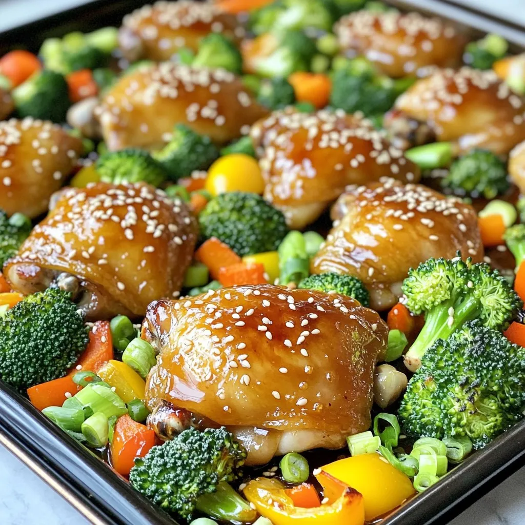 - 6 bone-in, skin-on chicken thighs - 1/3 cup honey - 1/4 cup low sodium soy sauce - 4 cloves garlic, minced - 1 tablespoon fresh ginger, grated - 1 tablespoon olive oil - 1 teaspoon sesame oil - 1 teaspoon dried thyme - Salt and pepper to taste - 2 cups mixed vegetables (e.g., broccoli florets, bell peppers, carrots) - Sesame seeds for garnish - Chopped green onions for garnish You need simple yet flavorful ingredients for this dish. The chicken thighs are juicy and tender. The honey gives a sweet touch. The soy sauce adds depth and salt. Fresh garlic and ginger bring bright flavors that make this meal pop. The mixed vegetables add color and nutrition. Choose vibrant options like broccoli, bell peppers, and carrots for the best look and taste. You can switch up the veggies based on what you have. For garnish, sesame seeds and chopped green onions add a nice finish. They give a bit of crunch and a burst of fresh flavor. Gather these ingredients, and you are ready to create a delightful meal. Cooking should be fun and tasty, and this dish is both! - Preheat the oven to 400°F (200°C). - Prepare the sheet pan with parchment paper. This makes cleanup easy. - In a medium bowl, whisk together: - 1/3 cup honey - 1/4 cup low sodium soy sauce - 4 cloves minced garlic - 1 tablespoon grated ginger - 1 tablespoon olive oil - 1 teaspoon sesame oil - 1 teaspoon dried thyme This mix brings sweet and salty flavors to your meal. - Pat the chicken thighs dry with paper towels. - Season both sides with salt and pepper. - Place the chicken thighs skin-side up on the pan. - Pour half of the honey garlic sauce over the chicken. Coat well. - Arrange 2 cups of mixed vegetables around the chicken. - Drizzle the remaining sauce over the veggies. - Bake in the preheated oven for 30-35 minutes. Cook until the chicken reaches 165°F. - For extra crispiness, broil for 2-3 minutes at the end. Watch closely to avoid burning. For crispy skin, start with dry chicken thighs. Pat them well with paper towels. This step removes moisture. Moisture makes skin soggy. A dry surface helps achieve that perfect crunch. Season the thighs with salt and pepper after drying. This adds flavor to every bite. You can easily adjust the sauce to suit your taste. If you like it sweeter, add more honey. For a saltier kick, increase the soy sauce. Want a spicy twist? Add a pinch of red pepper flakes. Mix and match these flavors until you find your favorite. Using seasonal vegetables can enhance your dish. In spring, try asparagus or snap peas. Summer favorites like zucchini and corn work well too. In fall, add Brussels sprouts or butternut squash. Winter calls for root veggies like carrots and parsnips. Choose what you love for a colorful plate. {{image_2}} You can switch chicken thighs for chicken breasts. Breasts cook faster and stay juicy. They work well in this dish. You can also try turkey thighs for a different taste. Just make sure they reach 165°F when cooked. You can cook this dish on the grill too. Grilling adds a smoky flavor you will love. Just marinate the chicken in the sauce first. If you have an air fryer, use it! Cook at 375°F for about 25 minutes. It gives the chicken a crispy skin and juicy inside. Want to boost the flavor? Try adding cayenne pepper for heat. You can also mix in smoked paprika for a rich, smoky taste. These spices add a new twist to the honey garlic sauce. Experiment with your favorites to find what you love! To store leftovers, let the chicken cool first. Place the chicken thighs and vegetables in an airtight container. This keeps them fresh and tasty. Store in the fridge for up to four days. Make sure the lid is tight to avoid odors. When you reheat, do it gently. Preheat your oven to 350°F (175°C). Place the chicken on a baking sheet. Cover it with foil to keep it moist. Heat for about 15-20 minutes. This keeps the chicken juicy and the skin crispy. You can freeze leftovers if you need to. Wrap each chicken thigh in plastic wrap. Then, place them in a freezer-safe bag. Squeeze out the air to prevent freezer burn. These can last for up to three months. To defrost, move them to the fridge overnight before reheating. To check if the chicken is cooked, use a meat thermometer. Insert it into the thickest part of the thigh. The chicken should reach 165°F (75°C). If you don't have a thermometer, look for clear juices when you cut it. The meat should no longer be pink. Yes, you can switch up the veggies! Try using zucchini, asparagus, or snap peas. You can also add sweet potatoes or green beans. Just make sure the veggies cook well with the chicken. Cut them into similar sizes for even cooking. Absolutely! To make this recipe gluten-free, use tamari instead of soy sauce. Tamari is a gluten-free soy sauce. You can also check for gluten-free honey garlic sauces at the store. Always read the labels to ensure they fit your needs. This recipe for honey garlic chicken thighs is simple and tasty. You learned about key ingredients, easy steps, and helpful tips. I shared storage advice and options for variations, too. With these ideas, you can enjoy this dish your way. Whether you add new veggies or switch proteins, your meal will shine. Now, it’s time to gather your ingredients and get cooking!