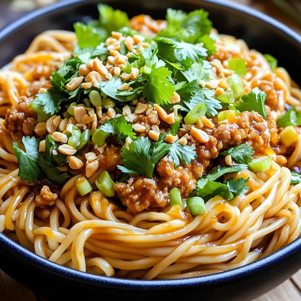 - 8 oz. fresh or dry wheat noodles - 2 tablespoons sesame paste (or tahini) - 1/2 lb. ground chicken or turkey (optional for protein) - 2 tablespoons soy sauce - 1 tablespoon rice vinegar - 1 tablespoon chili oil (adjust to taste) - 1 tablespoon minced garlic - 1 tablespoon minced ginger - 1/4 cup chopped scallions - 2 tablespoons chopped cilantro - Crushed peanuts for garnish - Salt and pepper to taste - Use soy curls or mushrooms for a vegan option. - Swap wheat noodles for rice noodles for a gluten-free choice. I love how simple yet packed with flavor these ingredients are. The wheat noodles form the base and soak up all the sauce. Sesame paste adds a nutty depth. Ground chicken or turkey gives protein, but you can skip it for a lighter dish. The seasonings bring everything to life. Soy sauce and rice vinegar create a perfect balance of salty and tangy. I like to adjust the chili oil based on how spicy I want it. Garlic and ginger add warmth and aroma. For garnishes, scallions and cilantro brighten the dish. The crushed peanuts add a nice crunch. If you want to make it vegan, use soy curls or mushrooms instead of meat. For gluten-free, rice noodles work well too. Enjoy making this dish your own! - Cook the wheat noodles according to the package. - Drain and rinse them under cold water. This stops the cooking. - Toss the noodles with a bit of sesame oil. This keeps them from sticking. - In a big bowl, whisk together sesame paste, soy sauce, rice vinegar, and chili oil. - Add sugar, minced garlic, and minced ginger. Mix until smooth. - Adjust the chili oil for your spice level. Start with less if you prefer milder flavors. - In a pan, cook the ground chicken or turkey over medium heat. - Brown the meat until it is fully cooked. - Season it with salt and pepper to bring out the flavor. - Add the cooked noodles to the sauce and toss well. - If the sauce is too thick, add a splash of water to thin it. - Divide the noodles into bowls and top with the cooked meat. - Garnish with chopped scallions, cilantro, and crushed peanuts for added crunch. Enjoy these tasty noodles right away! Using quality ingredients makes a big difference. Fresh wheat noodles shine in this dish. Opt for pure sesame paste or tahini for rich flavor. Soy sauce adds depth, while rice vinegar brings brightness. Balance spice and sweetness with care. Add just the right amount of chili oil for heat. A teaspoon of sugar softens the spice, making it perfect. Meal prep cuts down on cooking time. Cook extra noodles and sauce ahead of time. Store them separately in the fridge. When ready to eat, just reheat. Cooking in batches works well, too. You can double the recipe and freeze half. This way, you have a quick meal ready to go. Pair these noodles with simple sides like steamed veggies or a light salad. A cold drink, like iced tea or lemonade, complements the spice nicely. Adjust portion sizes based on hunger. Small bowls work well for light meals, while larger bowls satisfy bigger appetites. Enjoy your delicious creation! {{image_2}} For a tasty vegetarian twist, swap the ground chicken or turkey with mushrooms or tofu. Mushrooms add a rich, earthy flavor. Use shiitake or cremini for the best taste. Tofu gives you protein and absorbs the sauce well. Just press and cube it before cooking. Sauté it until golden for extra texture. To control the spice, adjust the chili oil in the sauce. Start with one tablespoon and taste. If you want more heat, add more oil a little at a time. You can also top your noodles with sliced jalapeños or crushed red pepper flakes. This lets you customize the heat to your liking. You can change up the noodles for different styles. Rice noodles work well and are gluten-free. They cook quickly and soak up the sauce nicely. Zucchini noodles are a great low-carb option. Spiralize fresh zucchini to create a healthy twist. Cook them just a little to keep the crunch. To store leftovers, let the noodles cool first. Place them in an airtight container. They stay fresh for about three days in the fridge. If you added meat, use it within two days for the best taste. To freeze cooked Dan Dan noodles, let them cool completely. Place them in a freezer-safe bag. Press out the air and seal tightly. They can last for up to three months. When ready, just thaw in the fridge overnight. When reheating, avoid the microwave if possible. Instead, warm the noodles in a pan over low heat. Add a splash of water to help them steam back to life. Stir gently until hot. This keeps them from becoming mushy and helps maintain their texture. Dan Dan noodles are a spicy dish from China. They come from Sichuan province. The dish has a rich history, dating back to the 19th century. Street vendors sold them from a pole, or "dan," which is where the name comes from. The noodles are often served with a spicy sauce made from sesame paste and chili oil. The mix of flavors makes them unique and loved worldwide. Yes, you can prepare some parts ahead of time. Cook the noodles and store them in the fridge. They stay fresh for about three days. You can make the sauce in advance too. Store it in an airtight container. When ready to eat, just heat the sauce and mix it with your noodles. This saves time for busy days. To add more heat, increase the chili oil in the sauce. You can also add crushed red pepper flakes. Another option is to mix in some fresh chopped jalapeños. Always taste as you go to find your perfect spice level. Enjoy the kick! Dan Dan noodles offer rich flavors and textures. We covered key ingredients like wheat noodles, sesame paste, and protein choices. We walked through each step, from cooking noodles to making sauce. You’ve learned tips for authentic taste, time savers, and variations to spice things up. In closing, experiment with these steps to find your favorite twist on Dan Dan noodles. Enjoy the process, and make it your own.