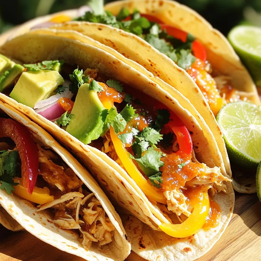 To make these tasty tacos, you need a few key items: - 1.5 lbs boneless, skinless chicken breasts - 1 cup sweet chili sauce - 1/4 cup soy sauce - 2 tablespoons honey - 2 cloves garlic, minced - 1 teaspoon ginger, grated - 1 red bell pepper, sliced - 1 yellow bell pepper, sliced - 1 small red onion, sliced - 1 tablespoon lime juice - Corn or flour tortillas These ingredients create a sweet and spicy flavor that makes the dish shine. To make your tacos even better, consider these garnishes: - Fresh cilantro, chopped - Lime wedges - Avocado slices These add freshness and a nice touch to your meal. When picking peppers and onions, look for vibrant colors. They should feel firm and heavy. Soft spots or wrinkles mean they are old. For lime, choose ones that feel heavy for their size. A fresh lime is juicy and bright. Check the cilantro for bright green leaves. Avoid yellowing or wilting. Fresh produce makes your tacos taste great! To start, take 1.5 pounds of boneless, skinless chicken breasts. Place them at the bottom of your slow cooker. In a bowl, mix 1 cup of sweet chili sauce, 1/4 cup of soy sauce, and 2 tablespoons of honey. Add 2 cloves of minced garlic and 1 teaspoon of grated ginger. Finally, pour in 1 tablespoon of lime juice. Stir the mix until it blends well. This sauce gives a sweet and tangy taste. Now, pour the sauce over the chicken in the slow cooker. Next, add sliced red and yellow bell peppers along with a sliced red onion on top of the chicken. Cover the slow cooker. Set it on low for 6 to 7 hours or on high for 3 to 4 hours. The chicken will become tender and easy to shred with a fork. Once the chicken is cooked, take it out of the slow cooker. Use two forks to shred it into bite-sized pieces. Return the shredded chicken to the slow cooker. Stir it well to mix with the sauce and vegetables. To serve, take warm corn or flour tortillas. Fill them with the shredded chicken mixture. Top with fresh cilantro and avocado slices if you like. Squeeze fresh lime juice on top for added flavor. Enjoy your delightful tacos! To get juicy chicken, follow these tips. First, use boneless, skinless chicken breasts. They cook evenly and stay moist. Also, do not overcook the chicken. Set your slow cooker to low for 6-7 hours. If you’re in a hurry, high for 3-4 hours works too. Always shred the chicken after cooking. This helps mix it with the sauce and veggies. You can play with flavors in this recipe. Try adding more garlic for a stronger taste. A splash of lime juice adds freshness. Want it spicy? Add sliced jalapeños or a dash of hot sauce. For a smoky flavor, sprinkle in some smoked paprika. You can also switch the sweet chili sauce for barbecue sauce for a different twist. A good slow cooker is key to this dish. Choose one with a timer for easy cooking. A 6-quart slow cooker is perfect for this recipe. Use a cutting board and a sharp knife for prep. Also, grab two forks for shredding the chicken. If you want to serve warm tortillas, a tortilla warmer is handy. {{image_2}} You can switch the chicken for other proteins. Try using turkey for a leaner meal. Pork also works well, adding a nice flavor. If you prefer beef, ground beef can be a tasty choice. Just cook it until browned before adding it to the slow cooker. Fish is another option; use firm types like salmon or cod. Make sure to adjust cooking times for each protein to keep it tender. For a vegetarian meal, use jackfruit as a meat substitute. It shreds nicely and absorbs flavors well. You can also use lentils or chickpeas for added protein. For a vegan version, replace honey with maple syrup or agave. Use vegetable broth instead of chicken broth to keep it plant-based. Serve the filling on warm corn or flour tortillas for a delicious vegan taco. To change the flavor, add spices like cumin or chili powder. These spices will give your dish a warm kick. You can also mix in fresh herbs like basil or mint for a fresh taste. If you want a tangy twist, add more lime juice or some orange juice. For a spicy kick, toss in sliced jalapeños or red pepper flakes. Adjust these flavors to match your taste and enjoy a unique taco experience! After your meal, store leftovers in an airtight container. This keeps the chicken moist and tasty. You can put it in the fridge for up to three days. Make sure to cool it down first. Divide the chicken and veggies to keep them fresh longer. To freeze leftovers, place the chicken mixture in a freezer bag. Squeeze out extra air before sealing. You can freeze it for up to three months. It’s a great way to save time for busy days. Just remember to label the bag with the date. When ready to eat, thaw the chicken mixture in the fridge overnight. For quick reheating, use a microwave-safe bowl. Heat it on high for about two minutes. Stir halfway through to warm it evenly. If you prefer, you can reheat it on the stove too. Just add a splash of water to keep it from drying out. Enjoy your tasty tacos again! Yes, you can use frozen chicken for this recipe. It’s easy and saves time. Just make sure to extend the cooking time. If you use frozen chicken, set your slow cooker on high for 4-5 hours. The chicken will still turn out tender and delicious. Just remember to check for doneness. Corn or flour tortillas both work great for these tacos. Corn tortillas have a nice flavor and texture. They are gluten-free and hold up well. Flour tortillas are soft and chewy, making them easy to fold. Choose what you like best! I often use a mix of both for variety. To make this recipe spicier, add sliced jalapeños to the slow cooker. You can also use spicy chili sauce instead of sweet chili sauce. Another option is to add red pepper flakes into the sauce mix. Start with a little and taste as you go. Adjust the heat to your liking! This blog post covered making yummy Slow Cooker Sweet Chili Chicken. We talked about key ingredients and how to prepare them. You learned step-by-step cooking tips, from chicken prep to final touches. I shared variations to suit your taste, plus storage tips for leftovers. Slow cooker meals are simple and fun to make. You can enjoy this dish any time. Get creative and make it your own! Your kitchen adventures will make every meal special.